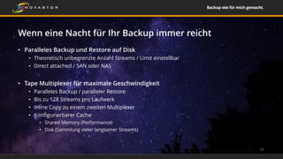 Wenn eine Nacht für Ihr Backup immer reicht
• Paralleles Backup und Restore auf Disk
• Theoretisch unbegrenzte Anzahl Streams / Limit einstellbar
• Direct attached / SAN oder NAS
• Tape Multiplexer für maximale Geschwindigkeit
• Paralleles Backup / paralleler Restore
• Bis zu 128 Streams pro Laufwerk
• Inline Copy zu einem zweiten Multiplexer
• Konfigurierbarer Cache
• Shared Memory (Performance)
• Disk (Sammlung vieler langsamer Streams)
24
 