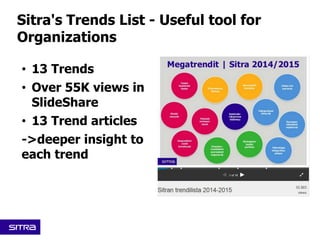 Sitra • Laura Halenius• 27.8.2015 • 12
• 13 Trends
• Over 55K views in
ݺߣShare
• 13 Trend articles
->deeper insight to
each trend
Sitra's Trends List - Useful tool for
Organizations
 