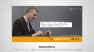 #marketingMOOC
27 Videos, 160.000 Klicks, 98% pos. Likes, Green-Screen-Technik, Annotation
 
