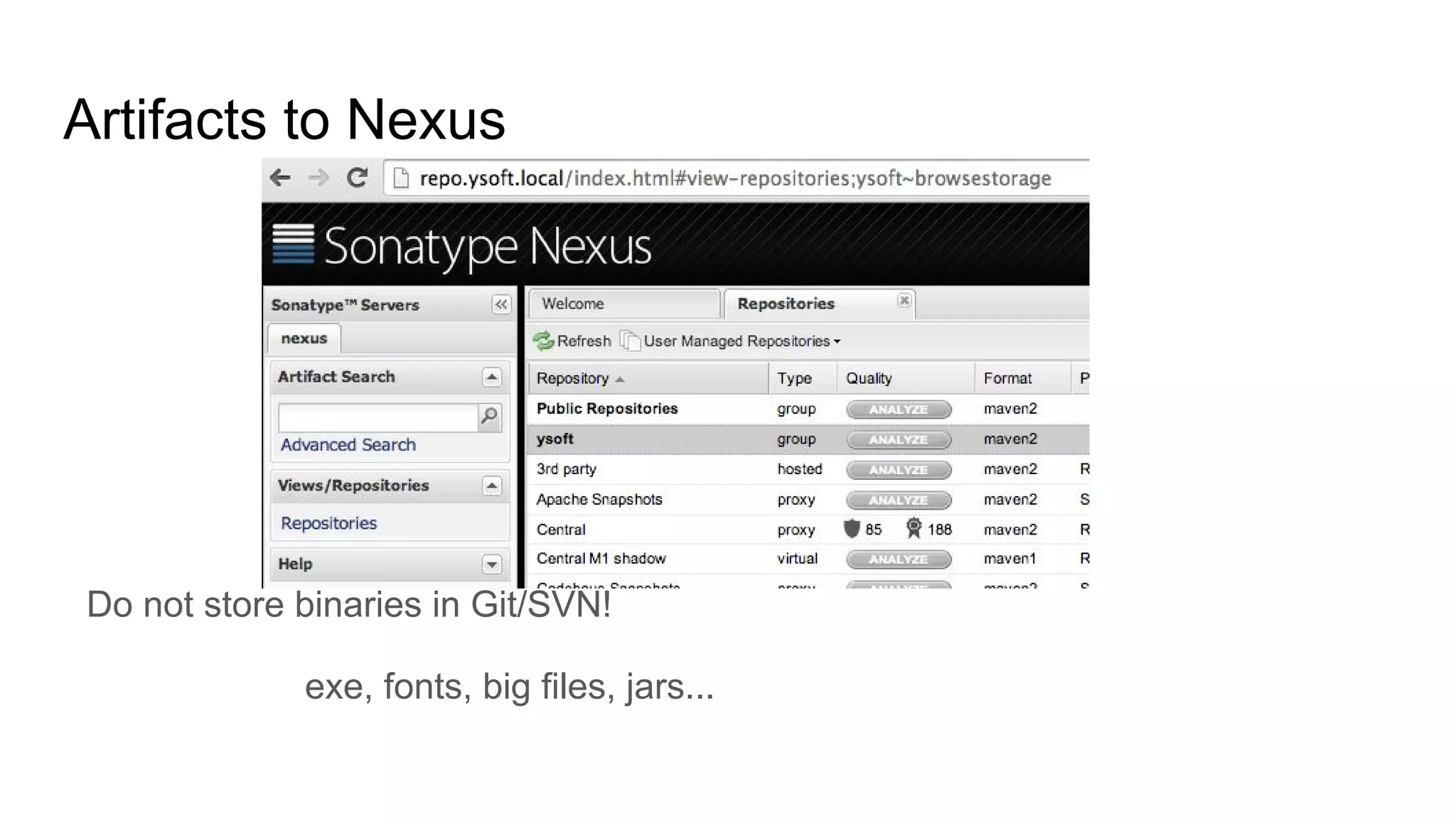 Artifacts to Nexus
Do not store binaries in Git/SVN!
exe, fonts, big files, jars...
 