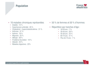 Population
La e-santé d’aujourd’hui, la santé de demain
•  10 maladies chroniques représentées
•  Diabète : 14 %
•  Hypertension artérielle : 29 %
•  Cholestérol – hypercholestérolémie : 31 %
•  Arthrose : 37 %
•  Asthme : 18 %
•  Migraine : 33 %
•  Allergie : 38 %
•  Problème thyroïdien : 18 %
•  Obésité : 20 %
•  Maladies digestives : 25%
•  50 % de femmes et 50 % d’hommes
•  Répartition par tranches d’âge :
•  18-29 ans : 7 %
•  30-44 ans : 28 %
•  45-59 ans : 33 %
•  60-74 ans : 31 %
•  Plus de 74 ans : 1 %
 