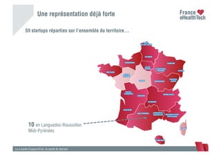59 startups réparties sur l’ensemble du territoire…
La e-santé d’aujourd’hui, la santé de demain
Une représentation déjà forte
10 en Languedoc-Roussillon
Midi-Pyrénées
 