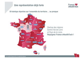 59 startups réparties sur l’ensemble du territoire… ou presque
La e-santé d’aujourd’hui, la santé de demain
29
1
1
3
3
3
10
2
2
3
2
Une représentation déjà forte
0
0 Startup des régions
Centre-Val de Loire
et Pays de la Loire,
Rejoignez France eHealthTech !
 