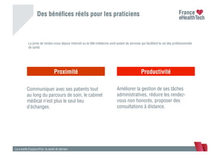 Des bénéﬁces réels pour les praticiens
La e-santé d’aujourd’hui, la santé de demain
Le carnet de santé
Proximité Productivité
Communiquer avec ses patients tout
au long du parcours de soin, le cabinet
médical n’est plus le seul lieu
d’échanges.
Améliorer la gestion de ses tâches
administratives, réduire les rendez-
vous non honorés, proposer des
consultations à distance.
La prise de rendez-vous depuis Internet ou la télé-médecine sont autant de services qui facilitent la vie des professionnels
de santé.
 