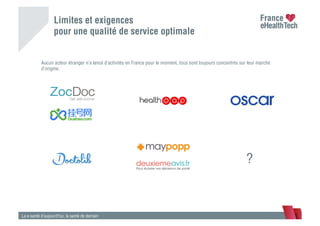 Limites et exigences
pour une qualité de service optimale
La e-santé d’aujourd’hui, la santé de demain
Le carnet de santé
Aucun acteur étranger n’a lancé d’activités en France pour le moment, tous sont toujours concentrés sur leur marché
d’origine.
?
 