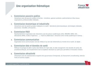 1.  Commission pouvoirs publics
Interactions avec les pouvoirs publics et les élus : ministères, agences sanitaires, parlementaires et élus locaux,
organisations professionnelles médicales…
2.  Commission économique et industrielle
Interactions avec les grands groupes impliqués en e-santé : laboratoires pharmaceutiques, technologies médicales,
assurances, mutuelles, prévoyances…
3.  Commission R&D
Représentativité et organisation des interactions avec les acteurs académiques (CHU, INSERM, CNRS, CEA…
laboratoires afﬁliés, écoles d’ingénieurs…) : mode de collaboration, interaction entre monde académique et startup…
4.  Commission communication
Organisation de la communication vers les médias et au sein des événements du monde de la e-santé, du digital…
5.  Commission data et données de santé
Réﬂexion et portage de celle-ci autour des thèmes de l’open data, du data management, des données de santé, des
procédures éthiques, de l’encadrement et de la souplesse nécessaire au cadre pour permettre à l’innovation d’éclore.
6.  Commission attractivité
Interactions avec les institutionnels et experts de la gouvernance d’entreprises, du ﬁnancement (crowdfunding, levée de
fonds et business angels)…
La e-santé d’aujourd’hui, la santé de demain
Une organisation thématique
 
