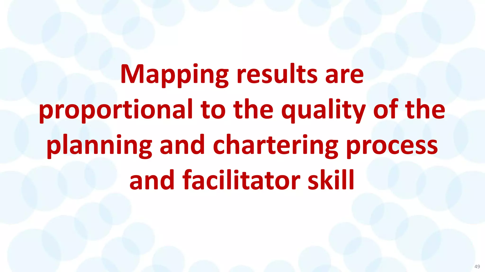 49
Mapping results are
proportional to the quality of the
planning and chartering process
and facilitator skill
 