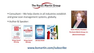  Consultant – We help clients in all industries establish
and grow Lean management systems, globally.
 Author & Speaker:
Karen Martin, President
The Karen Martin Group, Inc.
@karenmartinopex
2
www.ksmartin.com/subscribe
Shingo Award
Winning
Shingo Award
Winning
ON SALE NOW!
 