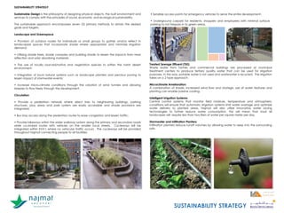 SUSTAINABILITY STRATEGY
Sustainable Design is the philosophy of designing physical objects, the built environment and
services to comply with the principles of social, economic and ecological sustainability.
The sustainable approach encompasses seven (5) primary methods to obtain the desired
goals and targets:
Landscape and Greenspace
• Provision of outdoor nodes for individuals or small groups to gather and/or reflect in
landscaped spaces that incorporate shade where appropriate and minimize irrigation
demand;
• Utilizing shade trees, shade canopies and building shade to lessen the impacts from heat
reflection and solar absorbing materials;
• The use of locally sourced/native and vegetation species to soften the harsh desert
environment;
• Integration of local natural systems such as landscape planters and pervious paving to
lessen impact of stormwater events;
• Increase micro-climate conditions through the creation of wind tunnels and allowing
breezes to flow freely through the development.
Circulation
• Provide a pedestrian network where direct links to neighboring buildings, parking
structures, play areas and park system are easily accessible and shade provisions are
integrated;
• Bus stop access along the pedestrian routes to ease congestion and lessen traffic;
• Provide bikeways within the wider walkway system along the primary and secondary roads
while co-shared routes with vehicles on the smaller local streets. Cycleways will be
integrated within EVA’s where no vehicular traffic occurs. The cycleways will be provided
throughout Najmat connecting people to all facilities;
• Sensible access points for emergency vehicles to serve the entire development;
• Underground carpark for residents, shoppers and employees with minimal surface
parking to not trespass in to green areas.
SUSTAINABILITY STRATEGY
Treated Sewage Effluent (TSE):
Waste water from homes and commercial buildings are processed at municipal
treatment centers to produce tertiary quality water that can be used for irrigation
purposes. In this way, potable water is not used and wastewater is recycled. The irrigation
takes on a 2 type approach.
Microclimate Amelioration:
A combination of shade, increased wind flow and strategic use of water features and
planting can enable passive cooling.
Intelligent Irrigation Systems:
Central control systems that monitor field moisture, temperature and atmospheric
conditions will ensure that automatic irrigation systems limit water wastage and optimize
water delivery to planted areas. Najmat will also utilize innovative water saving
technologies to further reduce water consumption. This will mean that most all
landscapes will require less than two liters of water per square meter per day.
Stormwater and Infiltration Planters:
Infiltration planters reduce runoff volumes by allowing water to seep into the surrounding
soils.
 