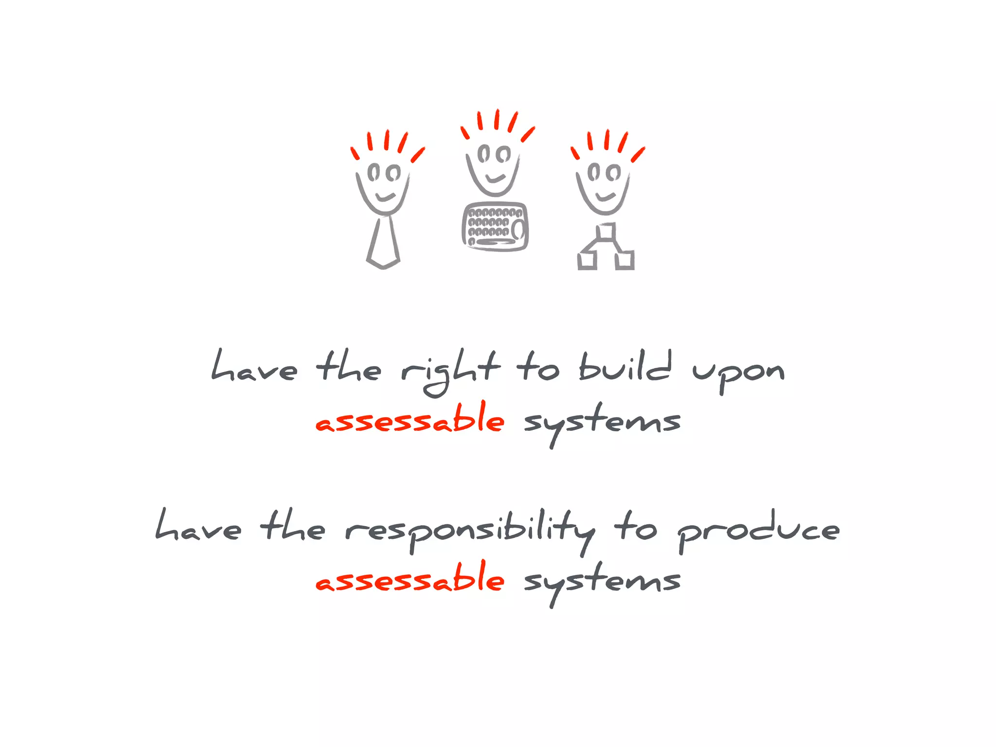 have the right to build upon
assessable systems
have the responsibility to produce
assessable systems
 