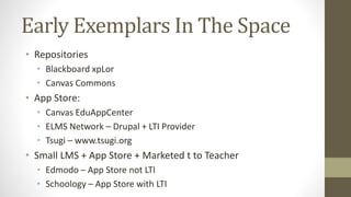 Early Exemplars In The Space
• Repositories
• Blackboard xpLor
• Canvas Commons
• App Store:
• Canvas EduAppCenter
• ELMS Network – Drupal + LTI Provider
• Tsugi – www.tsugi.org
• Small LMS + App Store + Marketed t to Teacher
• Edmodo – App Store not LTI
• Schoology – App Store with LTI
 