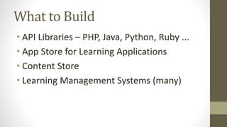 What to Build
• API Libraries – PHP, Java, Python, Ruby ...
• App Store for Learning Applications
• Content Store
• Learning Management Systems (many)
 