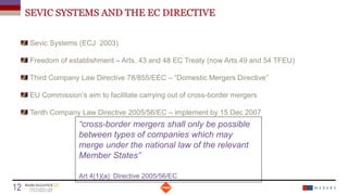 SEVIC SYSTEMS AND THE EC DIRECTIVE
Sevic Systems (ECJ 2003)
Freedom of establishment – Arts. 43 and 48 EC Treaty (now Arts.49 and 54 TFEU)
Third Company Law Directive 78/855/EEC – “Domestic Mergers Directive”
EU Commission’s aim to facilitate carrying out of cross-border mergers
Tenth Company Law Directive 2005/56/EC – implement by 15 Dec 2007
Date
12 Titre de la présentation
“cross-border mergers shall only be possible
between types of companies which may
merge under the national law of the relevant
Member States”
Art 4(1)(a) Directive 2005/56/EC
 