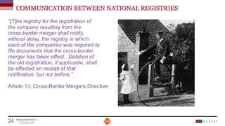 COMMUNICATION BETWEEN NATIONAL REGISTRIES
“[T]he registry for the registration of
the company resulting from the
cross-border merger shall notify,
without delay, the registry in which
each of the companies was required to
file documents that the cross-border
merger has taken effect. Deletion of
the old registration, if applicable, shall
be effected on receipt of that
notification, but not before.”
Article 13, Cross-Border Mergers Directive
Date
24 Titre de la présentation
 