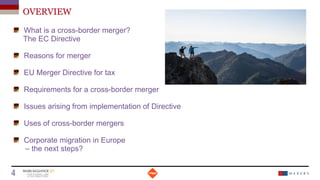 OVERVIEW
Date
4 Titre de la présentation
What is a cross-border merger?
The EC Directive
Reasons for merger
EU Merger Directive for tax
Requirements for a cross-border merger
Issues arising from implementation of Directive
Uses of cross-border mergers
Corporate migration in Europe
– the next steps?
 