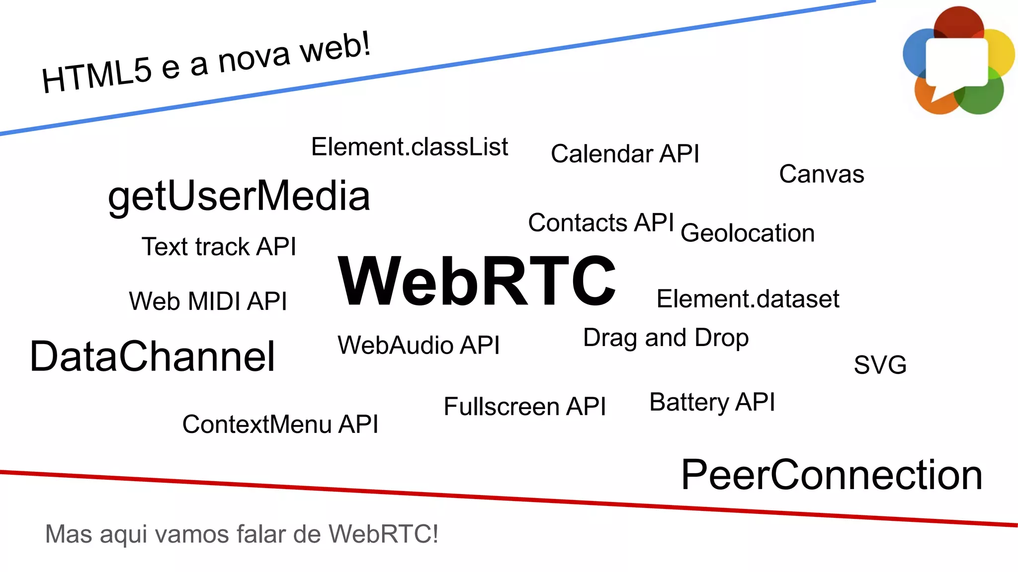 Mas aqui vamos falar de WebRTC!
getUserMedia
Text track API
Fullscreen API
Web MIDI API
WebAudio API
Contacts API
Calendar API
Geolocation
ContextMenu API
Element.dataset
Element.classList
Drag and Drop
WebRTC
HTML5 e a nova web!
Battery API
Canvas
SVGDataChannel
PeerConnection
 