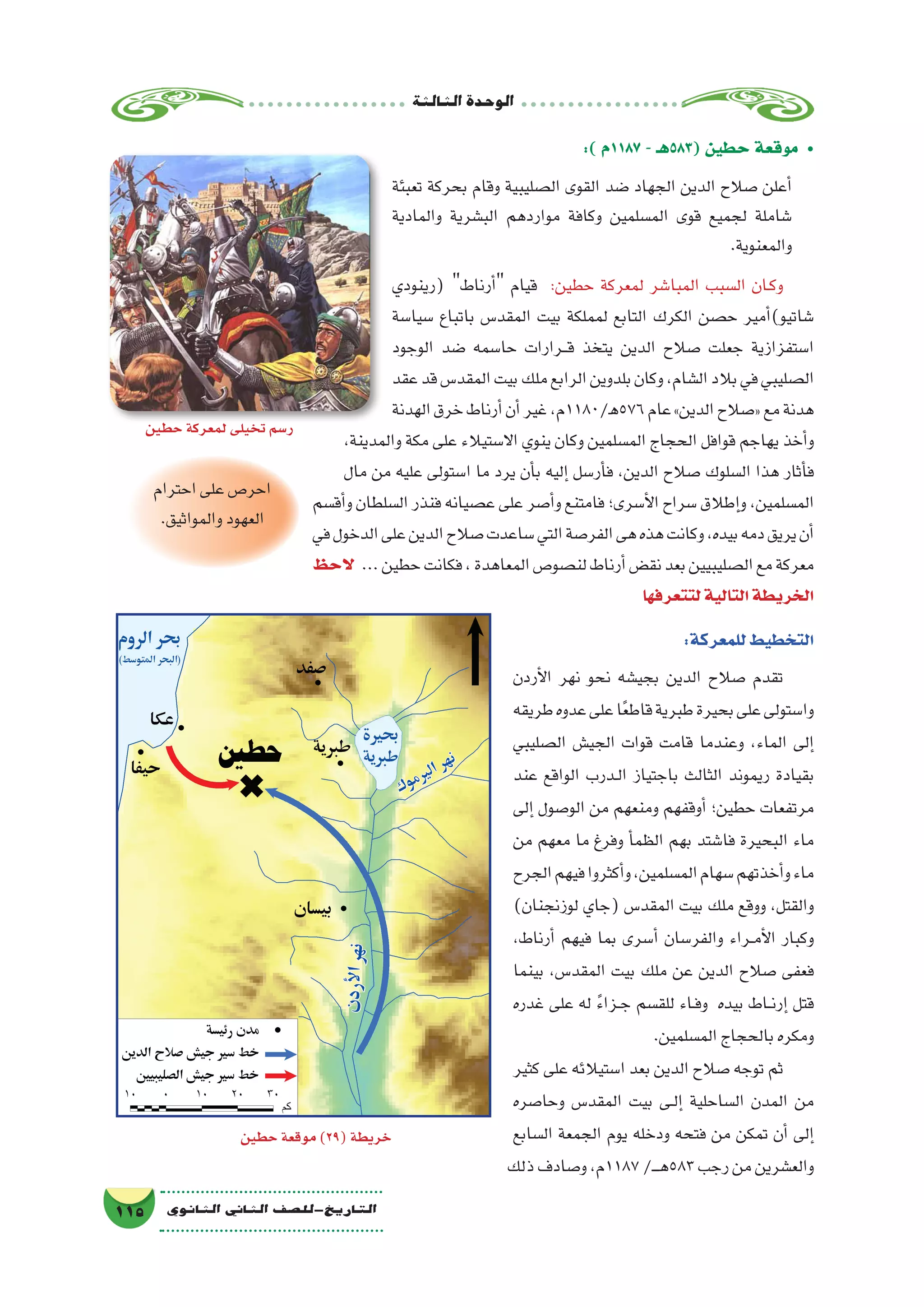 ‫الثالثة‬‫الوحدة‬
115 ‫الثانوي‬ ‫الثاين‬ ‫التاريخ-لل�صف‬
:) ‫7811م‬ - ‫(385هـ‬ ‫حطين‬ ‫موقعة‬ •
‫تعبئة‬ ‫بحركة‬ ‫وقام‬ ‫ال�صليبية‬ ‫القوى‬ ‫�ضد‬ ‫الجهاد‬ ‫الدين‬ ‫�صالح‬ ‫أعلن‬�
‫والمادية‬ ‫الب�شرية‬ ‫مواردهم‬ ‫وكافة‬ ‫الم�سلمين‬ ‫قوى‬ ‫لجميع‬ ‫�شاملة‬
.‫والمعنوية‬
‫(رينودي‬ ‫أرناط‬� ‫قيام‬ :‫حطين‬ ‫لمعركة‬ ‫المبا�شر‬ ‫ال�سبب‬ ‫��ان‬‫ك‬‫و‬
‫�سيا�سة‬ ‫باتباع‬ ‫المقد�س‬ ‫بيت‬ ‫لمملكة‬ ‫التابع‬ ‫الكرك‬ ‫ح�صن‬ ‫أمير‬�)‫�شاتيو‬
‫الوجود‬ ‫�ضد‬ ‫حا�سمه‬ ‫���رارات‬‫ق‬ ‫يتخذ‬ ‫الدين‬ ‫�صالح‬ ‫جعلت‬ ‫ا�ستفزازية‬
‫عقد‬‫قد‬‫المقد�س‬‫بيت‬‫ملك‬‫الرابع‬‫بلدوين‬‫وكان‬،‫ال�شام‬‫بالد‬‫في‬‫ال�صليبي‬
‫الهدنة‬‫خرق‬‫أرناط‬�‫أن‬�‫غير‬،‫675ﻫ/0811م‬‫عام‬»‫الدين‬‫«�صالح‬‫مع‬‫هدنة‬
،‫والمدينة‬ ‫مكة‬ ‫على‬ ‫اال�ستيالء‬ ‫ينوي‬ ‫وكان‬ ‫الم�سلمين‬ ‫الحجاج‬ ‫قوافل‬ ‫يهاجم‬ ‫أخذ‬�‫و‬
‫مال‬ ‫من‬ ‫عليه‬ ‫ا�ستولى‬ ‫ما‬ ‫يرد‬ ‫أن‬�‫ب‬ ‫إليه‬� ‫أر�سل‬�‫ف‬ ،‫الدين‬ ‫�صالح‬ ‫ال�سلوك‬ ‫هذا‬ ‫أثار‬�‫ف‬
‫أق�سم‬�‫و‬ ‫ال�سلطان‬ ‫فنذر‬ ‫ع�صيانه‬ ‫على‬ ‫أ�صر‬�‫و‬ ‫فامتنع‬ ‫أ�سرى؛‬‫ل‬‫ا‬ ‫�سراح‬ ‫إطالق‬�‫و‬ ،‫الم�سلمين‬
‫في‬‫الدخول‬‫على‬‫الدين‬‫�صالح‬‫�ساعدت‬‫التي‬‫الفر�صة‬‫هى‬‫هذه‬‫وكانت‬،‫بيده‬‫دمه‬‫يريق‬‫أن‬�
‫الحظ‬ ...‫حطين‬‫فكانت‬،‫المعاهدة‬‫لن�صو�ص‬‫أرناط‬�‫نق�ض‬‫بعد‬‫ال�صليبيين‬‫مع‬‫معركة‬
‫لتتعرفها‬‫التالية‬‫الخريطة‬
:‫للمعركة‬‫التخطيط‬
‫أردن‬‫ل‬‫ا‬ ‫نهر‬ ‫نحو‬ ‫بجي�شه‬ ‫الدين‬ ‫�صالح‬ ‫تقدم‬
‫طريقه‬‫عدوه‬‫على‬‫ا‬ً‫ع‬‫قاط‬‫طبرية‬‫بحيرة‬‫على‬‫وا�ستولى‬
‫ال�صليبي‬ ‫الجي�ش‬ ‫قوات‬ ‫قامت‬ ‫وعندما‬ ،‫الماء‬ ‫إلى‬�
‫عند‬ ‫الواقع‬ ‫��درب‬‫ل‬‫ا‬ ‫باجتياز‬ ‫الثالث‬ ‫ريموند‬ ‫بقيادة‬
‫إلى‬� ‫الو�صول‬ ‫من‬ ‫ومنعهم‬ ‫أوقفهم‬� ‫حطين؛‬ ‫مرتفعات‬
‫من‬ ‫معهم‬ ‫ما‬ ‫وفرغ‬ ‫أ‬�‫الظم‬ ‫بهم‬ ‫فا�شتد‬ ‫البحيرة‬ ‫ماء‬
‫الجرح‬‫فيهم‬‫أكثروا‬�‫و‬،‫الم�سلمين‬‫�سهام‬‫أخذتهم‬�‫و‬‫ماء‬
)‫لوزنجنان‬ ‫(جاي‬ ‫المقد�س‬ ‫بيت‬ ‫ملك‬ ‫ووقع‬ ,‫والقتل‬
،‫أرناط‬� ‫فيهم‬ ‫بما‬ ‫أ�سرى‬� ‫والفر�سان‬ ‫��راء‬‫م‬‫أ‬‫ل‬‫ا‬ ‫وكبار‬
‫بينما‬ ،‫المقد�س‬ ‫بيت‬ ‫ملك‬ ‫عن‬ ‫الدين‬ ‫�صالح‬ ‫فعفى‬
‫غدره‬ ‫على‬ ‫له‬ ً‫ء‬‫��زا‬‫ج‬ ‫للق�سم‬ ‫��اء‬‫ف‬‫و‬ ‫بيده‬ ‫��اط‬‫ن‬‫إر‬� ‫قتل‬
.‫الم�سلمين‬‫بالحجاج‬‫ومكره‬
‫كثير‬ ‫على‬ ‫ا�ستيالئه‬ ‫بعد‬ ‫الدين‬ ‫�صالح‬ ‫توجه‬ ‫ثم‬
‫وحا�صره‬ ‫المقد�س‬ ‫بيت‬ ‫��ى‬‫ل‬‫إ‬� ‫ال�ساحلية‬ ‫المدن‬ ‫من‬
‫ال�سابع‬ ‫الجمعة‬ ‫يوم‬ ‫ودخله‬ ‫فتحه‬ ‫من‬ ‫تمكن‬ ‫أن‬� ‫إلى‬�
‫ذلك‬‫و�صادف‬،‫7811م‬/‫ـ‬‫ـ‬‫ـ‬‫ه‬583‫رجب‬‫من‬‫والع�شرين‬
‫احترام‬‫على‬‫احر�ص‬
.‫والمواثيق‬‫العهود‬
‫حطين‬‫موقعة‬)29(‫خريطة‬
‫حطين‬‫لمعركة‬‫تخيلى‬‫ر�سم‬
 