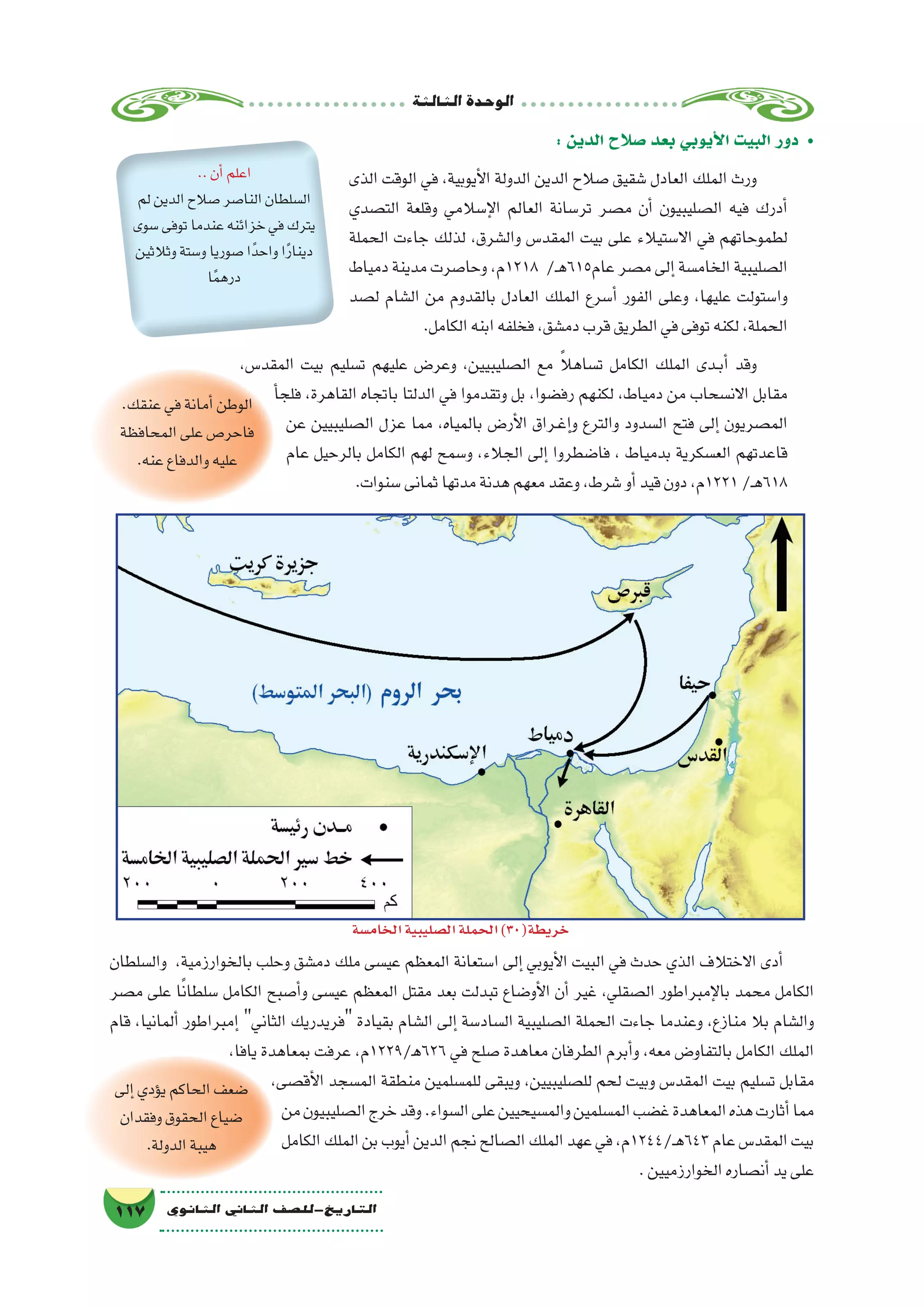 ‫الثالثة‬‫الوحدة‬
117 ‫الثانوي‬ ‫الثاين‬ ‫التاريخ-لل�صف‬
‫وال�سلطان‬ ،‫بالخوارزمية‬ ‫وحلب‬ ‫دم�شق‬ ‫ملك‬ ‫عي�سى‬ ‫المعظم‬ ‫ا�ستعانة‬ ‫إلى‬� ‫أيوبي‬‫ل‬‫ا‬ ‫البيت‬ ‫في‬ ‫حدث‬ ‫الذي‬ ‫االختالف‬ ‫أدى‬�
‫م�صر‬ ‫على‬ ‫ا‬ً‫ن‬‫�سلطا‬ ‫الكامل‬ ‫أ�صبح‬�‫و‬ ‫عي�سى‬ ‫المعظم‬ ‫مقتل‬ ‫بعد‬ ‫تبدلت‬ ‫أو�ضاع‬‫ل‬‫ا‬ ‫أن‬� ‫غير‬ ،‫ال�صقلي‬ ‫إمبراطور‬‫ل‬‫با‬ ‫محمد‬ ‫الكامل‬
‫قام‬ ،‫ألمانيا‬� ‫إمبراطور‬� ‫الثاني‬ ‫فريدريك‬ ‫بقيادة‬ ‫ال�شام‬ ‫إلى‬� ‫ال�ساد�سة‬ ‫ال�صليبية‬ ‫الحملة‬ ‫جاءت‬ ‫وعندما‬ ،‫منازع‬ ‫بال‬ ‫وال�شام‬
،‫يافا‬ ‫بمعاهدة‬ ‫عرفت‬ ،‫626ﻫ/9221م‬ ‫في‬ ‫�صلح‬ ‫معاهدة‬ ‫الطرفان‬ ‫أبرم‬�‫و‬ ،‫معه‬ ‫بالتفاو�ض‬ ‫الكامل‬ ‫الملك‬
،‫أق�صى‬‫ل‬‫ا‬ ‫الم�سجد‬ ‫منطقة‬ ‫للم�سلمين‬ ‫ويبقى‬ ،‫لل�صليبيين‬ ‫لحم‬ ‫وبيت‬ ‫المقد�س‬ ‫بيت‬ ‫ت�سليم‬ ‫مقابل‬
‫من‬‫ال�صليبيون‬‫خرج‬‫وقد‬.‫ال�سواء‬‫على‬‫والم�سيحيين‬‫الم�سلمين‬‫غ�ضب‬‫المعاهدة‬‫هذه‬‫أثارت‬�‫مما‬
‫الكامل‬‫الملك‬‫بن‬‫أيوب‬�‫الدين‬‫نجم‬‫ال�صالح‬‫الملك‬‫عهد‬‫في‬،‫ـ/4421م‬‫ه‬643‫عام‬‫المقد�س‬‫بيت‬
.‫الخوارزميين‬‫أن�صاره‬�‫يد‬‫على‬
: ‫الدين‬ ‫�صالح‬ ‫بعد‬ ‫أيوبي‬‫ل‬‫ا‬ ‫البيت‬ ‫دور‬ •
‫الذى‬ ‫الوقت‬ ‫في‬ ،‫أيوبية‬‫ل‬‫ا‬ ‫الدولة‬ ‫الدين‬ ‫�صالح‬ ‫�شقيق‬ ‫العادل‬ ‫الملك‬ ‫ورث‬
‫الت�صدي‬ ‫وقلعة‬ ‫إ�سالمي‬‫ل‬‫ا‬ ‫العالم‬ ‫تر�سانة‬ ‫م�صر‬ ‫أن‬� ‫ال�صليبيون‬ ‫فيه‬ ‫أدرك‬�
‫الحملة‬ ‫جاءت‬ ‫لذلك‬ ،‫وال�شرق‬ ‫المقد�س‬ ‫بيت‬ ‫على‬ ‫اال�ستيالء‬ ‫في‬ ‫لطموحاتهم‬
‫دمياط‬ ‫مدينة‬ ‫وحا�صرت‬ ،‫8121م‬ /‫ـ‬‫ه‬615‫عام‬ ‫م�صر‬ ‫إلى‬� ‫الخام�سة‬ ‫ال�صليبية‬
‫ل�صد‬ ‫ال�شام‬ ‫من‬ ‫بالقدوم‬ ‫العادل‬ ‫الملك‬ ‫أ�سرع‬� ‫الفور‬ ‫وعلى‬ ،‫عليها‬ ‫وا�ستولت‬
.‫الكامل‬‫ابنه‬‫فخلفه‬،‫دم�شق‬‫قرب‬‫الطريق‬‫في‬‫توفى‬‫لكنه‬،‫الحملة‬
،‫المقد�س‬ ‫بيت‬ ‫ت�سليم‬ ‫عليهم‬ ‫وعر�ض‬ ،‫ال�صليبيين‬ ‫مع‬ ً‫ال‬‫ت�ساه‬ ‫الكامل‬ ‫الملك‬ ‫��دى‬‫ب‬‫أ‬� ‫وقد‬
‫أ‬�‫فلج‬ ،‫القاهرة‬ ‫باتجاه‬ ‫الدلتا‬ ‫في‬ ‫وتقدموا‬ ‫بل‬ ،‫رف�ضوا‬ ‫لكنهم‬ ،‫دمياط‬ ‫من‬ ‫االن�سحاب‬ ‫مقابل‬
‫عن‬ ‫ال�صليبيين‬ ‫عزل‬ ‫مما‬ ،‫بالمياه‬ ‫أر�ض‬‫ل‬‫ا‬ ‫��راق‬‫غ‬‫إ‬�‫و‬ ‫والترع‬ ‫ال�سدود‬ ‫فتح‬ ‫إلى‬� ‫الم�صريون‬
‫عام‬ ‫بالرحيل‬ ‫الكامل‬ ‫لهم‬ ‫و�سمح‬ ،‫الجالء‬ ‫إلى‬� ‫فا�ضطروا‬ ، ‫بدمياط‬ ‫الع�سكرية‬ ‫قاعدتهم‬
.‫�سنوات‬‫ثمانى‬‫مدتها‬‫هدنة‬‫معهم‬‫وعقد‬،‫�شرط‬‫أو‬�‫قيد‬‫دون‬،‫1221م‬/‫ـ‬‫ه‬618
..‫أن‬�‫اعلم‬
‫لم‬‫الدين‬‫�صالح‬‫النا�صر‬‫ال�سلطان‬
‫�سوى‬‫توفى‬‫عندما‬‫خزائنه‬‫في‬‫يترك‬
‫وثالثين‬‫و�ستة‬‫�صوريا‬‫ا‬ً‫واحد‬‫ا‬ً‫ر‬‫دينا‬
‫ا‬ً‫م‬‫دره‬
.‫عنقك‬‫في‬‫أمانة‬�‫الوطن‬
‫المحافظة‬‫على‬‫فاحر�ص‬
.‫عنه‬‫والدفاع‬‫عليه‬
‫إلى‬�‫ؤدي‬�‫ي‬‫الحاكم‬‫�ضعف‬
‫وفقدان‬‫الحقوق‬‫�ضياع‬
.‫الدولة‬‫هيبة‬
‫الخام�سة‬‫ال�صليبية‬‫الحملة‬)30(‫خريطة‬
 