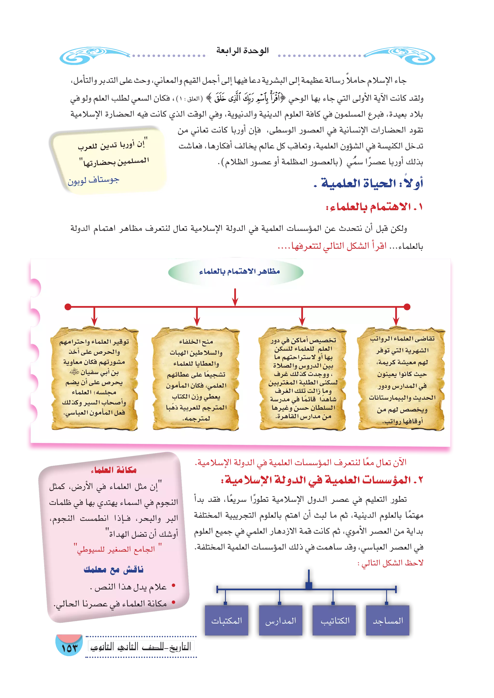‫الرابعة‬‫الوحدة‬
153 ‫الثانوي‬ ‫الثاين‬ ‫التاريخ-لل�صف‬
.‫إ�سالمية‬‫ل‬‫ا‬‫الدولة‬‫في‬‫العلمية‬‫ؤ�س�سات‬�‫الم‬‫لنتعرف‬‫ا‬ً‫ع‬‫م‬‫تعال‬‫آن‬‫ل‬‫ا‬
:‫إ�سالمية‬‫ل‬‫ا‬‫الدولة‬‫في‬‫العلمية‬‫ؤ�س�سات‬�‫الم‬.2
‫أ‬�‫بد‬ ‫فقد‬ ،‫ا‬ً‫ع‬‫�سري‬ ‫ا‬ً‫ر‬‫تطو‬ ‫إ�سالمية‬‫ل‬‫ا‬ ‫��دول‬‫ل‬‫ا‬ ‫ع�صر‬ ‫في‬ ‫التعليم‬ ‫تطور‬
‫المختلفة‬ ‫التجريبية‬ ‫بالعلوم‬ ‫اهتم‬ ‫أن‬� ‫لبث‬ ‫ما‬ ‫ثم‬ ،‫الدينية‬ ‫بالعلوم‬ ‫ا‬ً‫م‬‫مهت‬
‫العلوم‬ ‫جميع‬ ‫في‬ ‫العلمي‬ ‫االزدهار‬ ‫قمة‬ ‫كانت‬ ‫ثم‬ ،‫أموي‬‫ل‬‫ا‬ ‫الع�صر‬ ‫من‬ ‫بداية‬
.‫المختلفة‬‫العلمية‬‫ؤ�س�سات‬�‫الم‬‫ذلك‬‫في‬‫�ساهمت‬‫وقد‬،‫العبا�سي‬‫الع�صر‬‫في‬
:‫التالي‬‫ال�شكل‬‫الحظ‬
،‫أمل‬�‫والت‬‫التدبر‬‫على‬‫وحث‬،‫والمعاني‬‫القيم‬‫أجمل‬�‫إلى‬�‫فيها‬‫دعا‬‫الب�شرية‬‫إلى‬�‫عظيمة‬‫ر�سالة‬ ً‫ال‬‫حام‬‫إ�سالم‬‫ل‬‫ا‬‫جاء‬
‫في‬‫ولو‬‫العلم‬‫لطلب‬‫ال�سعي‬‫فكان‬ ،)1:‫(العلق‬ {‫ﭿ‬‫ﭾ‬‫ﭽ‬‫ﭼ‬‫ﭻ‬}‫الوحي‬‫بها‬‫جاء‬‫التي‬‫أولى‬‫ل‬‫ا‬‫آية‬‫ل‬‫ا‬‫كانت‬‫ولقد‬
‫إ�سالمية‬‫ل‬‫ا‬ ‫الح�ضارة‬ ‫فيه‬ ‫كانت‬ ‫الذي‬ ‫الوقت‬ ‫وفي‬ ،‫والدنيوية‬ ‫الدينية‬ ‫العلوم‬ ‫كافة‬ ‫في‬ ‫الم�سلمون‬ ‫فبرع‬ ،‫بعيدة‬ ‫بالد‬
‫من‬ ‫تعاني‬ ‫كانت‬ ‫أوربا‬� ‫إن‬�‫ف‬ ،‫الو�سطى‬ ‫الع�صور‬ ‫في‬ ‫إن�سانية‬‫ل‬‫ا‬ ‫الح�ضارات‬ ‫تقود‬
‫فعا�شت‬ ،‫أفكارها‬� ‫يخالف‬ ‫عالم‬ ‫كل‬ ‫وتعاقب‬ ،‫العلمية‬ ‫ؤون‬�‫ال�ش‬ ‫في‬ ‫الكني�سة‬ ‫تدخل‬
.)‫الظالم‬‫ع�صور‬‫أو‬�‫المظلمة‬‫(بالع�صور‬ ‫ي‬ُ‫م‬‫�س‬‫ا‬ً‫ر‬‫ع�ص‬‫أوربا‬�‫بذلك‬
.‫العلمية‬‫الحياة‬:ً‫ال‬‫أو‬�
:‫بالعلماء‬‫االهتمام‬.1
‫الدولة‬ ‫اهتمام‬ ‫مظاهر‬ ‫لنتعرف‬ ‫تعال‬ ‫إ�سالمية‬‫ل‬‫ا‬ ‫الدولة‬ ‫في‬ ‫العلمية‬ ‫ؤ�س�سات‬�‫الم‬ ‫عن‬ ‫نتحدث‬ ‫أن‬� ‫قبل‬ ‫ولكن‬
....‫لتتعرفها‬‫التالي‬‫ال�شكل‬‫أ‬�‫اقر‬...‫بالعلماء‬
‫�����ر‬‫ي‬�����‫غ‬�����‫ت‬
‫ال�شكل‬
‫الرواتب‬‫العلماء‬‫تقا�ضى‬
‫توفر‬‫التي‬‫ال�شهرية‬
،‫كريمة‬‫معي�شة‬‫لهم‬
‫يعينون‬‫كانوا‬‫حيث‬
‫ودور‬‫المدار�س‬‫في‬
‫والبيمار�ستانات‬‫الحديث‬
‫من‬‫لهم‬‫ويخ�ص�ص‬
.‫رواتب‬‫أوقافها‬�
‫دور‬‫في‬‫أماكن‬�‫تخ�صي�ص‬
‫لل�سكن‬‫للعلماء‬ ‫العلم‬
‫ما‬‫ال�ستراحتهم‬ ‫أو‬�‫بها‬
‫وال�صالة‬‫الدرو�س‬‫بين‬
‫غرف‬‫كذلك‬‫ووجدت‬،
‫المغتربين‬‫الطلبة‬‫ل�سكنى‬
‫الغرف‬‫تلك‬‫زالت‬‫وما‬
‫مدر�سة‬‫في‬‫ا‬ً‫م‬‫قائ‬ ‫ًا‬‫د‬‫�شاه‬
‫وغيرها‬‫ح�سن‬‫ال�سلطان‬
.‫القاهرة‬‫مدار�س‬‫من‬
‫الخلفاء‬‫منح‬
‫الهبات‬‫وال�سالطين‬
‫للعلماء‬‫والعطايا‬
‫عطائهم‬‫على‬‫ا‬ً‫ع‬‫ت�شجي‬
‫أمون‬�‫الم‬‫فكان‬،‫العلمي‬
‫الكتاب‬‫وزن‬‫يعطي‬
‫ًبا‬‫ه‬‫ذ‬‫للعربية‬‫المترجم‬
.‫لمترجمه‬
‫واحترامهم‬‫العلماء‬‫توقير‬
‫أخذ‬�‫على‬‫والحر�ص‬
‫معاوية‬‫فكان‬‫م�شورتهم‬
 ‫�سفيان‬‫أبي‬�‫بن‬
‫ي�ضم‬‫أن‬�‫على‬‫يحر�ص‬
‫العلماء‬‫مجل�سه؛‬
‫وكذلك‬‫ال�سير‬‫أ�صحاب‬�‫و‬
.‫العبا�سي‬‫أمون‬�‫الم‬‫فعل‬
‫بالعلماء‬‫االهتمام‬‫مظاهر‬
‫الم�ساجد‬‫الكتاتيب‬‫المدار�س‬‫المكتبات‬
‫رب‬‫للع‬ ‫ين‬‫تد‬ ‫ربا‬‫أو‬� ‫إن‬�
‫ها‬‫ارت‬‫�ض‬‫بح‬‫ين‬‫لم‬‫م�س‬‫ال‬
‫ون‬‫لوب‬‫ف‬‫ستا‬�‫و‬‫ج‬
‫العلماء‬ ‫مكانة‬
‫كمثل‬ ،‫أر�ض‬‫ل‬‫ا‬ ‫في‬ ‫العلماء‬ ‫مثل‬ ‫إن‬�
‫ظلمات‬ ‫في‬ ‫بها‬ ‫يهتدي‬ ‫ال�سماء‬ ‫في‬ ‫النجوم‬
،‫النجوم‬ ‫انطم�ست‬ ‫إذا‬����‫ف‬ ،‫والبحر‬ ‫البر‬
‫الهداة‬‫ت�ضل‬‫أن‬�‫أو�شك‬�
‫لل�سيوطي‬ ‫ال�صغير‬ ‫الجامع‬ 
‫معلمك‬ ‫مع‬ ‫ناق�ش‬
.‫الن�ص‬‫هذا‬‫يدل‬‫عالم‬ yy
.‫الحالي‬‫ع�صرنا‬‫في‬‫العلماء‬‫مكانة‬ yy
 
