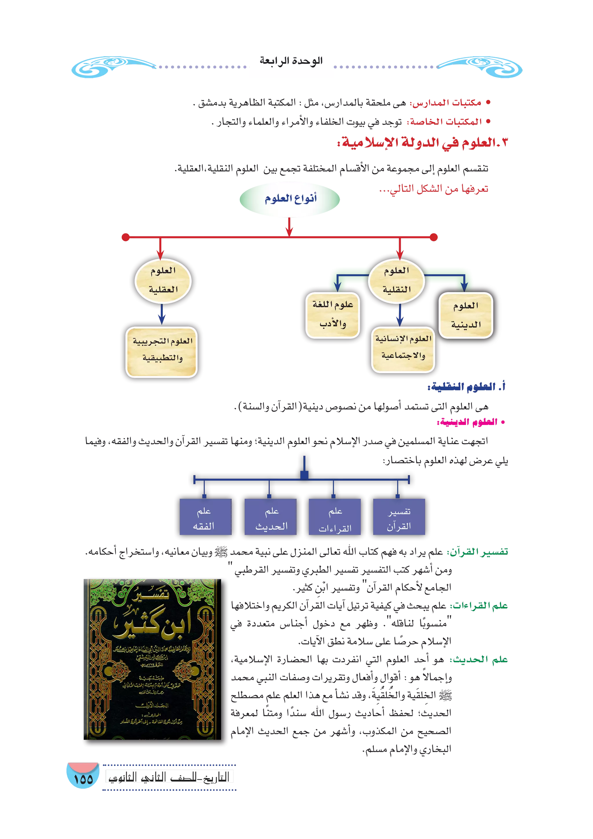 ‫الرابعة‬‫الوحدة‬
155 ‫الثانوي‬ ‫الثاين‬ ‫التاريخ-لل�صف‬
.‫بدم�شق‬‫الظاهرية‬‫المكتبة‬:‫مثل‬،‫بالمدار�س‬‫ملحقة‬‫هى‬:‫المدار�س‬ ‫مكتبات‬ •
.‫والتجار‬‫والعلماء‬‫أمراء‬‫ل‬‫وا‬‫الخلفاء‬‫بيوت‬‫في‬‫توجد‬ :‫الخا�صة‬ ‫المكتبات‬ •
:‫إ�سالمية‬‫ل‬‫ا‬‫الدولة‬‫في‬‫3.العلوم‬
.‫النقلية،العقلية‬‫العلوم‬ ‫بين‬‫تجمع‬‫المختلفة‬‫أق�سام‬‫ل‬‫ا‬‫من‬‫مجموعة‬‫إلى‬�‫العلوم‬‫تنق�سم‬
...‫التالي‬‫ال�شكل‬‫من‬‫تعرفها‬
:‫النقلية‬‫العلوم‬.‫أ‬�
.)‫وال�سنة‬‫آن‬�‫دينية(القر‬‫ن�صو�ص‬‫من‬‫أ�صولها‬�‫ت�ستمد‬‫التى‬‫العلوم‬‫هى‬
:‫الدينية‬ ‫العلوم‬ •
‫وفيما‬،‫والفقه‬‫والحديث‬‫آن‬�‫القر‬‫تف�سير‬‫ومنها‬‫الدينية؛‬‫العلوم‬‫نحو‬‫إ�سالم‬‫ل‬‫ا‬‫�صدر‬‫في‬‫الم�سلمين‬‫عناية‬‫اتجهت‬
:‫باخت�صار‬‫العلوم‬‫لهذه‬‫عر�ض‬‫يلي‬
.‫أحكامه‬�‫وا�ستخراج‬،‫معانيه‬‫وبيان‬‫ﷺ‬ ‫محمد‬‫نبية‬‫على‬‫المنزل‬‫تعالى‬‫اهلل‬‫كتاب‬‫فهم‬‫به‬‫يراد‬‫علم‬ :‫آن‬�‫القر‬‫تف�سير‬
‫القرطبي‬‫وتف�سير‬‫الطبري‬‫تف�سير‬‫التف�سير‬‫كتب‬‫أ�شهر‬�‫ومن‬
.‫كثير‬ ِ‫ن‬ْ‫ب‬‫ا‬‫وتف�سير‬‫آن‬�‫القر‬‫أحكام‬‫ل‬‫الجامع‬
‫واختالفها‬‫الكريم‬‫آن‬�‫القر‬‫آيات‬�‫ترتيل‬‫كيفية‬‫في‬‫يبحث‬‫علم‬:‫القراءات‬‫علم‬
‫في‬ ‫متعددة‬ ‫أجنا�س‬� ‫دخول‬ ‫مع‬ ‫وظهر‬ .‫لناقله‬ ‫ا‬ً‫ب‬‫من�سو‬
.‫آيات‬‫ل‬‫ا‬‫نطق‬‫�سالمة‬‫على‬‫ا‬ ً‫حر�ص‬‫إ�سالم‬‫ل‬‫ا‬
،‫إ�سالمية‬‫ل‬‫ا‬ ‫الح�ضارة‬ ‫بها‬ ‫انفردت‬ ‫التي‬ ‫العلوم‬ ‫أحد‬� ‫هو‬ :‫الحديث‬ ‫علم‬
‫محمد‬ ‫النبي‬ ‫و�صفات‬ ‫وتقريرات‬ ‫أفعال‬�‫و‬ ‫أقوال‬� : ‫هو‬ ً‫ال‬‫إجما‬�‫و‬
‫م�صطلح‬‫علم‬‫العلم‬‫هذا‬‫مع‬‫أ‬�‫ن�ش‬‫وقد‬،َ‫ة‬ِ‫ي‬ُ‫ق‬‫ل‬ ُ‫والخ‬‫ية‬َ‫ق‬‫ل‬ ِ‫الخ‬ ‫ﷺ‬
‫لمعرفة‬ ‫ا‬ً‫ن‬‫ومت‬ ‫ا‬ً‫�سند‬ ‫اهلل‬ ‫ر�سول‬ ‫أحاديث‬� ‫لحفظ‬ ‫الحديث؛‬
‫إمام‬‫ل‬‫ا‬ ‫الحديث‬ ‫جمع‬ ‫من‬ ‫أ�شهر‬�‫و‬ ،‫المكذوب‬ ‫من‬ ‫ال�صحيح‬
.‫م�سلم‬‫إمام‬‫ل‬‫وا‬‫البخاري‬
‫العلوم‬
‫الدينية‬
‫اللغة‬‫علوم‬
‫أدب‬‫ل‬‫وا‬
‫العلوم‬
‫النقلية‬
‫العلوم‬
‫العقلية‬
‫إن�سانية‬‫ل‬‫ا‬‫العلوم‬
‫واالجتماعية‬
‫التجريبية‬‫العلوم‬
‫والتطبيقية‬
‫العلوم‬‫أنواع‬�
‫تف�سير‬
‫آن‬�‫القر‬
‫علم‬
‫القراءات‬
‫علم‬
‫الحديث‬
‫علم‬
‫الفقه‬
 