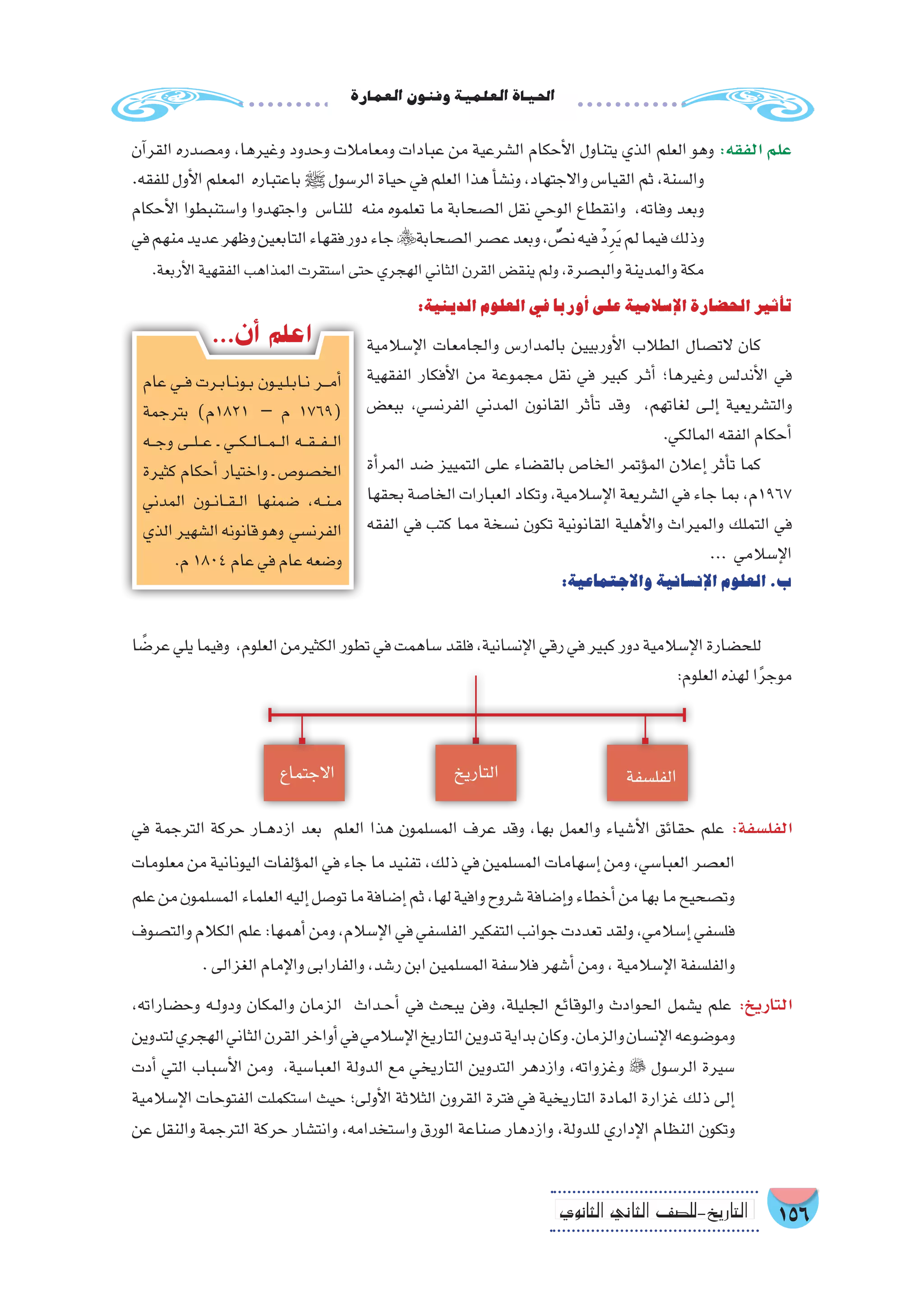 156‫الثانوي‬ ‫الثاين‬ ‫التاريخ-لل�صف‬
‫العمارة‬‫وفنون‬‫العلمية‬‫احلياة‬
‫آن‬�‫القر‬ ‫وم�صدره‬ ،‫وغيرها‬ ‫وحدود‬ ‫ومعامالت‬ ‫عبادات‬ ‫من‬ ‫ال�شرعية‬ ‫أحكام‬‫ل‬‫ا‬ ‫يتناول‬ ‫الذي‬ ‫العلم‬ ‫وهو‬ :‫الفقه‬ ‫علم‬
.‫للفقه‬‫أول‬‫ل‬‫ا‬‫المعلم‬ ‫باعتباره‬ ‫ﷺ‬ ‫الر�سول‬‫حياة‬‫في‬‫العلم‬‫هذا‬‫أ‬�‫ش‬�‫ون‬،‫واالجتهاد‬‫القيا�س‬‫ثم‬،‫وال�سنة‬
‫أحكام‬‫ل‬‫ا‬ ‫وا�ستنبطوا‬ ‫واجتهدوا‬ ‫للنا�س‬ ‫منه‬ ‫تعلموه‬ ‫ما‬ ‫ال�صحابة‬ ‫نقل‬ ‫الوحي‬ ‫وانقطاع‬ ،‫وفاته‬ ‫وبعد‬
‫في‬‫منهم‬‫عديد‬‫وظهر‬‫التابعين‬‫فقهاء‬‫دور‬‫جاء‬‫ال�صحابة‬‫ع�صر‬‫وبعد‬، ٌّ‫ن�ص‬‫فيه‬ ْ‫د‬ِ‫ر‬َ‫ي‬‫لم‬‫فيما‬‫وذلك‬
.‫أربعة‬‫ل‬‫ا‬‫الفقهية‬‫المذاهب‬‫ا�ستقرت‬‫حتى‬‫الهجري‬‫الثاني‬‫القرن‬‫ينق�ض‬‫ولم‬،‫والب�صرة‬‫والمدينة‬‫مكة‬
:‫الدينية‬‫العلوم‬‫في‬‫أوربا‬�‫على‬‫إ�سالمية‬‫ل‬‫ا‬‫الح�ضارة‬‫أثير‬�‫ت‬
‫إ�سالمية‬‫ل‬‫ا‬ ‫والجامعات‬ ‫بالمدار�س‬ ‫أوربيين‬‫ل‬‫ا‬ ‫الطالب‬ ‫الت�صال‬ ‫كان‬
‫الفقهية‬ ‫أفكار‬‫ل‬‫ا‬ ‫من‬ ‫مجموعة‬ ‫نقل‬ ‫في‬ ‫كبير‬ ‫�ر‬�‫ث‬‫أ‬� ‫وغيرها؛‬ ‫أندل�س‬‫ل‬‫ا‬ ‫في‬
‫ببع�ض‬ ،‫الفرن�سي‬ ‫المدني‬ ‫القانون‬ ‫أثر‬�‫ت‬ ‫وقد‬ ،‫لغاتهم‬ ‫�ى‬�‫ل‬‫إ‬� ‫والت�شريعية‬
.‫المالكي‬‫الفقه‬‫أحكام‬�
‫أة‬�‫المر‬ ‫�ضد‬ ‫التمييز‬ ‫على‬ ‫بالق�ضاء‬ ‫الخا�ص‬ ‫ؤتمر‬�‫الم‬ ‫إعالن‬� ‫أثر‬�‫ت‬ ‫كما‬
‫بحقها‬‫الخا�صة‬‫العبارات‬‫وتكاد‬،‫إ�سالمية‬‫ل‬‫ا‬‫ال�شريعة‬‫في‬‫جاء‬‫بما‬،‫7691م‬
‫الفقه‬ ‫في‬ ‫كتب‬ ‫مما‬ ‫ن�سخة‬ ‫تكون‬ ‫القانونية‬ ‫أهلية‬‫ل‬‫وا‬ ‫والميراث‬ ‫التملك‬ ‫في‬
... ‫إ�سالمي‬‫ل‬‫ا‬
:‫واالجتماعية‬‫إن�سانية‬‫ل‬‫ا‬‫العلوم‬.‫ب‬
‫عام‬ ‫�ي‬�‫ف‬ ‫�رت‬�‫ب‬‫�ا‬�‫ن‬‫�و‬�‫ب‬ ‫�ون‬�‫ي‬��‫ل‬��‫ب‬‫�ا‬�‫ن‬ ‫�ر‬��‫م‬‫أ‬�
‫بترجمة‬ )‫1281م‬ – ‫م‬ 1769(
‫�ه‬��‫ج‬‫و‬ ‫�ى‬��‫ل‬���‫ع‬ ‫ـ‬ ‫�ي‬��‫ك‬���‫ل‬‫�ا‬��‫م‬���‫ل‬‫ا‬ ‫�ه‬��‫ق‬���‫ف‬���‫ل‬‫ا‬
‫كثيرة‬ ‫أحكام‬� ‫واختيار‬ ‫ـ‬ ‫الخ�صو�ص‬
‫المدني‬ ‫�ون‬�‫ن‬‫�ا‬�‫ق‬��‫ل‬‫ا‬ ‫�ضمنها‬ ،‫�ه‬�‫ن‬��‫م‬
‫الذي‬‫ال�شهير‬‫قانونه‬‫وهو‬ ‫الفرن�سي‬
.‫م‬1804‫عام‬‫في‬‫عام‬‫و�ضعه‬
...‫أن‬� ‫اعلم‬
‫ا‬ ً‫عر�ض‬‫يلي‬‫وفيما‬ ،‫العلوم‬‫الكثيرمن‬‫تطور‬‫في‬‫�ساهمت‬‫فلقد‬،‫إن�سانية‬‫ل‬‫ا‬‫رقي‬‫في‬‫كبير‬‫دور‬‫إ�سالمية‬‫ل‬‫ا‬‫للح�ضارة‬
:‫العلوم‬‫لهذه‬‫ا‬ً‫ر‬‫موج‬
‫في‬ ‫الترجمة‬ ‫حركة‬ ‫�ار‬�‫ه‬‫ازد‬ ‫بعد‬ ‫العلم‬ ‫هذا‬ ‫الم�سلمون‬ ‫عرف‬ ‫وقد‬ ،‫بها‬ ‫والعمل‬ ‫أ�شياء‬‫ل‬‫ا‬ ‫حقائق‬ ‫علم‬ :‫الفل�سفة‬
‫معلومات‬ ‫من‬ ‫اليونانية‬‫ؤلفات‬�‫الم‬ ‫في‬ ‫جاء‬ ‫ما‬ ‫تفنيد‬ ،‫ذلك‬ ‫في‬ ‫الم�سلمين‬‫إ�سهامات‬� ‫ومن‬ ،‫العبا�سي‬‫الع�صر‬
‫علم‬‫من‬‫الم�سلمون‬‫العلماء‬‫إليه‬�‫تو�صل‬‫ما‬‫إ�ضافة‬�‫ثم‬،‫لها‬‫وافية‬‫�شروح‬‫إ�ضافة‬�‫و‬‫أخطاء‬�‫من‬‫بها‬‫ما‬‫وت�صحيح‬
‫والت�صوف‬‫الكالم‬‫علم‬:‫أهمها‬�‫ومن‬،‫إ�سالم‬‫ل‬‫ا‬‫في‬‫الفل�سفي‬‫التفكير‬‫جوانب‬‫تعددت‬‫ولقد‬،‫إ�سالمي‬�‫فل�سفي‬
.‫الغزالى‬‫إمام‬‫ل‬‫وا‬‫والفارابى‬،‫ر�شد‬‫ابن‬‫الم�سلمين‬‫فال�سفة‬‫أ�شهر‬�‫ومن‬،‫إ�سالمية‬‫ل‬‫ا‬‫والفل�سفة‬
،‫وح�ضاراته‬ ‫�ه‬�‫ل‬‫ودو‬ ‫والمكان‬ ‫الزمان‬ ‫�داث‬�‫ح‬‫أ‬� ‫في‬ ‫يبحث‬ ‫وفن‬ ،‫الجليلة‬ ‫والوقائع‬ ‫الحوادث‬ ‫ي�شمل‬ ‫علم‬ :‫التاريخ‬
‫لتدوين‬‫الهجري‬‫الثاني‬‫القرن‬‫أواخر‬�‫في‬‫إ�سالمي‬‫ل‬‫ا‬‫التاريخ‬‫تدوين‬‫بداية‬‫وكان‬.‫والزمان‬‫إن�سان‬‫ل‬‫ا‬‫ومو�ضوعه‬
‫أدت‬� ‫التي‬ ‫أ�سباب‬‫ل‬‫ا‬ ‫ومن‬ ،‫العبا�سية‬ ‫الدولة‬ ‫مع‬ ‫التاريخي‬ ‫التدوين‬ ‫وازدهر‬ ،‫وغزواته‬  ‫الر�سول‬ ‫�سيرة‬
‫إ�سالمية‬‫ل‬‫ا‬ ‫الفتوحات‬ ‫ا�ستكملت‬ ‫حيث‬ ‫أولى؛‬‫ل‬‫ا‬ ‫الثالثة‬ ‫القرون‬ ‫فترة‬ ‫في‬ ‫التاريخية‬ ‫المادة‬ ‫غزارة‬ ‫ذلك‬ ‫إلى‬�
‫عن‬ ‫والنقل‬ ‫الترجمة‬ ‫حركة‬ ‫وانت�شار‬ ،‫وا�ستخدامه‬ ‫الورق‬ ‫�صناعة‬ ‫وازدهار‬ ،‫للدولة‬ ‫إداري‬‫ل‬‫ا‬ ‫النظام‬ ‫وتكون‬
‫التاريخ‬ ‫الفل�سفة‬‫االجتماع‬
 