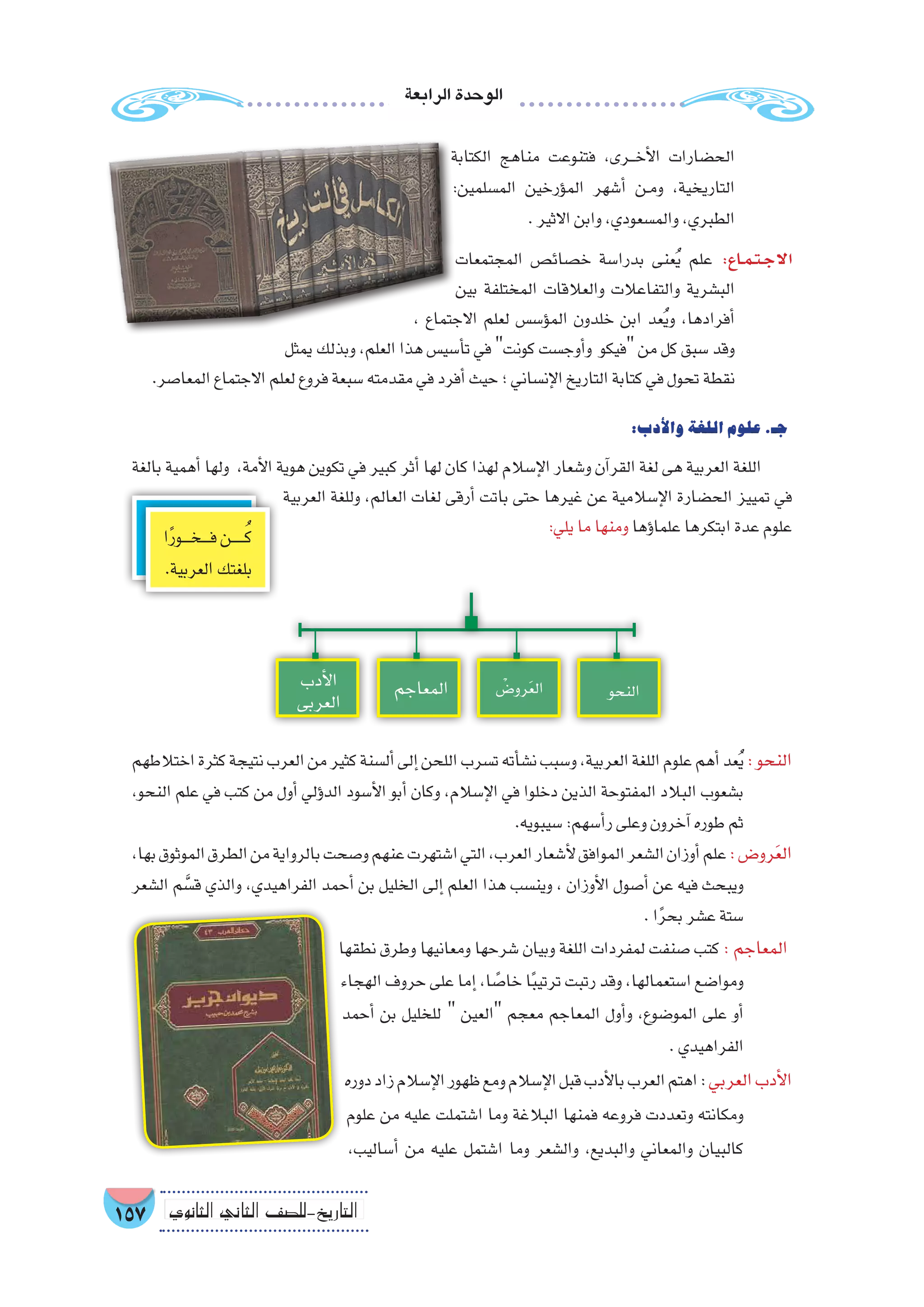 ‫الرابعة‬‫الوحدة‬
157 ‫الثانوي‬ ‫الثاين‬ ‫التاريخ-لل�صف‬
‫الكتابة‬ ‫مناهج‬ ‫فتنوعت‬ ،‫���رى‬‫خ‬‫أ‬‫ل‬‫ا‬ ‫الح�ضارات‬
:‫الم�سلمين‬ ‫ؤرخين‬�‫الم‬ ‫أ�شهر‬� ‫��ن‬‫م‬‫و‬ ،‫التاريخية‬
.‫االثير‬‫وابن‬،‫والم�سعودي‬،‫الطبري‬
‫المجتمعات‬ ‫خ�صائ�ص‬ ‫بدرا�سة‬ ‫عنى‬ُ‫ي‬ ‫علم‬ :‫�اع‬�‫م‬��‫ت‬��‫ج‬‫اال‬
‫بين‬ ‫المختلفة‬ ‫والعالقات‬ ‫والتفاعالت‬ ‫الب�شرية‬
، ‫االجتماع‬ ‫لعلم‬ ‫ؤ�س�س‬�‫الم‬ ‫خلدون‬ ‫ابن‬ ‫عد‬ُ‫ي‬‫و‬ ،‫أفرادها‬�
‫يمثل‬ ‫وبذلك‬ ،‫العلم‬ ‫هذا‬ ‫أ�سي�س‬�‫ت‬ ‫في‬ ‫كونت‬ ‫أوج�ست‬�‫و‬ ‫فيكو‬ ‫من‬ ‫كل‬ ‫�سبق‬ ‫وقد‬
.‫المعا�صر‬‫االجتماع‬‫لعلم‬‫فروع‬‫�سبعة‬‫مقدمته‬‫في‬‫أفرد‬�‫حيث‬‫؛‬‫إن�ساني‬‫ل‬‫ا‬‫التاريخ‬‫كتابة‬‫في‬‫تحول‬‫نقطة‬
:‫أدب‬‫ل‬‫وا‬‫اللغة‬‫علوم‬.‫جـ‬
‫بالغة‬ ‫أهمية‬� ‫ولها‬ ،‫أمة‬‫ل‬‫ا‬ ‫هوية‬ ‫تكوين‬ ‫في‬ ‫كبير‬ ‫أثر‬� ‫لها‬ ‫كان‬ ‫لهذا‬ ‫إ�سالم‬‫ل‬‫ا‬ ‫و�شعار‬ ‫آن‬�‫القر‬ ‫لغة‬ ‫هى‬ ‫العربية‬ ‫اللغة‬
‫العربية‬ ‫وللغة‬ ،‫العالم‬ ‫لغات‬ ‫أرقى‬� ‫باتت‬ ‫حتى‬ ‫غيرها‬ ‫عن‬ ‫إ�سالمية‬‫ل‬‫ا‬ ‫الح�ضارة‬ ‫تمييز‬ ‫في‬
:‫يلي‬‫ما‬‫ومنها‬‫ؤها‬�‫علما‬‫ابتكرها‬‫عدة‬‫علوم‬
‫اختالطهم‬‫كثرة‬‫نتيجة‬‫العرب‬‫من‬‫كثير‬‫أل�سنة‬�‫إلى‬�‫اللحن‬‫ت�سرب‬‫أته‬�‫ن�ش‬‫و�سبب‬،‫العربية‬‫اللغة‬‫علوم‬‫أهم‬�‫عد‬ُ‫ي‬:‫النحو‬
،‫النحو‬ ‫علم‬ ‫في‬ ‫كتب‬ ‫من‬ ‫أول‬� ‫ؤلي‬�‫الد‬ ‫أ�سود‬‫ل‬‫ا‬ ‫أبو‬� ‫وكان‬ ،‫إ�سالم‬‫ل‬‫ا‬ ‫في‬ ‫دخلوا‬ ‫الذين‬ ‫المفتوحة‬ ‫البالد‬ ‫ب�شعوب‬
.‫�سيبويه‬:‫أ�سهم‬�‫ر‬‫وعلى‬‫آخرون‬�‫طوره‬‫ثم‬
،‫بها‬‫الموثوق‬‫الطرق‬‫من‬‫بالرواية‬‫و�صحت‬‫عنهم‬‫ا�شتهرت‬‫التي‬،‫العرب‬‫أ�شعار‬‫ل‬‫الموافق‬‫ال�شعر‬‫أوزان‬�‫علم‬:‫رو�ض‬َ‫ع‬‫ال‬
‫ال�شعر‬ ‫م‬ َّ‫ق�س‬ ‫والذي‬ ،‫الفراهيدي‬ ‫أحمد‬� ‫بن‬ ‫الخليل‬ ‫إلى‬� ‫العلم‬ ‫هذا‬ ‫وين�سب‬ ، ‫أوزان‬‫ل‬‫ا‬ ‫أ�صول‬� ‫عن‬ ‫فيه‬ ‫ويبحث‬
.‫ا‬ً‫ر‬‫بح‬‫ع�شر‬‫�ستة‬
‫نطقها‬ ‫وطرق‬ ‫ومعانيها‬ ‫�شرحها‬ ‫وبيان‬ ‫اللغة‬ ‫لمفردات‬ ‫�صنفت‬ ‫كتب‬ : ‫المعاجم‬
‫الهجاء‬ ‫حروف‬ ‫على‬ ‫إما‬� ،‫ا‬ ً‫خا�ص‬ ‫ا‬ً‫ب‬‫ترتي‬ ‫رتبت‬ ‫وقد‬ ،‫ا�ستعمالها‬ ‫وموا�ضع‬
‫أحمد‬� ‫بن‬ ‫للخليل‬  ‫العين‬ ‫معجم‬ ‫المعاجم‬ ‫أول‬�‫و‬ ،‫المو�ضوع‬ ‫على‬ ‫أو‬�
.‫الفراهيدي‬
‫دوره‬‫زاد‬‫إ�سالم‬‫ل‬‫ا‬‫ظهور‬‫ومع‬‫إ�سالم‬‫ل‬‫ا‬‫قبل‬‫أدب‬‫ل‬‫با‬‫العرب‬‫اهتم‬:‫العربي‬‫أدب‬‫ل‬‫ا‬
‫علوم‬ ‫من‬ ‫عليه‬ ‫ا�شتملت‬ ‫وما‬ ‫البالغة‬ ‫فمنها‬ ‫فروعه‬ ‫وتعددت‬ ‫ومكانته‬
،‫أ�ساليب‬� ‫من‬ ‫عليه‬ ‫ا�شتمل‬ ‫وما‬ ‫وال�شعر‬ ،‫والبديع‬ ‫والمعاني‬ ‫كالبيان‬
‫ا‬ً‫ر‬‫����و‬‫خ‬����‫ف‬‫������ن‬ُ‫ك‬
.‫العربية‬‫بلغتك‬
‫النحو‬ْ‫رو�ض‬َ‫ع‬‫ال‬‫المعاجم‬‫أدب‬‫ل‬‫ا‬
‫العربى‬
 