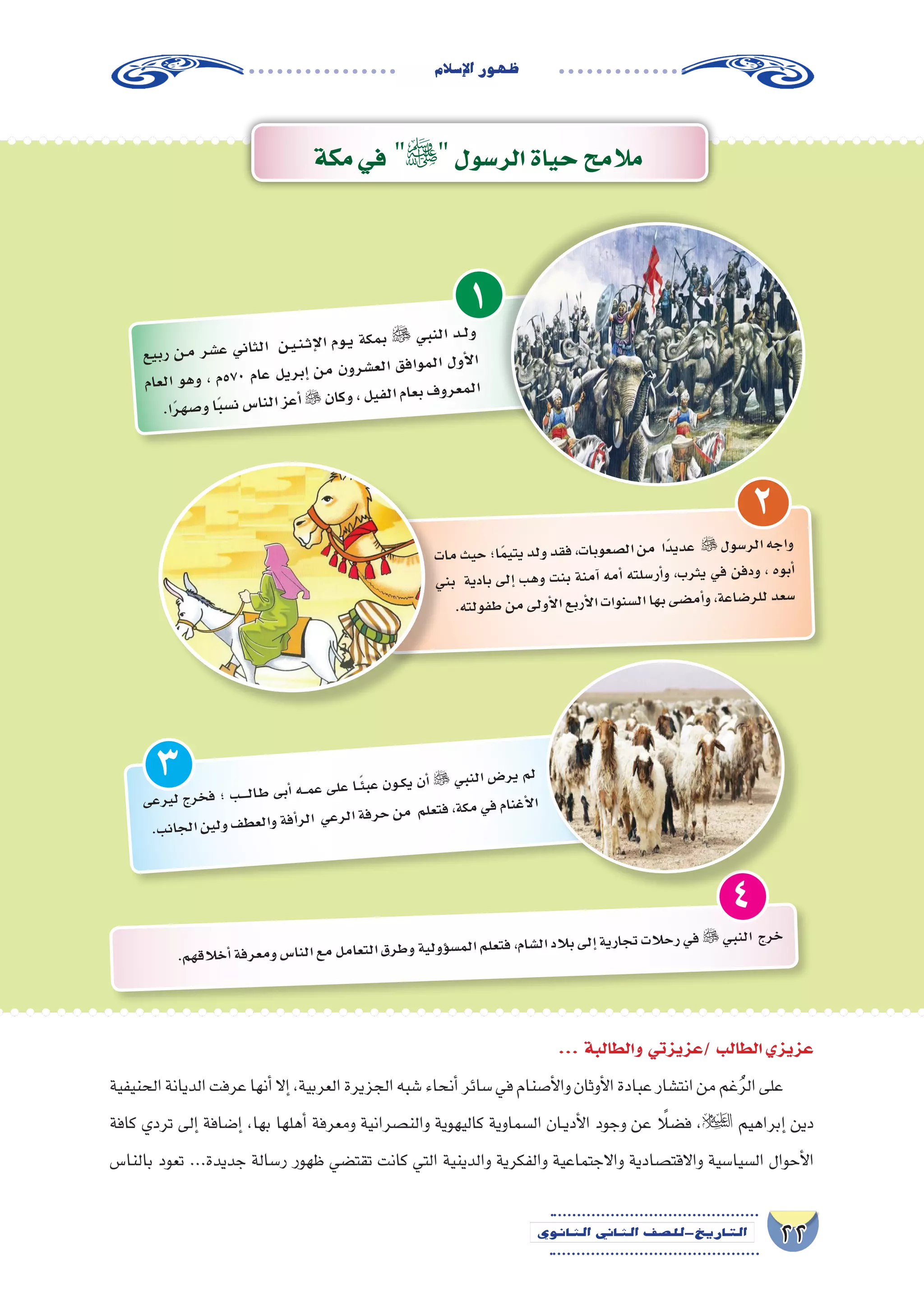 22‫الثانوي‬ ‫الثاين‬ ‫التاريخ-لل�صف‬
‫إ�سالم‬‫ل‬‫ا‬‫ظهور‬
‫مكة‬‫في‬ ‫الر�سول‬‫حياة‬‫مالمح‬
‫يع‬‫رب‬ ‫�ن‬�‫م‬ ‫شر‬�‫ع‬ ‫ني‬‫لثا‬‫ا‬ ‫�ن‬�‫ي‬��‫ن‬��‫ث‬‫إ‬‫ل‬‫ا‬ ‫وم‬��‫ي‬ ‫كة‬‫بم‬  ‫بي‬‫لن‬‫ا‬ ‫�د‬�‫ل‬‫و‬
‫عام‬‫ال‬ ‫هو‬‫و‬ ، ‫5م‬70 ‫عام‬ ‫يل‬‫بر‬‫إ‬� ‫من‬ ‫ون‬‫شر‬�‫ع‬‫ال‬ ‫فق‬‫وا‬‫لم‬‫ا‬ ‫ول‬‫أ‬‫ل‬‫ا‬
.‫ا‬ً‫ر‬‫صه‬�‫و‬‫ا‬ً‫ب‬‫ن�س‬‫�س‬‫لنا‬‫ا‬‫عز‬‫أ‬�  ‫ان‬‫وك‬،‫يل‬‫لف‬‫ا‬‫عام‬‫ب‬‫ف‬‫رو‬‫مع‬‫ال‬
‫مات‬‫حيث‬‫ا؛‬ً‫م‬‫يتي‬‫ولد‬‫فقد‬،‫بات‬‫�صعو‬‫ال‬‫من‬ ‫ًا‬‫د‬‫عدي‬  ‫�سول‬‫الر‬‫واجه‬
‫بني‬ ‫ادية‬‫ب‬ ‫إلى‬� ‫وهب‬ ‫بنت‬ ‫آمنة‬� ‫أمه‬� ‫�سلته‬‫أر‬�‫و‬ ،‫ثرب‬‫ي‬ ‫في‬ ‫دفن‬‫و‬ ، ‫أبوه‬�
.‫لته‬‫طفو‬‫من‬‫أولى‬‫ل‬‫ا‬‫أربع‬‫ل‬‫ا‬‫نوات‬‫ال�س‬‫بها‬‫�ضى‬‫أم‬�‫و‬،‫اعة‬‫لر�ض‬‫ل‬‫�سعد‬
.‫قهم‬‫خال‬‫أ‬�‫عرفة‬‫وم‬‫نا�س‬‫ال‬‫مع‬‫عامل‬‫الت‬‫طرق‬‫و‬‫ولية‬‫ؤ‬�‫س‬�‫الم‬‫تعلم‬‫ف‬،‫�شام‬‫ال‬‫بالد‬‫إلى‬�‫ارية‬‫تج‬‫الت‬‫رح‬‫في‬ ‫لنبي‬‫ا‬ ‫خرج‬
1
2
4
... ‫والطالبة‬ ‫/عزيزتي‬ ‫الطالب‬‫عزيزي‬
‫الحنيفية‬‫الديانة‬‫عرفت‬‫أنها‬�‫إال‬�،‫العربية‬‫الجزيرة‬‫�شبه‬‫أنحاء‬�‫�سائر‬‫في‬‫أ�صنام‬‫ل‬‫وا‬‫أوثان‬‫ل‬‫ا‬‫عبادة‬‫انت�شار‬‫من‬‫غم‬ُ‫ر‬‫ال‬‫على‬
‫كافة‬ ‫تردي‬ ‫إلى‬� ‫إ�ضافة‬� ،‫بها‬ ‫أهلها‬� ‫ومعرفة‬ ‫والن�صرانية‬ ‫كاليهوية‬ ‫ال�سماوية‬ ‫��ان‬‫ي‬‫أد‬‫ل‬‫ا‬ ‫وجود‬ ‫عن‬ ً‫ف�ضلا‬ ، ‫إبراهيم‬� ‫دين‬
‫بالنا�س‬ ‫تعود‬ ...‫جديدة‬ ‫ر�سالة‬ ‫ظهور‬ ‫تقت�ضي‬ ‫كانت‬ ‫التي‬ ‫والدينية‬ ‫والفكرية‬ ‫واالجتماعية‬ ‫واالقت�صادية‬ ‫ال�سيا�سية‬ ‫أحوال‬‫ل‬‫ا‬
‫عى‬‫ير‬‫ل‬ ‫رج‬‫فخ‬ ‫؛‬ ‫ب‬‫ـــــ‬‫ل‬‫ـا‬‫ط‬ ‫بى‬‫أ‬� ‫ـــه‬‫م‬‫ع‬ ‫لى‬‫ع‬ ‫ــا‬ً‫ئ‬‫عب‬ ‫ون‬‫ــ‬‫ك‬‫ي‬ ‫أن‬�  ‫بي‬‫الن‬ ‫�ض‬‫ير‬ ‫لم‬
.‫ب‬‫جان‬‫ال‬‫ين‬‫ول‬‫ف‬‫ط‬‫لع‬‫وا‬‫فة‬‫أ‬�‫لر‬‫ا‬ ‫عي‬‫لر‬‫ا‬‫فة‬‫حر‬‫من‬ ‫لم‬‫تع‬‫ف‬،‫كة‬‫م‬‫في‬‫نام‬‫أغ‬‫ل‬‫ا‬
3
 