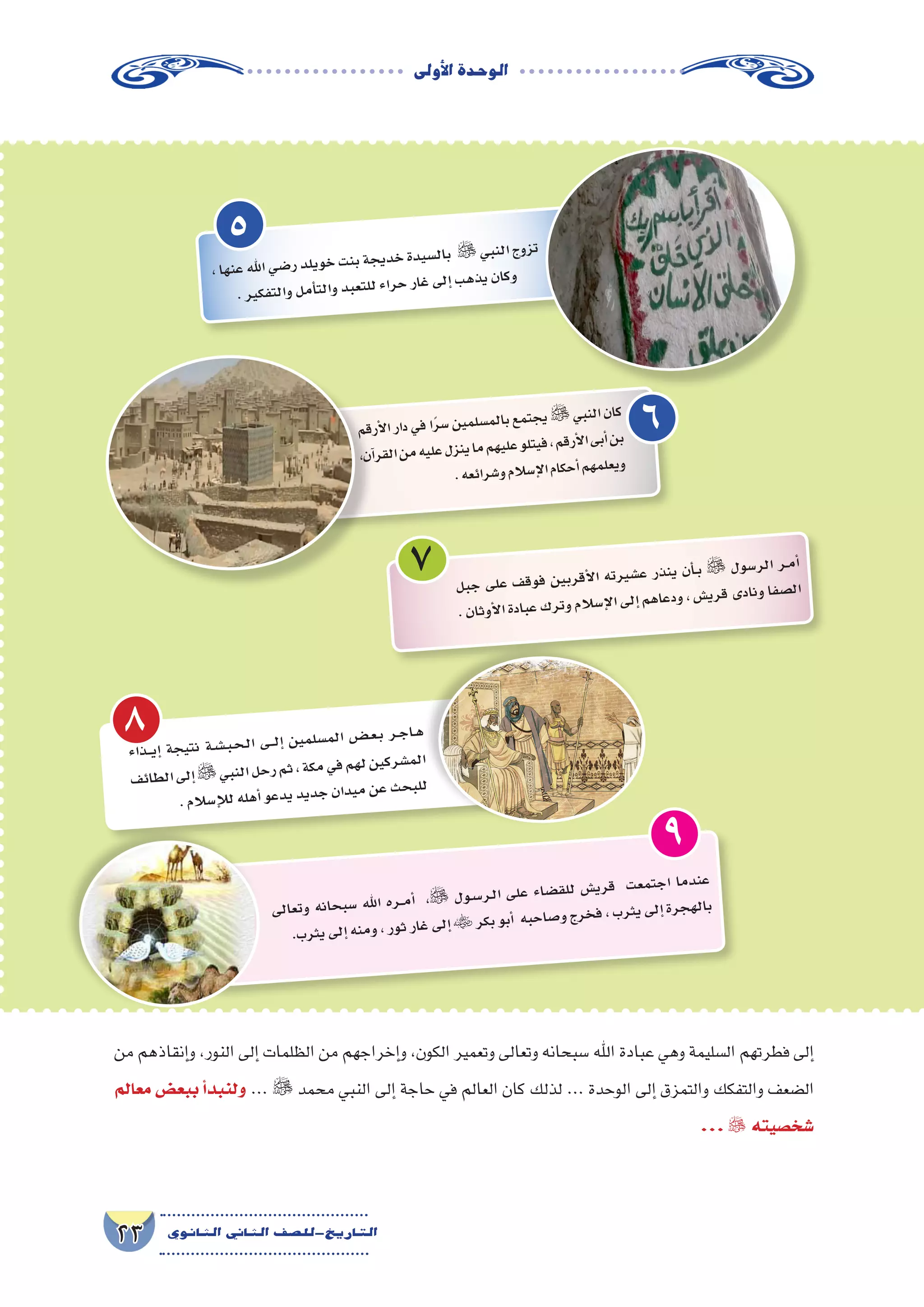 ‫أوىل‬‫ل‬‫ا‬‫الوحدة‬
23 ‫الثانوي‬ ‫الثاين‬ ‫التاريخ-لل�صف‬
‫بل‬‫ج‬ ‫لى‬‫ع‬ ‫ف‬‫وق‬‫ف‬ ‫ين‬‫رب‬‫أق‬‫ل‬‫ا‬ ‫ته‬‫ير‬‫ع�ش‬ ‫ذر‬‫ين‬ ‫أن‬���‫ب‬  ‫ول‬‫ر�س‬‫ال‬ ‫�ر‬�‫م‬‫أ‬�
.‫ان‬‫وث‬‫أ‬‫ل‬‫ا‬‫دة‬‫عبا‬‫ك‬‫تر‬‫و‬‫سالم‬�‫إ‬‫ل‬‫ا‬‫لى‬‫إ‬�‫هم‬‫عا‬‫ود‬،‫�ش‬‫ري‬‫ق‬‫ى‬‫ناد‬‫و‬‫صفا‬�‫ل‬‫ا‬
‫ذاء‬����‫ي‬‫إ‬� ‫جة‬‫نتي‬ ‫�ة‬�‫ش‬�����‫ب‬��‫ح‬��‫ل‬‫ا‬ ‫�ى‬���‫ل‬‫إ‬� ‫ين‬‫لم‬‫م�س‬‫ال‬ ‫�ض‬����‫ع‬��‫ب‬ ‫�ر‬�‫ج‬‫�ا‬�‫ه‬
‫ف‬‫طائ‬‫ال‬‫لى‬‫إ‬�‫بي‬‫الن‬‫حل‬‫ر‬‫ثم‬،‫كة‬‫م‬‫في‬‫هم‬‫ل‬‫ين‬‫رك‬‫م�ش‬‫ال‬
.‫سالم‬�‫إ‬‫ل‬‫ل‬‫له‬‫أه‬�‫عو‬‫يد‬‫يد‬‫جد‬‫ان‬‫يد‬‫م‬‫عن‬‫حث‬‫للب‬
‫لى‬‫تعا‬‫و‬ ‫نه‬‫حا‬‫�سب‬ ‫هلل‬‫ا‬ ‫ره‬���‫م‬‫أ‬� ، ‫ول‬��‫س‬���‫�ر‬�‫ل‬‫ا‬ ‫لى‬‫ع‬ ‫ضاء‬�‫ق‬‫لل‬ ‫�ش‬‫ري‬‫ق‬ ‫عت‬‫تم‬‫اج‬ ‫ما‬‫ند‬‫ع‬
.‫ب‬‫ثر‬‫ي‬‫لى‬‫إ‬�‫نه‬‫وم‬،‫ور‬‫ث‬‫غار‬‫لى‬‫إ‬�‫كر‬‫ب‬‫بو‬‫أ‬� ‫به‬‫اح‬‫�ص‬‫و‬‫رج‬‫فخ‬،‫رب‬‫يث‬‫لى‬‫إ‬�‫رة‬‫هج‬‫بال‬
،‫ها‬‫عن‬‫هلل‬‫ا‬‫ضي‬�‫ر‬‫لد‬‫وي‬‫خ‬‫نت‬‫ب‬‫جة‬‫دي‬‫خ‬‫دة‬‫�سي‬‫بال‬ ‫بي‬‫الن‬‫وج‬‫تز‬
.‫ير‬‫فك‬‫الت‬‫و‬‫مل‬‫أ‬�‫الت‬‫و‬‫بد‬‫تع‬‫لل‬‫راء‬‫ح‬‫غار‬‫لى‬‫إ‬�‫ب‬‫ذه‬‫ي‬‫ان‬‫وك‬
‫قم‬‫أر‬‫ل‬‫ا‬‫دار‬‫في‬‫ا‬ً‫ر‬‫�س‬‫ين‬‫لم‬‫م�س‬‫بال‬‫مع‬‫جت‬‫ي‬‫بي‬‫الن‬‫ان‬‫ك‬
،‫ن‬‫آ‬�‫قر‬‫ال‬‫من‬‫يه‬‫عل‬‫زل‬‫ين‬‫ما‬‫هم‬‫علي‬‫تلو‬‫في‬،‫قم‬‫أر‬‫ل‬‫ا‬‫بى‬‫أ‬�‫بن‬
.‫عه‬‫رائ‬‫و�ش‬‫سالم‬�‫إ‬‫ل‬‫ا‬‫كام‬‫أح‬�‫هم‬‫لم‬‫يع‬‫و‬
7
8
9
5
6
‫من‬ ‫إنقاذهم‬�‫و‬ ،‫النور‬ ‫إلى‬� ‫الظلمات‬ ‫من‬ ‫إخراجهم‬�‫و‬ ،‫الكون‬ ‫وتعمير‬ ‫وتعالى‬ ‫�سبحانه‬ ‫اهلل‬ ‫عبادة‬ ‫وهي‬ ‫ال�سليمة‬ ‫فطرتهم‬ ‫إلى‬�
‫معالم‬ ‫ببع�ض‬ ‫أ‬�‫ولنبد‬ ...  ‫محمد‬ ‫النبي‬ ‫إلى‬� ‫حاجة‬ ‫في‬ ‫العالم‬ ‫كان‬ ‫لذلك‬ ... ‫الوحدة‬ ‫إلى‬� ‫والتمزق‬ ‫والتفكك‬ ‫ال�ضعف‬
... ‫�شخ�صيته‬
 