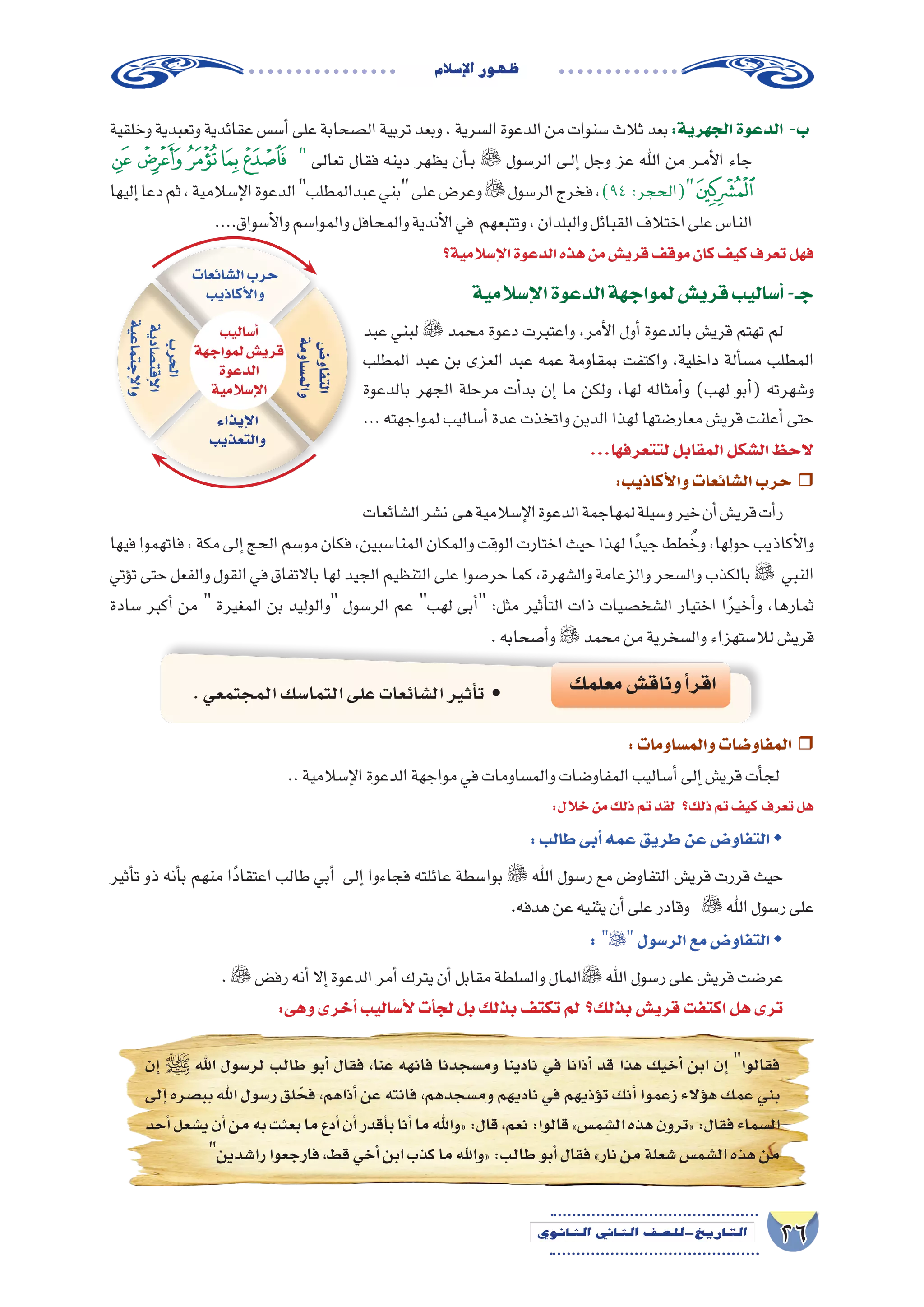26‫الثانوي‬ ‫الثاين‬ ‫التاريخ-لل�صف‬
‫إ�سالم‬‫ل‬‫ا‬‫ظهور‬
‫إ�سالمية‬‫ل‬‫ا‬‫الدعوة‬‫لمواجهة‬‫قري�ش‬‫أ�ساليب‬�-‫جـ‬
‫عبد‬ ‫لبني‬  ‫محمد‬ ‫دعوة‬ ‫واعتبرت‬ ،‫أمر‬‫ل‬‫ا‬ ‫أول‬� ‫بالدعوة‬ ‫قري�ش‬ ‫تهتم‬ ‫لم‬
‫المطلب‬ ‫عبد‬ ‫بن‬ ‫العزى‬ ‫عبد‬ ‫عمه‬ ‫بمقاومة‬ ‫واكتفت‬ ،‫داخلية‬ ‫ألة‬�‫س‬�‫م‬ ‫المطلب‬
‫بالدعوة‬ ‫الجهر‬ ‫مرحلة‬ ‫أت‬�‫بد‬ ‫إن‬� ‫ما‬ ‫ولكن‬ ،‫لها‬ ‫أمثاله‬�‫و‬ )‫لهب‬ ‫أبو‬�( ‫و�شهرته‬
...‫لمواجهته‬‫أ�ساليب‬�‫عدة‬‫واتخذت‬‫الدين‬‫لهذا‬‫معار�ضتها‬‫قري�ش‬‫أعلنت‬� ‫حتى‬
...‫لتتعرفها‬‫المقابل‬‫ال�شكل‬‫الحظ‬
:‫أكاذيب‬‫ل‬‫وا‬‫ال�شائعات‬‫حرب‬ ˆˆ
‫ال�شائعات‬‫ن�شر‬ ‫هى‬‫إ�سالمية‬‫ل‬‫ا‬‫الدعوة‬‫لمهاجمة‬‫و�سيلة‬‫خير‬‫أن‬�‫قري�ش‬‫أت‬�‫ر‬
‫فيها‬‫فاتهموا‬،‫مكة‬‫إلى‬�‫الحج‬‫مو�سم‬‫فكان‬،‫المنا�سبين‬‫والمكان‬‫الوقت‬‫اختارت‬‫حيث‬‫لهذا‬‫ا‬ً‫جيد‬‫طط‬ ُ‫وخ‬،‫حولها‬‫أكاذيب‬‫ل‬‫وا‬
‫ؤتي‬�‫ت‬‫حتى‬‫والفعل‬‫القول‬‫في‬‫باالتفاق‬‫لها‬‫الجيد‬‫التنظيم‬‫على‬‫حر�صوا‬‫كما‬،‫وال�شهرة‬‫والزعامة‬‫وال�سحر‬‫بالكذب‬ ‫النبي‬
‫�سادة‬ ‫أكبر‬� ‫من‬  ‫المغيرة‬ ‫بن‬ ‫والوليد‬ ‫الر�سول‬ ‫عم‬ ‫لهب‬ ‫أبى‬� :‫مثل‬ ‫أثير‬�‫الت‬ ‫ذات‬ ‫ال�شخ�صيات‬ ‫اختيار‬ ‫ا‬ً‫ر‬‫أخي‬�‫و‬ ،‫ثمارها‬
.‫أ�صحابه‬�‫و‬ ‫محمد‬‫من‬‫وال�سخرية‬‫لال�ستهزاء‬‫قري�ش‬
‫وخلقية‬‫وتعبدية‬‫عقائدية‬‫أ�س�س‬�‫على‬‫ال�صحابة‬‫تربية‬‫وبعد‬،‫ال�سرية‬‫الدعوة‬‫من‬‫�سنوات‬‫ثالث‬‫بعد‬:‫الجهرية‬‫الدعوة‬ -‫ب‬
‫ﭢ‬ ‫ﭡ‬‫ﭠ‬‫ﭟ‬‫ﭞ‬  ‫تعالى‬ ‫فقال‬ ‫دينه‬ ‫يظهر‬ ‫أن‬���‫ب‬  ‫الر�سول‬ ‫��ى‬‫ل‬‫إ‬� ‫وجل‬ ‫عز‬ ‫اهلل‬ ‫من‬ ‫��ر‬‫م‬‫أ‬‫ل‬‫ا‬ ‫جاء‬
‫إليها‬�‫دعا‬‫ثم‬،‫إ�سالمية‬‫ل‬‫ا‬‫الدعوة‬‫عبدالمطلب‬‫بني‬‫على‬‫وعر�ض‬‫الر�سول‬‫فخرج‬،)94 :‫ﭣ(الحجر‬
....‫أ�سواق‬‫ل‬‫وا‬‫والموا�سم‬‫والمحافل‬‫أندية‬‫ل‬‫ا‬‫في‬ ‫وتتبعهم‬،‫والبلدان‬‫القبائل‬‫اختالف‬‫على‬‫النا�س‬
‫إ�سالمية؟‬‫ل‬‫ا‬‫الدعوة‬‫هذه‬‫من‬‫قري�ش‬‫موقف‬‫كان‬‫كيف‬‫تعرف‬‫فهل‬
‫ال�شائعات‬‫حرب‬
‫أكاذيب‬‫ل‬‫وا‬
‫التفاو�ض‬
‫والم�ساومة‬
‫إيذاء‬‫ل‬‫ا‬
‫والتعذيب‬
‫الحرب‬
‫إقت�صادية‬‫ل‬‫ا‬
‫إجتماعية‬‫ل‬‫وا‬
‫أ�ساليب‬�
‫لمواجهة‬‫قري�ش‬
‫الدعوة‬
‫إ�سالمية‬‫ل‬‫ا‬
:‫والم�ساومات‬‫المفاو�ضات‬ ˆˆ
..‫إ�سالمية‬‫ل‬‫ا‬‫الدعوة‬‫مواجهة‬‫في‬‫والم�ساومات‬‫المفاو�ضات‬‫أ�ساليب‬�‫إلى‬�‫قري�ش‬‫أت‬�‫لج‬
:‫خالل‬‫من‬‫ذلك‬‫تم‬‫لقد‬ ‫ذلك؟‬‫تم‬‫كيف‬ ‫تعرف‬‫هل‬
:‫طالب‬‫أبى‬�‫عمه‬‫طريق‬‫عن‬‫التفاو�ض‬ŠŠ
‫أثير‬�‫ت‬ ‫ذو‬ ‫أنه‬�‫ب‬ ‫منهم‬ ‫ًا‬‫د‬‫اعتقا‬ ‫طالب‬ ‫أبي‬� ‫إلى‬� ‫فجاءوا‬ ‫عائلته‬ ‫بوا�سطة‬  ‫اهلل‬ ‫ر�سول‬ ‫مع‬ ‫التفاو�ض‬ ‫قري�ش‬ ‫قررت‬ ‫حيث‬
.‫هدفه‬‫عن‬‫يثنيه‬‫أن‬�‫على‬‫وقادر‬  ‫اهلل‬‫ر�سول‬‫على‬
: ŠŠ‫الر�سول‬‫مع‬‫التفاو�ض‬
. ‫رف�ض‬‫أنه‬�‫إال‬�‫الدعوة‬‫أمر‬�‫يترك‬‫أن‬�‫مقابل‬‫وال�سلطة‬‫المال‬ ‫اهلل‬‫ر�سول‬‫على‬‫قري�ش‬‫عر�ضت‬
:‫وهى‬‫أخرى‬�‫أ�ساليب‬‫ل‬‫أت‬�‫لج‬‫بل‬‫بذلك‬‫تكتف‬‫لم‬ ‫بذلك؟‬‫قري�ش‬‫اكتفت‬‫هل‬‫ترى‬
‫إن‬� ‫ﷺ‬ ‫اهلل‬ ‫لر�سول‬ ‫طالب‬ ‫أبو‬� ‫فقال‬ ،‫عنا‬ ‫فانهه‬ ‫وم�سجدنا‬ ‫نادينا‬ ‫في‬ ‫أذانا‬� ‫قد‬ ‫هذا‬ ‫أخيك‬� ‫ابن‬ ‫إن‬� ‫فقالوا‬
‫إلى‬�‫بب�صره‬‫اهلل‬‫ر�سول‬‫لق‬ ّ‫فح‬،‫أذاهم‬�‫عن‬‫فانته‬،‫وم�سجدهم‬‫ناديهم‬‫في‬‫ؤذيهم‬�‫ت‬‫أنك‬� ‫زعموا‬ ‫ؤالء‬�‫ه‬ ‫عمك‬ ‫بني‬
‫أحد‬�‫ي�شعل‬‫أن‬�‫من‬‫به‬‫بعثت‬‫ما‬‫أدع‬�‫أن‬�‫أقدر‬�‫ب‬‫أنا‬�‫ما‬‫«واهلل‬:‫قال‬،‫نعم‬:‫قالوا‬»‫ال�شم�س‬‫هذه‬‫«ترون‬:‫فقال‬‫ال�سماء‬
‫را�شدين‬‫فارجعوا‬،‫قط‬‫أخي‬�‫ابن‬‫كذب‬‫ما‬‫«واهلل‬:‫طالب‬‫أبو‬�‫فقال‬»‫نار‬‫من‬‫�شعلة‬‫ال�شم�س‬‫هذه‬‫من‬
‫معلمك‬‫وناق�ش‬‫أ‬�‫اقر‬.‫المجتمعي‬‫التما�سك‬‫على‬‫ال�شائعات‬‫أثير‬�‫ت‬ •
 
