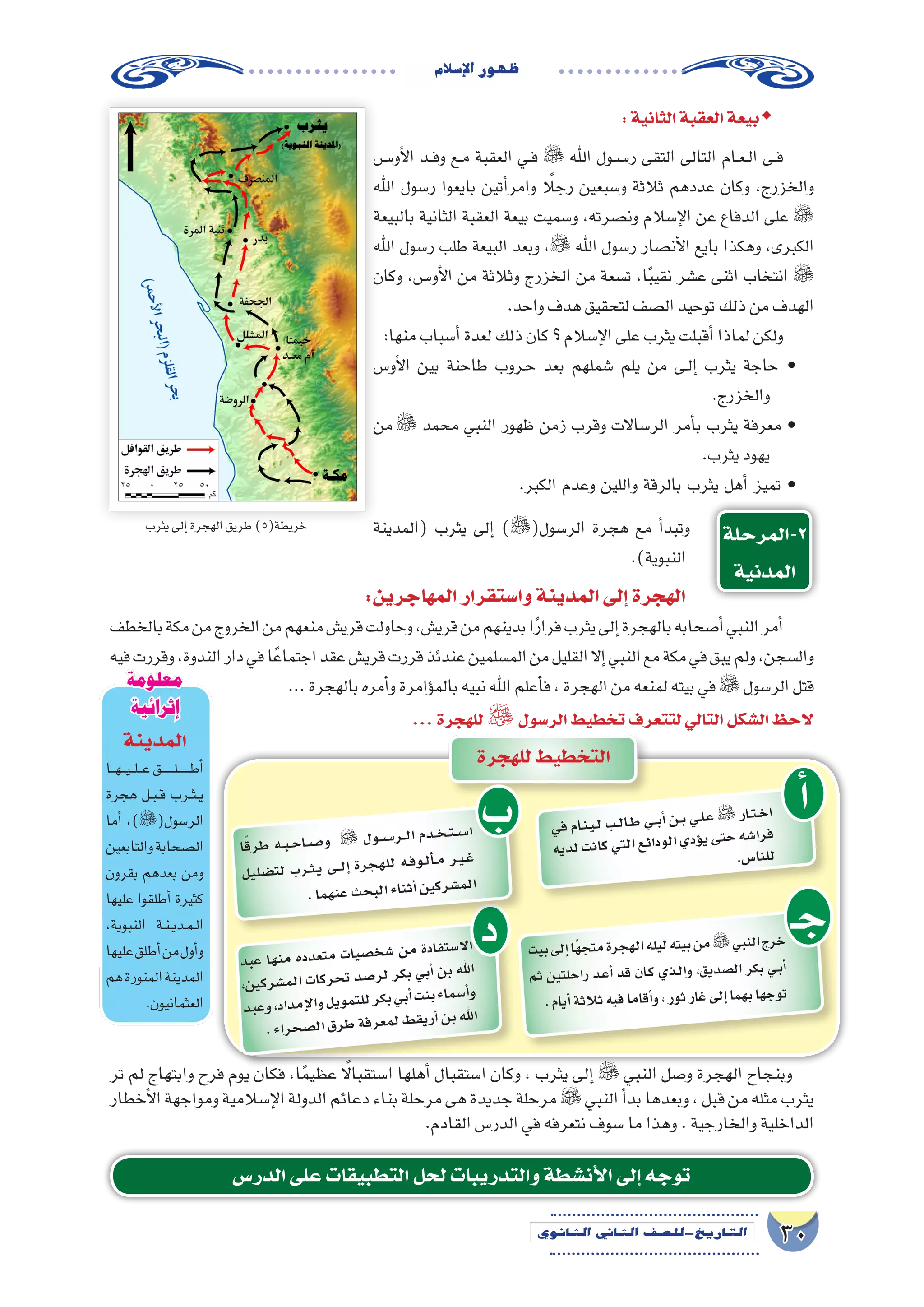 30‫الثانوي‬ ‫الثاين‬ ‫التاريخ-لل�صف‬
‫إ�سالم‬‫ل‬‫ا‬‫ظهور‬
ŠŠ:‫الثانية‬‫العقبة‬‫بيعة‬
‫أو���س‬‫ل‬‫ا‬ ‫��د‬‫ف‬‫و‬ ‫��ع‬‫م‬ ‫العقبة‬ ‫��ي‬‫ف‬  ‫اهلل‬ ‫��س��ول‬�‫ر‬ ‫التقى‬ ‫التالى‬ ‫��ام‬‫ع‬��‫ل‬‫ا‬ ‫��ى‬‫ف‬
‫اهلل‬ ‫ر�سول‬ ‫بايعوا‬ ‫أتين‬�‫وامر‬ ً‫رجلا‬ ‫و�سبعين‬ ‫ثالثة‬ ‫عددهم‬ ‫وكان‬ ،‫والخزرج‬
‫بالبيعة‬ ‫الثانية‬ ‫العقبة‬ ‫بيعة‬ ‫و�سميت‬ ،‫ون�صرته‬ ‫إ�سالم‬‫ل‬‫ا‬ ‫عن‬ ‫الدفاع‬ ‫على‬ 
‫اهلل‬ ‫ر�سول‬ ‫طلب‬ ‫البيعة‬ ‫وبعد‬ ، ‫اهلل‬ ‫ر�سول‬ ‫أن�صار‬‫ل‬‫ا‬ ‫بايع‬ ‫وهكذا‬ ،‫الكبرى‬
‫وكان‬ ،‫أو���س‬‫ل‬‫ا‬ ‫من‬ ‫وثالثة‬ ‫الخزرج‬ ‫من‬ ‫ت�سعة‬ ،‫ا‬ً‫ب‬‫نقي‬ ‫ع�شر‬ ‫اثنى‬ ‫انتخاب‬ 
.‫واحد‬‫هدف‬‫لتحقيق‬‫ال�صف‬‫توحيد‬‫ذلك‬‫من‬‫الهدف‬
:‫منها‬‫أ�سباب‬�‫لعدة‬‫ذلك‬‫كان‬‫؟‬‫إ�سالم‬‫ل‬‫ا‬‫على‬‫يثرب‬‫أقبلت‬�‫لماذا‬‫ولكن‬
‫أو�س‬‫ل‬‫ا‬ ‫بين‬ ‫طاحنة‬ ‫��روب‬‫ح‬ ‫بعد‬ ‫�شملهم‬ ‫يلم‬ ‫من‬ ‫��ى‬‫ل‬‫إ‬� ‫يثرب‬ ‫حاجة‬ •
.‫والخزرج‬
‫من‬ ‫محمد‬ ‫النبي‬ ‫ظهور‬ ‫زمن‬ ‫وقرب‬ ‫الر�ساالت‬ ‫أمر‬�‫ب‬ ‫يثرب‬ ‫معرفة‬ •
.‫يثرب‬‫يهود‬
.‫الكبر‬ ‫وعدم‬ ‫واللين‬ ‫بالرقة‬ ‫يثرب‬ ‫أهل‬� ‫تميز‬ •
‫(المدينة‬ ‫يثرب‬ ‫إلى‬� )(‫الر�سول‬ ‫هجرة‬ ‫مع‬ ‫أ‬�‫وتبد‬ ‫2-المرحلة‬
‫المدنية‬
.)‫النبوية‬
:‫المهاجرين‬‫وا�ستقرار‬‫المدينة‬‫إلى‬�‫الهجرة‬
‫بالخطف‬‫مكة‬‫من‬‫الخروج‬‫من‬‫منعهم‬‫قري�ش‬‫وحاولت‬،‫قري�ش‬‫من‬‫بدينهم‬‫ا‬ً‫ر‬‫فرا‬‫يثرب‬‫إلى‬�‫بالهجرة‬‫أ�صحابه‬�‫النبي‬‫أمر‬�
‫فيه‬‫وقررت‬،‫الندوة‬‫دار‬‫في‬‫ا‬ً‫اجتماع‬‫عقد‬‫قري�ش‬‫قررت‬‫عندئذ‬‫الم�سلمين‬‫من‬‫القليل‬‫إال‬�‫النبي‬‫مع‬‫مكة‬‫في‬‫يبق‬‫ولم‬،‫وال�سجن‬
...‫بالهجرة‬‫أمره‬�‫و‬‫ؤامرة‬�‫بالم‬‫نبيه‬‫اهلل‬‫أعلم‬�‫ف‬،‫الهجرة‬‫من‬‫لمنعه‬‫بيته‬‫في‬ ‫الر�سول‬‫قتل‬
...‫للهجرة‬ ‫الر�سول‬‫تخطيط‬‫لتتعرف‬‫التالي‬‫ال�شكل‬‫الحظ‬
‫يثرب‬‫إلى‬�‫الهجرة‬‫طريق‬)5(‫خريطة‬
‫بد‬‫ع‬ ‫ها‬‫من‬ ‫ده‬‫عد‬‫مت‬ ‫ات‬‫�صي‬‫شخ‬� ‫من‬ ‫دة‬‫تفا‬‫ال�س‬‫ا‬
،‫ن‬‫كي‬‫شر‬�‫م‬‫ال‬ ‫ات‬‫رك‬‫تح‬ ‫صد‬�‫ر‬‫ل‬ ‫كر‬‫ب‬ ‫بي‬‫أ‬� ‫بن‬ ‫هلل‬‫ا‬
‫بد‬‫وع‬،‫اد‬‫مد‬‫إ‬‫ل‬‫وا‬‫يل‬‫مو‬‫للت‬‫كر‬‫ب‬‫بي‬‫أ‬�‫نت‬‫ب‬‫ماء‬‫أ�س‬�‫و‬
.‫راء‬‫صح‬�‫ل‬‫ا‬‫رق‬‫ط‬‫فة‬‫عر‬‫لم‬‫ط‬‫يق‬‫أر‬�‫بن‬‫هلل‬‫ا‬
‫د‬
‫للهجرة‬‫التخطيط‬
‫أ‬�‫في‬ ‫�ام‬�‫ن‬��‫ي‬��‫ل‬ ‫ب‬��‫ل‬‫�ا‬�‫ط‬ ‫�ي‬��‫ب‬‫أ‬� ‫�ن‬�‫ب‬ ‫�ي‬�‫ل‬��‫ع‬  ‫�ار‬�‫ت‬��‫خ‬‫ا‬
‫يه‬‫لد‬‫نت‬‫كا‬‫تي‬‫ال‬‫ئع‬‫ودا‬‫ال‬‫دي‬‫ؤ‬�‫ي‬‫تى‬‫ح‬‫�شه‬‫فرا‬
.‫س‬�‫نا‬‫لل‬
‫ـ‬‫ج‬‫بيت‬‫إلى‬�‫ًا‬‫ه‬‫متج‬‫هجرة‬‫ال‬‫ليله‬‫بيته‬‫من‬‫لنبي‬‫ا‬‫خرج‬
‫ثم‬ ‫لتين‬‫راح‬ ‫�د‬�‫ع‬‫أ‬� ‫قد‬ ‫�ان‬�‫ك‬ ‫�ذي‬�‫ل‬‫وا‬ ،‫ديق‬‫ال�ص‬ ‫بكر‬ ‫�ي‬�‫ب‬‫أ‬�
.‫أيام‬�‫الثة‬‫ث‬‫فيه‬‫أقاما‬�‫و‬،‫ثور‬‫غار‬‫إلى‬�‫بهما‬‫وجها‬‫ت‬
‫تر‬ ‫لم‬ ‫وابتهاج‬ ‫فرح‬ ‫يوم‬ ‫فكان‬ ،‫ا‬ً‫م‬‫عظي‬ ً‫ا‬‫ا�ستقبال‬ ‫أهلها‬� ‫ا�ستقبال‬ ‫وكان‬ ، ‫يثرب‬ ‫إلى‬�  ‫النبي‬ ‫و�صل‬ ‫الهجرة‬ ‫وبنجاح‬
‫أخطار‬‫ل‬‫ا‬‫ومواجهة‬‫إ�سالمية‬‫ل‬‫ا‬‫الدولة‬‫دعائم‬‫بناء‬‫مرحلة‬‫هى‬‫جديدة‬‫مرحلة‬‫النبي‬‫أ‬�‫بد‬‫وبعدها‬،‫قبل‬‫من‬‫مثله‬‫يثرب‬
.‫القادم‬ ‫الدر�س‬ ‫في‬ ‫نتعرفه‬ ‫�سوف‬ ‫ما‬ ‫وهذا‬ . ‫والخارجية‬ ‫الداخلية‬
‫الدر�س‬‫على‬‫التطبيقات‬‫لحل‬‫والتدريبات‬‫أن�شطة‬‫ل‬‫ا‬‫إلى‬�‫توجه‬
‫ب‬‫ا‬ً‫ق‬‫طر‬ ‫�ه‬�‫ب‬��‫ح‬‫�ا‬�‫ص‬���‫و‬  ‫ول‬���‫س‬����‫�ر‬��‫ل‬‫ا‬ ‫دم‬��‫خ‬��‫ت‬��‫س‬���‫ا‬
‫يل‬‫�ضل‬‫لت‬ ‫رب‬��‫ث‬��‫ي‬ ‫�ى‬��‫ل‬‫إ‬� ‫رة‬‫هج‬‫لل‬ ‫�ه‬�‫ف‬‫�و‬�‫ل‬‫أ‬���‫م‬ ‫�ر‬�‫ي‬��‫غ‬
.‫ما‬‫نه‬‫ع‬‫حث‬‫لب‬‫ا‬‫ناء‬‫أث‬�‫ين‬‫رك‬‫م�ش‬‫ال‬
‫المدينة‬
‫���ا‬‫ه‬���‫ي‬���‫ل‬���‫ع‬‫�������ق‬‫ل‬�������‫ط‬‫أ‬�
‫هجرة‬ ‫��ل‬‫ب‬��‫ق‬ ‫��رب‬‫ث‬��‫ي‬
‫أما‬� ،)(‫الر�سول‬
‫والتابعين‬‫ال�صحابة‬
‫بقرون‬ ‫بعدهم‬ ‫ومن‬
‫عليها‬ ‫أطلقوا‬� ‫كثيرة‬
،‫النبوية‬ ‫��ة‬‫ن‬��‫ي‬‫��د‬‫م‬��‫ل‬‫ا‬
‫عليها‬‫أطلق‬�‫من‬‫أول‬�‫و‬
‫هم‬‫المنورة‬‫المدينة‬
.‫العثمانيون‬
‫معلومة‬
‫إثرائية‬
 