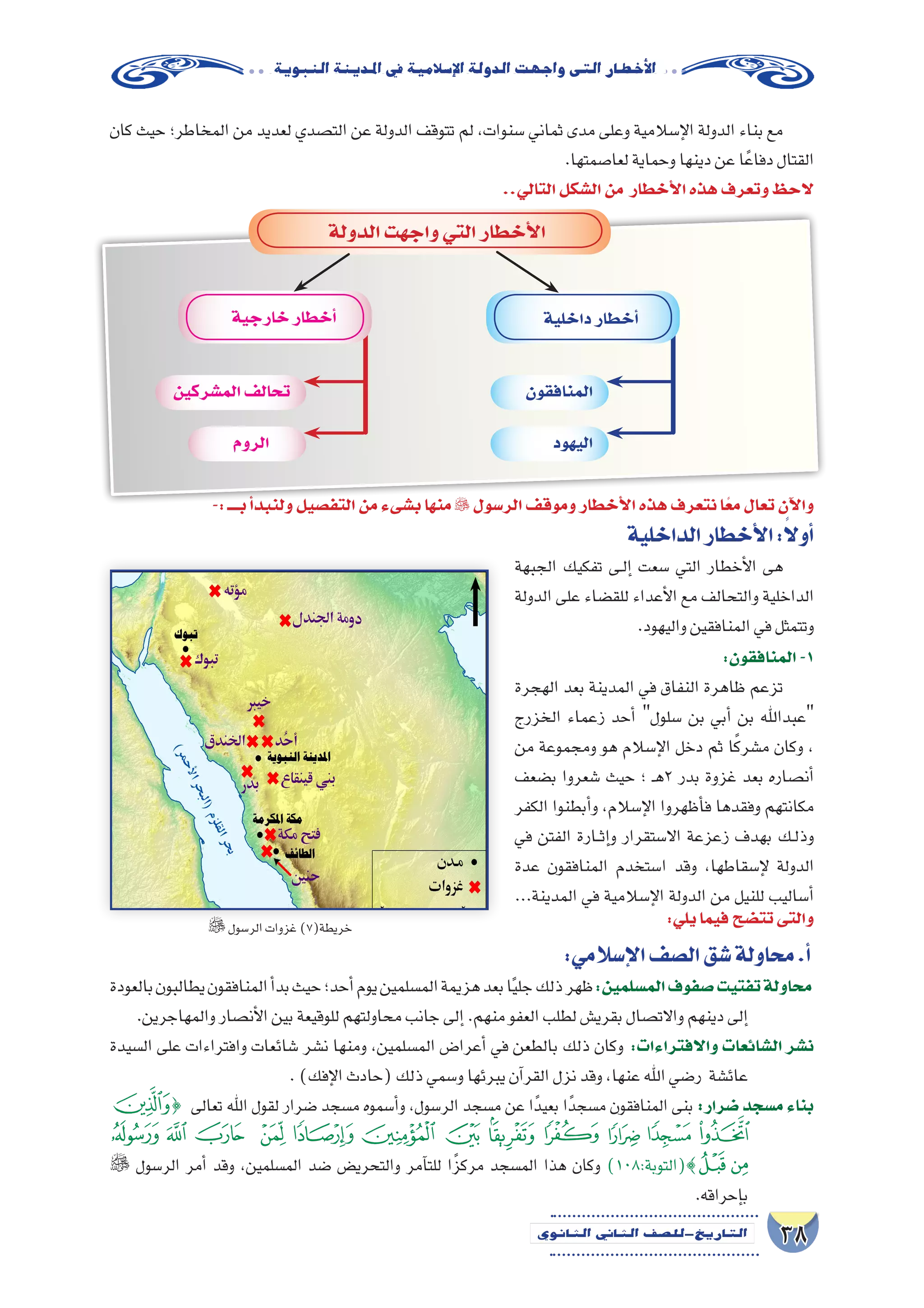 38‫الثانوي‬ ‫الثاين‬ ‫التاريخ-لل�صف‬
‫النبوية‬‫املدينة‬‫يف‬‫إ�سالمية‬‫ل‬‫ا‬‫الدولة‬‫واجهت‬‫التى‬‫أخطار‬‫ل‬‫ا‬
‫كان‬ ‫حيث‬ ‫المخاطر؛‬ ‫من‬ ‫لعديد‬ ‫الت�صدي‬ ‫عن‬ ‫الدولة‬ ‫تتوقف‬ ‫لم‬ ،‫�سنوات‬ ‫ثماني‬ ‫مدى‬ ‫وعلى‬ ‫إ�سالمية‬‫ل‬‫ا‬ ‫الدولة‬ ‫بناء‬ ‫مع‬
.‫لعا�صمتها‬‫وحماية‬‫دينها‬‫عن‬‫ا‬ً‫دفاع‬‫القتال‬
..‫التالي‬‫ال�شكل‬‫من‬ ‫أخطار‬‫ل‬‫ا‬‫هذه‬‫وتعرف‬‫الحظ‬
‫الدولة‬‫واجهت‬‫التي‬‫أخطار‬‫ل‬‫ا‬
‫داخلية‬‫أخطار‬�
‫المنافقون‬‫الم�شركين‬‫تحالف‬
‫اليهود‬‫الروم‬
‫خارجية‬‫أخطار‬�
‫الداخلية‬‫أخطار‬‫ل‬‫ا‬:ً‫أوال‬�
‫الجبهة‬ ‫تفكيك‬ ‫��ى‬‫ل‬‫إ‬� ‫�سعت‬ ‫التي‬ ‫أخطار‬‫ل‬‫ا‬ ‫هى‬
‫الدولة‬ ‫على‬ ‫للق�ضاء‬ ‫أعداء‬‫ل‬‫ا‬ ‫مع‬ ‫والتحالف‬ ‫الداخلية‬
.‫واليهود‬‫المنافقين‬‫في‬‫وتتمثل‬
:‫المنافقون‬-1
‫الهجرة‬ ‫بعد‬ ‫المدينة‬ ‫في‬ ‫النفاق‬ ‫ظاهرة‬ ‫تزعم‬
‫الخزرج‬ ‫زعماء‬ ‫أحد‬� ‫�سلول‬ ‫بن‬ ‫أبي‬� ‫بن‬ ‫عبداهلل‬
‫من‬ ‫ومجموعة‬ ‫هو‬ ‫إ�سالم‬‫ل‬‫ا‬ ‫دخل‬ ‫ثم‬ ‫ا‬ً‫ك‬‫م�شر‬ ‫وكان‬ ،
‫ب�ضعف‬ ‫�شعروا‬ ‫حيث‬ ‫؛‬ ‫ـ‬‫ه‬2 ‫بدر‬ ‫غزوة‬ ‫بعد‬ ‫أن�صاره‬�
‫الكفر‬ ‫أبطنوا‬�‫و‬ ،‫إ�سالم‬‫ل‬‫ا‬ ‫أظهروا‬�‫ف‬ ‫وفقدها‬ ‫مكانتهم‬
‫في‬ ‫الفتن‬ ‫��ارة‬‫ث‬‫إ‬�‫و‬ ‫اال�ستقرار‬ ‫زعزعة‬ ‫بهدف‬ ‫��ك‬‫ل‬‫وذ‬
‫عدة‬ ‫المنافقون‬ ‫ا�ستخدم‬ ‫وقد‬ ،‫إ�سقاطها‬‫ل‬ ‫الدولة‬
...‫المدينة‬ ‫في‬ ‫إ�سالمية‬‫ل‬‫ا‬ ‫الدولة‬ ‫من‬ ‫للنيل‬ ‫أ�ساليب‬�
:‫يلي‬‫فيما‬‫تت�ضح‬‫والتى‬
-:‫بــــ‬‫أ‬�‫ولنبد‬‫التف�صيل‬‫من‬‫ب�شىء‬‫منها‬ ‫الر�سول‬‫وموقف‬‫أخطار‬‫ل‬‫ا‬‫هذه‬‫نتعرف‬‫ا‬ً‫مع‬‫تعال‬‫آن‬‫ل‬‫وا‬
‫الر�سول‬‫غزوات‬)7(‫خريطة‬
:‫إ�سالمي‬‫ل‬‫ا‬‫ال�صف‬‫�شق‬‫محاولة‬.‫أ‬�
‫بالعودة‬‫يطالبون‬‫المنافقون‬‫أ‬�‫بد‬‫حيث‬‫أحد؛‬�‫يوم‬‫الم�سلمين‬‫هزيمة‬‫بعد‬‫ا‬ً‫ي‬‫جل‬‫ذلك‬‫ظهر‬:‫الم�سلمين‬‫�صفوف‬‫تفتيت‬‫محاولة‬
.‫والمهاجرين‬‫أن�صار‬‫ل‬‫ا‬‫بين‬‫للوقيعة‬‫محاولتهم‬‫جانب‬‫إلى‬�.‫منهم‬‫العفو‬‫لطلب‬‫بقري�ش‬‫واالت�صال‬‫دينهم‬‫إلى‬�
‫ال�سيدة‬ ‫على‬ ‫وافتراءات‬ ‫�شائعات‬ ‫ن�شر‬ ‫ومنها‬ ،‫الم�سلمين‬ ‫أعرا�ض‬� ‫في‬ ‫بالطعن‬ ‫ذلك‬ ‫وكان‬ :‫واالفتراءات‬ ‫ال�شائعات‬ ‫ن�شر‬
.)‫إفك‬‫ل‬‫ا‬‫(حادث‬‫ذلك‬‫و�سمي‬‫يبرئها‬‫آن‬�‫القر‬‫نزل‬‫وقد‬,‫عنها‬‫اهلل‬‫ر�ضي‬ ‫عائ�شة‬
‫ﭑ‬} ‫تعالى‬ ‫اهلل‬ ‫لقول‬ ‫�ضرار‬ ‫م�سجد‬ ‫أ�سموه‬�‫و‬ ،‫الر�سول‬ ‫م�سجد‬ ‫عن‬ ‫ًا‬‫د‬‫بعي‬ ‫ًا‬‫د‬‫م�سج‬ ‫المنافقون‬ ‫بنى‬ :‫�ضرار‬ ‫م�سجد‬ ‫بناء‬
‫ﭝ‬ ‫ﭜ‬ ‫ﭛ‬ ‫ﭚ‬ ‫ﭙ‬ ‫ﭘ‬ ‫ﭗ‬ ‫ﭖ‬ ‫ﭕ‬ ‫ﭔ‬ ‫ﭓ‬ ‫ﭒ‬
 ‫الر�سول‬ ‫أمر‬� ‫وقد‬ ،‫الم�سلمين‬ ‫�ضد‬ ‫والتحري�ض‬ ‫آمر‬�‫للت‬ ‫ا‬ً‫ز‬‫مرك‬ ‫الم�سجد‬ ‫هذا‬ ‫وكان‬ )108:‫ﭟ{(التوبة‬‫ﭞ‬
.‫إحراقه‬�‫ب‬
 