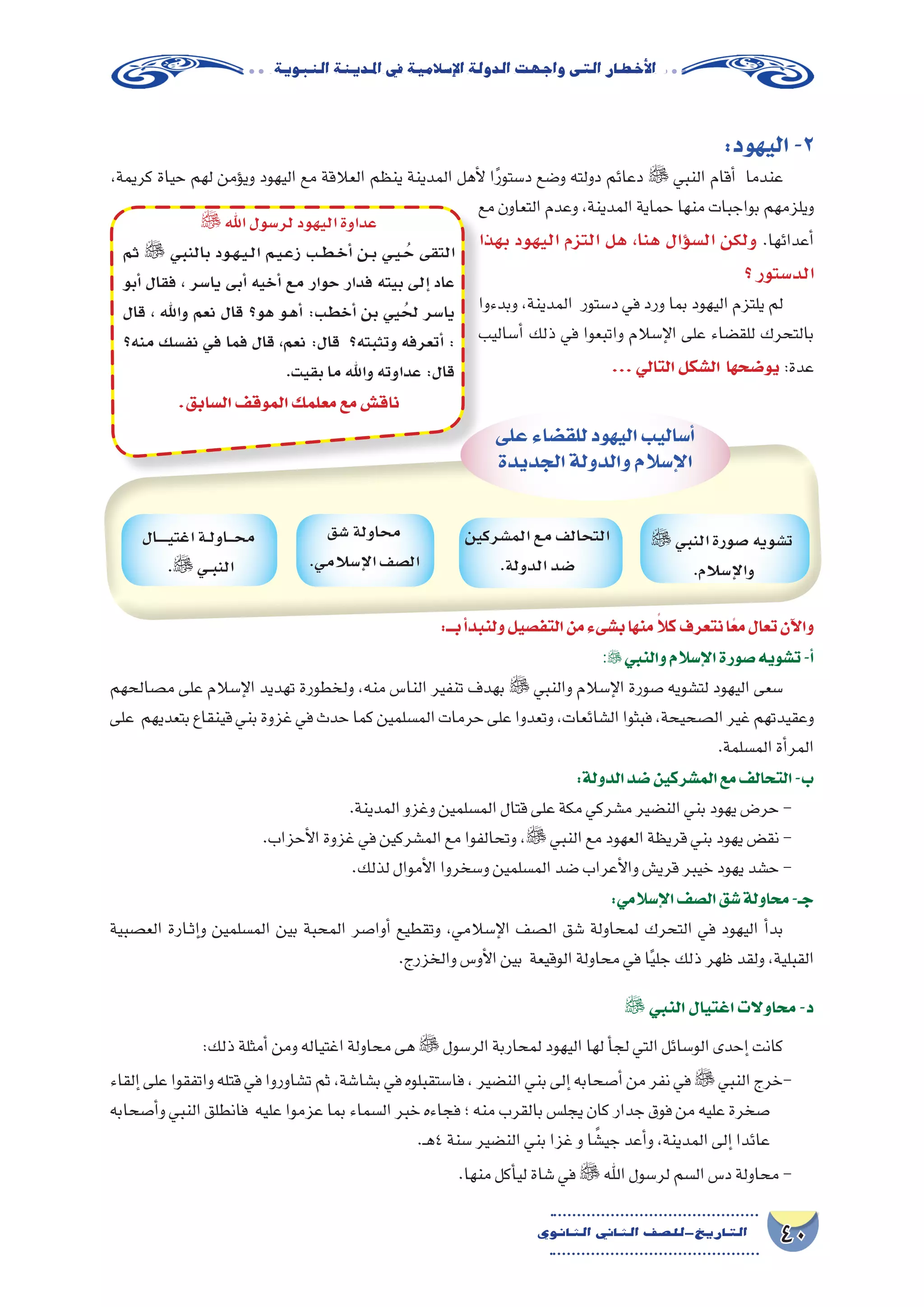 40‫الثانوي‬ ‫الثاين‬ ‫التاريخ-لل�صف‬
‫النبوية‬‫املدينة‬‫يف‬‫إ�سالمية‬‫ل‬‫ا‬‫الدولة‬‫واجهت‬‫التى‬‫أخطار‬‫ل‬‫ا‬
:‫اليهود‬-2
،‫كريمة‬ ‫حياة‬ ‫لهم‬ ‫ؤمن‬�‫وي‬ ‫اليهود‬ ‫مع‬ ‫العالقة‬ ‫ينظم‬ ‫المدينة‬ ‫أهل‬‫ل‬ ‫ا‬ً‫ر‬‫د�ستو‬ ‫و�ضع‬ ‫دولته‬ ‫دعائم‬  ‫النبي‬ ‫أقام‬� ‫عندما‬
‫مع‬ ‫التعاون‬ ‫وعدم‬ ،‫المدينة‬ ‫حماية‬ ‫منها‬ ‫بواجبات‬ ‫ويلزمهم‬
‫بهذا‬ ‫اليهود‬ ‫التزم‬ ‫هل‬ ،‫هنا‬ ‫ؤال‬�‫س‬�‫ال‬ ‫ولكن‬ .‫أعدائها‬�
‫؟‬‫الد�ستور‬
‫وبدءوا‬ ،‫المدينة‬ ‫د�ستور‬ ‫في‬ ‫ورد‬ ‫بما‬ ‫اليهود‬ ‫يلتزم‬ ‫لم‬
‫أ�ساليب‬� ‫ذلك‬ ‫في‬ ‫واتبعوا‬ ‫إ�سالم‬‫ل‬‫ا‬ ‫على‬ ‫للق�ضاء‬ ‫بالتحرك‬
...‫التالي‬‫ال�شكل‬ ‫يو�ضحها‬ :‫عدة‬
 ‫اهلل‬‫لر�سول‬‫اليهود‬‫عداوة‬
‫ثم‬  ‫بالنبي‬ ‫�ود‬�‫ه‬��‫ي‬��‫ل‬‫ا‬ ‫�م‬�‫ي‬��‫ع‬‫ز‬ ‫�ب‬�‫ط‬��‫خ‬‫أ‬� ‫�ن‬�‫ب‬ ‫�ي‬�‫ي‬��ُ‫ح‬ ‫التقى‬
‫أبو‬� ‫فقال‬ ، ‫يا�سر‬ ‫أبى‬� ‫أخيه‬� ‫مع‬ ‫حوار‬ ‫فدار‬ ‫بيته‬ ‫إلى‬� ‫عاد‬
‫قال‬ ، ‫واهلل‬ ‫نعم‬ ‫قال‬ ‫هو؟‬ ‫�و‬�‫ه‬‫أ‬� :‫أخطب‬� ‫بن‬ ‫يي‬ُ‫لح‬ ‫يا�سر‬
‫منه؟‬ ‫نف�سك‬ ‫في‬ ‫فما‬ ‫قال‬ ،‫نعم‬ :‫قال‬ ‫وتثبته؟‬ ‫أتعرفه‬� :
.‫بقيت‬‫ما‬‫واهلل‬‫عداوته‬:‫قال‬
.‫ال�سابق‬‫الموقف‬‫معلمك‬‫مع‬‫ناق�ش‬
‫على‬‫للق�ضاء‬‫اليهود‬‫أ�ساليب‬�
‫الجديدة‬‫والدولة‬‫إ�سالم‬‫ل‬‫ا‬
 ‫النبي‬‫�صورة‬‫ت�شويه‬
.‫إ�سالم‬‫ل‬‫وا‬
‫الم�شركين‬‫مع‬‫التحالف‬
.‫الدولة‬‫�ضد‬
‫�شق‬‫محاولة‬
.‫إ�سالمي‬‫ل‬‫ا‬‫ال�صف‬
‫ـــــــال‬‫ي‬‫اغت‬‫ــة‬‫ل‬‫ــــاو‬‫ح‬‫م‬
. ‫ــي‬‫ب‬‫الن‬
:‫بـــ‬‫أ‬�‫ولنبد‬‫التف�صيل‬‫من‬‫ب�شىء‬‫منها‬ ً‫كال‬‫نتعرف‬‫ًا‬‫ع‬‫م‬‫تعال‬‫آن‬‫ل‬‫وا‬
:‫والنبي‬‫إ�سالم‬‫ل‬‫ا‬‫�صورة‬‫ت�شويه‬-‫أ‬�
‫م�صالحهم‬ ‫على‬ ‫إ�سالم‬‫ل‬‫ا‬ ‫تهديد‬ ‫ولخطورة‬ ،‫منه‬ ‫النا�س‬ ‫تنفير‬ ‫بهدف‬  ‫والنبي‬ ‫إ�سالم‬‫ل‬‫ا‬ ‫�صورة‬ ‫لت�شويه‬ ‫اليهود‬ ‫�سعى‬
‫على‬ ‫بتعديهم‬‫قينقاع‬‫بني‬‫غزوة‬‫في‬‫حدث‬‫كما‬‫الم�سلمين‬‫حرمات‬‫على‬‫وتعدوا‬،‫ال�شائعات‬‫فبثوا‬،‫ال�صحيحة‬‫غير‬‫وعقيدتهم‬
.‫الم�سلمة‬‫أة‬�‫المر‬
:‫الدولة‬‫�ضد‬‫الم�شركين‬‫مع‬‫التحالف‬-‫ب‬
.‫المدينة‬‫وغزو‬‫الم�سلمين‬‫قتال‬‫على‬‫مكة‬‫م�شركي‬‫الن�ضير‬‫بني‬‫يهود‬‫حر�ض‬-
.‫أحزاب‬‫ل‬‫ا‬‫غزوة‬‫في‬‫الم�شركين‬‫مع‬‫وتحالفوا‬، ‫النبي‬‫مع‬‫العهود‬‫قريظة‬‫بني‬‫يهود‬‫نق�ض‬-
.‫لذلك‬‫أموال‬‫ل‬‫ا‬‫و�سخروا‬‫الم�سلمين‬‫�ضد‬‫أعراب‬‫ل‬‫وا‬‫قري�ش‬‫خيبر‬‫يهود‬‫ح�شد‬-
:‫إ�سالمي‬‫ل‬‫ا‬‫ال�صف‬‫�شق‬‫محاولة‬-‫جـ‬
‫الع�صبية‬ ‫��ارة‬‫ث‬‫إ‬�‫و‬ ‫الم�سلمين‬ ‫بين‬ ‫المحبة‬ ‫أوا�صر‬� ‫وتقطيع‬ ،‫إ�سالمي‬‫ل‬‫ا‬ ‫ال�صف‬ ‫�شق‬ ‫لمحاولة‬ ‫التحرك‬ ‫في‬ ‫اليهود‬ ‫أ‬�‫بد‬
.‫والخزرج‬‫أو�س‬‫ل‬‫ا‬‫بين‬ ‫الوقيعة‬‫محاولة‬‫في‬‫ا‬ً‫ي‬‫جل‬‫ذلك‬‫ظهر‬‫ولقد‬،‫القبلية‬
 ‫النبي‬‫اغتيال‬‫محاوالت‬-‫د‬
:‫ذلك‬‫أمثلة‬�‫ومن‬‫اغتياله‬‫محاولة‬‫هى‬ ‫الر�سول‬‫لمحاربة‬‫اليهود‬‫لها‬‫أ‬�‫لج‬‫التي‬‫الو�سائل‬‫إحدى‬�‫كانت‬
‫إلقاء‬�‫على‬‫واتفقوا‬‫قتله‬‫في‬‫ت�شاوروا‬‫ثم‬،‫ب�شا�شة‬‫في‬‫فا�ستقبلوه‬،‫الن�ضير‬‫بني‬‫إلى‬�‫أ�صحابه‬�‫من‬‫نفر‬‫في‬‫النبي‬‫-خرج‬
‫أ�صحابه‬�‫و‬‫النبي‬‫فانطلق‬ ‫عليه‬‫عزموا‬‫بما‬‫ال�سماء‬‫خبر‬‫فجاءه‬‫؛‬‫منه‬‫بالقرب‬‫يجل�س‬‫كان‬‫جدار‬‫فوق‬‫من‬‫عليه‬‫�صخرة‬
.‫ـ‬‫ه‬4‫�سنة‬‫الن�ضير‬‫بني‬‫غزا‬‫و‬‫ا‬ ً‫جي�ش‬‫أعد‬�‫و‬،‫المدينة‬‫إلى‬�‫عائدا‬
.‫منها‬‫أكل‬�‫لي‬‫�شاة‬‫في‬ ‫اهلل‬‫لر�سول‬‫ال�سم‬‫د�س‬‫محاولة‬-
 