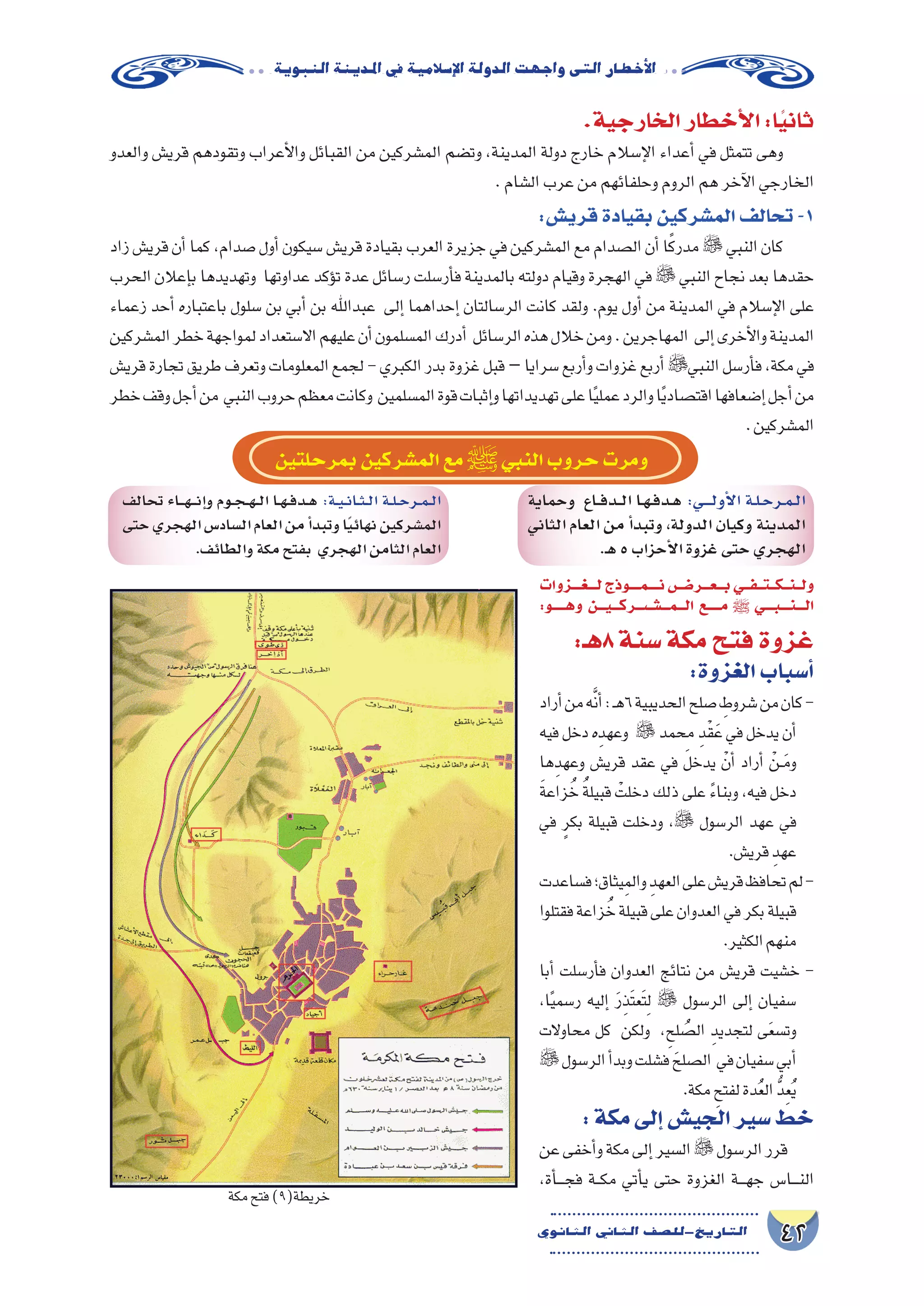 42‫الثانوي‬ ‫الثاين‬ ‫التاريخ-لل�صف‬
‫النبوية‬‫املدينة‬‫يف‬‫إ�سالمية‬‫ل‬‫ا‬‫الدولة‬‫واجهت‬‫التى‬‫أخطار‬‫ل‬‫ا‬
‫ل����غ����زوات‬‫ن����م����وذج‬‫ب���ع���ر����ض‬‫ول���ن���ك���ت���ف���ي‬
:‫وه�����و‬ ‫ال���م�������ش���رك���ي���ن‬ ‫م�����ع‬ ‫ﷺ‬ ‫ال����ن����ب����ي‬
:‫8هـ‬‫�سنة‬‫مكة‬‫فتح‬‫غزوة‬
:‫الغزوة‬‫أ�سباب‬�
‫أراد‬�‫من‬‫ه‬َّ‫ن‬‫أ‬�:‫ـ‬‫ه‬6‫الحديبية‬‫�صلح‬ ِ‫�شروط‬‫من‬‫كان‬-
‫فيه‬‫دخل‬‫ه‬ِ‫وعهد‬ ‫محمد‬ ِ‫د‬ْ‫ق‬َ‫ع‬‫في‬‫يدخل‬‫أن‬�
‫ها‬ِ‫وعهد‬ ‫قري�ش‬ ‫عقد‬ ‫في‬ َ‫يدخل‬ ْ‫أن‬� ‫أراد‬� ْ‫��ن‬َ‫م‬‫و‬
َ‫ة‬‫زاع‬ُ‫خ‬ ُ‫ة‬‫قبيل‬ ْ‫دخلت‬‫ذلك‬‫على‬ ً‫ء‬‫وبنا‬،‫فيه‬‫دخل‬
‫في‬ ٍ‫بكر‬ ‫قبيلة‬ ‫ودخلت‬ ، ‫الر�سول‬ ‫عهد‬ ‫في‬
.‫قري�ش‬ ِ‫عهد‬
‫ف�ساعدت‬‫يثاق؛‬ِ‫والم‬ ِ‫العهد‬‫على‬‫قري�ش‬‫تحافظ‬‫لم‬-
‫فقتلوا‬‫زاعة‬ُ‫خ‬‫قبيلة‬‫على‬‫العدوان‬‫في‬‫بكر‬‫قبيلة‬
.‫الكثير‬‫منهم‬
‫أبا‬� ‫أر�سلت‬�‫ف‬ ‫العدوان‬ ‫نتائج‬ ‫من‬ ‫قري�ش‬ ‫خ�شيت‬ -
،‫ا‬ً‫ي‬‫ر�سم‬ ‫إليه‬� َ‫ر‬ِ‫ذ‬َ‫ت‬‫ع‬َ‫ت‬ِ‫ل‬  ‫الر�سول‬ ‫إلى‬� ‫�سفيان‬
‫محاوالت‬ ‫كل‬ ‫ولكن‬ ،ِ‫لح‬ ُ‫ال�ص‬ ِ‫لتجديد‬ ‫ى‬َ‫ع‬‫وت�س‬
‫الر�سول‬‫أ‬�‫وبد‬‫ف�شلت‬ َ‫ال�صلح‬ ‫في‬‫�سفيان‬‫أبي‬�
.‫مكة‬ ِ‫لفتح‬‫دة‬ُ‫ع‬‫ال‬ ُّ‫د‬ِ‫ع‬ُ‫ي‬
:‫مكة‬‫إلى‬�‫الجي�ش‬‫�سير‬‫خط‬
‫عن‬‫أخفى‬�‫و‬‫مكة‬‫إلى‬�‫ال�سير‬‫الر�سول‬‫قرر‬
،‫أة‬�‫ـ‬‫ـ‬‫ـ‬‫ج‬‫ف‬ ‫ـة‬‫ـ‬‫ك‬‫م‬ ‫أتي‬�‫ي‬ ‫حتى‬ ‫الغزوة‬ ‫ـة‬‫ـ‬‫ـ‬‫ه‬‫ج‬ ‫ـا�س‬‫ـ‬‫ـ‬‫ن‬‫ال‬
.‫الخارجية‬‫أخطار‬‫ل‬‫ا‬:‫ا‬ً‫ي‬‫ثان‬
‫والعدو‬ ‫قري�ش‬ ‫وتقودهم‬ ‫أعراب‬‫ل‬‫وا‬ ‫القبائل‬ ‫من‬ ‫الم�شركين‬ ‫وت�ضم‬ ،‫المدينة‬ ‫دولة‬ ‫خارج‬ ‫إ�سالم‬‫ل‬‫ا‬ ‫أعداء‬� ‫في‬ ‫تتمثل‬ ‫وهى‬
.‫ال�شام‬‫عرب‬‫من‬‫وحلفائهم‬‫الروم‬‫هم‬‫آخر‬‫ل‬‫ا‬‫الخارجي‬
:‫قري�ش‬‫بقيادة‬‫الم�شركين‬‫تحالف‬-1
‫زاد‬‫قري�ش‬‫أن‬�‫كما‬،‫�صدام‬‫أول‬�‫�سيكون‬‫قري�ش‬‫بقيادة‬‫العرب‬‫جزيرة‬‫في‬‫الم�شركين‬‫مع‬‫ال�صدام‬‫أن‬�‫ا‬ً‫ك‬‫مدر‬‫النبي‬‫كان‬
‫الحرب‬‫إعالن‬�‫ب‬‫وتهديدها‬ ‫عداوتها‬‫ؤكد‬�‫ت‬‫عدة‬‫ر�سائل‬‫أر�سلت‬�‫ف‬‫بالمدينة‬‫دولته‬‫وقيام‬‫الهجرة‬‫في‬‫النبي‬‫نجاح‬‫بعد‬‫حقدها‬
‫زعماء‬ ‫أحد‬� ‫باعتباره‬ ‫�سلول‬ ‫بن‬ ‫أبي‬� ‫بن‬ ‫عبداهلل‬ ‫إلى‬� ‫إحداهما‬� ‫الر�سالتان‬ ‫كانت‬ ‫ولقد‬ .‫يوم‬ ‫أول‬� ‫من‬ ‫المدينة‬ ‫في‬ ‫إ�سالم‬‫ل‬‫ا‬ ‫على‬
‫الم�شركين‬‫خطر‬‫لمواجهة‬‫اال�ستعداد‬‫عليهم‬‫أن‬�‫الم�سلمون‬‫أدرك‬� ‫الر�سائل‬‫هذه‬‫خالل‬‫ومن‬.‫المهاجرين‬ ‫إلى‬�‫أخرى‬‫ل‬‫وا‬‫المدينة‬
‫قري�ش‬‫تجارة‬‫طريق‬‫وتعرف‬‫المعلومات‬‫لجمع‬-‫الكبري‬‫بدر‬‫غزوة‬‫قبل‬–‫�سرايا‬‫أربع‬�‫و‬‫غزوات‬‫أربع‬�‫النبي‬‫أر�سل‬�‫ف‬،‫مكة‬‫في‬
‫خطر‬‫وقف‬‫أجل‬�‫من‬ ‫النبي‬‫حروب‬‫معظم‬‫وكانت‬ ‫الم�سلمين‬‫قوة‬‫إثبات‬�‫و‬‫تهديداتها‬‫على‬‫ا‬ً‫ي‬‫عمل‬‫والرد‬‫ا‬ً‫ي‬‫اقت�صاد‬‫إ�ضعافها‬�‫أجل‬�‫من‬
.‫الم�شركين‬
‫بمرحلتين‬‫الم�شركين‬‫مع‬‫ﷺ‬‫النبي‬‫حروب‬‫ومرت‬
‫وحماية‬ ‫�اع‬��‫ف‬‫�د‬��‫ل‬‫ا‬ ‫�ا‬�‫ه‬��‫ف‬‫�د‬�‫ه‬ :‫�ي‬����‫ل‬‫أو‬‫ل‬‫ا‬ ‫�ة‬�‫ل‬��‫ح‬‫�ر‬�‫م‬��‫ل‬‫ا‬
‫الثاني‬ ‫العام‬ ‫من‬ ‫أ‬�‫وتبد‬ ،‫الدولة‬ ‫وكيان‬ ‫المدينة‬
.‫ـ‬‫ه‬5‫أحزاب‬‫ل‬‫ا‬‫غزوة‬‫حتى‬‫الهجري‬
‫تحالف‬ ‫�اء‬���‫ه‬����‫ن‬‫إ‬�‫و‬ ‫�وم‬�‫ج‬��‫ه‬��‫ل‬‫ا‬ ‫�ا‬�‫ه‬��‫ف‬‫�د‬�‫ه‬ :‫�ة‬�‫ي‬��‫ن‬‫�ا‬�‫ث‬��‫ل‬‫ا‬ ‫�ة‬�‫ل‬��‫ح‬‫�ر‬�‫م‬��‫ل‬‫ا‬
‫حتى‬‫الهجري‬‫ال�ساد�س‬‫العام‬‫من‬‫أ‬�‫وتبد‬‫ا‬ً‫ي‬‫نهائ‬‫الم�شركين‬
.‫والطائف‬‫مكة‬‫بفتح‬ ‫الهجري‬‫الثامن‬‫العام‬
‫مكة‬‫فتح‬)9(‫خريطة‬
 