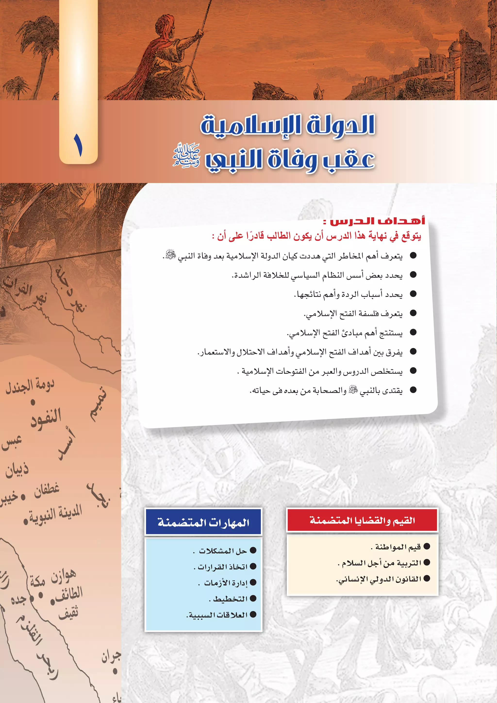 ‫الثانية‬‫الوحدة‬
47 ‫الثانوي‬ ‫الثاين‬ ‫التاريخ-لل�صف‬
: ‫أن‬� ‫على‬ ‫ا‬ ً‫قادر‬ ‫الطالب‬ ‫يكون‬ ‫أن‬� ‫الدر�س‬ ‫هذا‬ ‫نهاية‬ ‫يف‬ ‫يتوقع‬
. ●● ‫النبي‬‫وفاة‬‫بعد‬‫إ�سالمية‬‫ل‬‫ا‬‫الدولة‬‫كيان‬‫هددت‬‫التي‬‫املخاطر‬‫أهم‬�‫يتعرف‬
.‫الرا�شدة‬‫للخالفة‬‫ال�سيا�سي‬‫النظام‬‫أ�س�س‬�‫بع�ض‬‫يحدد‬ ●●
.‫نتائجها‬‫أهم‬�‫و‬‫الردة‬‫أ�سباب‬�‫يحدد‬ ●●
.‫إ�سالمي‬‫ل‬‫ا‬‫الفتح‬‫فل�سفة‬‫يتعرف‬ ●●
.‫إ�سالمي‬‫ل‬‫ا‬‫الفتح‬‫مبادئ‬‫أهم‬�‫ي�ستنتج‬ ●●
.‫واال�ستعمار‬‫االحتالل‬‫أهداف‬�‫و‬‫إ�سالمي‬‫ل‬‫ا‬‫الفتح‬‫أهداف‬�‫بني‬‫يفرق‬ ●●
.‫إ�سالمية‬‫ل‬‫ا‬‫الفتوحات‬‫من‬‫والعرب‬‫الدرو�س‬‫ي�ستخل�ص‬ ●●
.‫حياته‬‫فى‬‫بعده‬‫من‬‫وال�صحابة‬ ●● ‫بالنبي‬‫يقتدى‬
.‫المواطنة‬‫قيم‬ ●●
.‫ال�سالم‬‫أجل‬�‫من‬‫التربية‬ ●●
.‫إن�ساني‬‫ل‬‫ا‬‫الدولي‬‫القانون‬ ●●
‫المت�ضمنة‬‫والق�ضايا‬‫القيم‬
. ‫الم�شكالت‬‫حل‬ ●●
.‫القرارات‬‫اتخاذ‬ ●●
. ‫أزمات‬‫ل‬‫ا‬‫إدارة‬� ●●
.‫التخطيط‬ ●●
.‫ال�سببية‬‫العالقات‬ ●●
‫المت�ضمنة‬‫المهارات‬
1 ‫ﷺ‬
: ‫الدرس‬ ‫أهداف‬
 