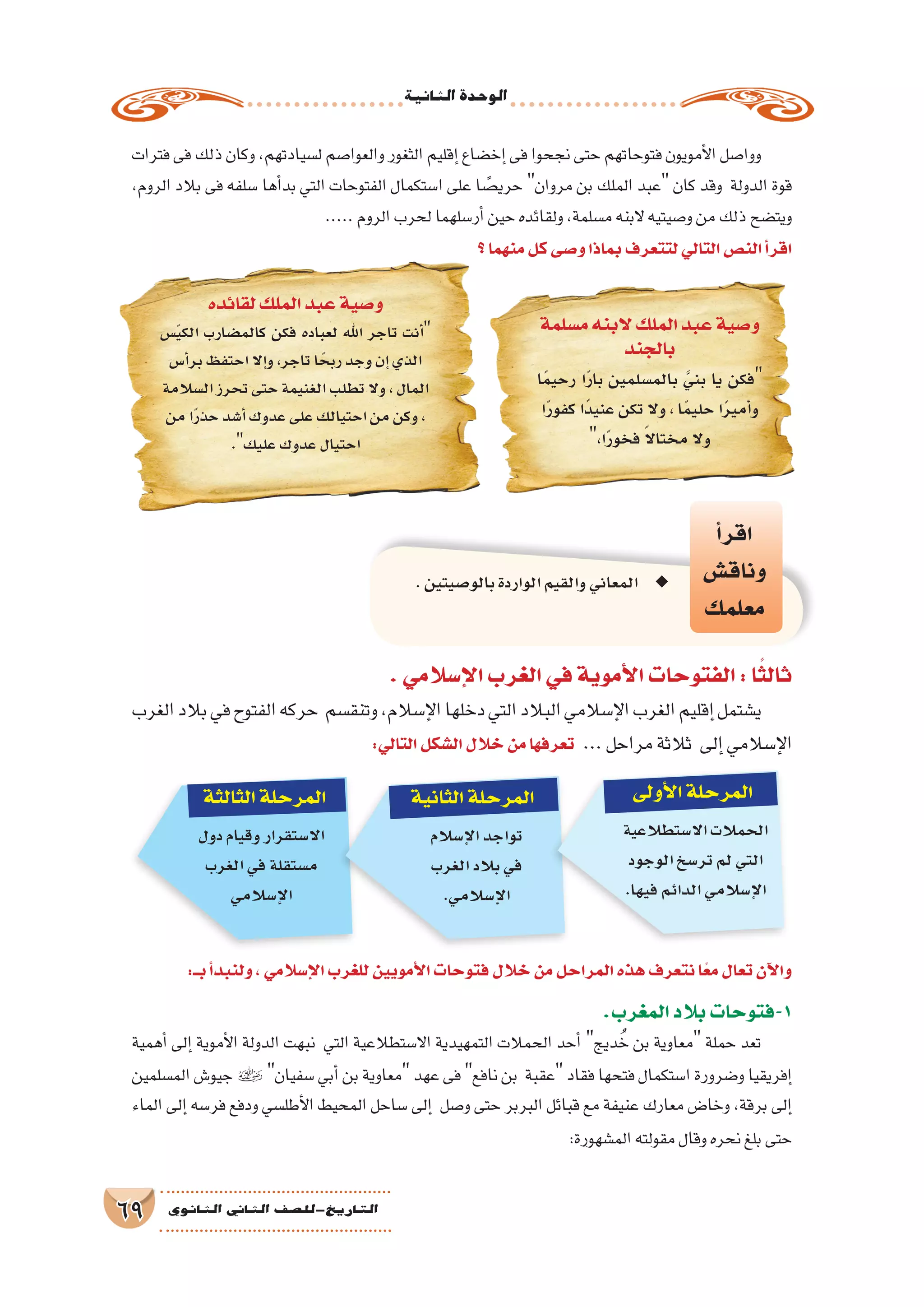 ‫الثانية‬‫الوحدة‬
69 ‫الثانوي‬ ‫الثاين‬ ‫التاريخ-لل�صف‬
‫فترات‬ ‫فى‬ ‫ذلك‬ ‫وكان‬ ،‫ل�سيادتهم‬ ‫والعوا�صم‬ ‫الثغور‬ ‫إقليم‬� ‫إخ�ضاع‬� ‫فى‬ ‫نجحوا‬ ‫حتى‬ ‫فتوحاتهم‬ ‫أمويون‬‫ل‬‫ا‬ ‫ووا�صل‬
،‫الروم‬ ‫بالد‬ ‫فى‬ ‫�سلفه‬ ‫أها‬�‫بد‬ ‫التي‬ ‫الفتوحات‬ ‫ا�ستكمال‬ ‫على‬ ‫ا‬ ً‫حري�ص‬ ‫مروان‬ ‫بن‬ ‫الملك‬ ‫عبد‬ ‫كان‬ ‫وقد‬ ‫الدولة‬ ‫قوة‬
.....‫الروم‬‫لحرب‬‫أر�سلهما‬�‫حين‬‫ولقائده‬،‫م�سلمة‬‫البنه‬‫و�صيتيه‬‫من‬‫ذلك‬‫ويت�ضح‬
‫؟‬‫منهما‬‫كل‬‫و�صى‬‫بماذا‬‫لتتعرف‬‫التالي‬‫الن�ص‬‫أ‬�‫اقر‬
‫أ‬�‫اقر‬
‫وناق�ش‬
‫معلمك‬
.‫بالو�صيتين‬‫الواردة‬‫والقيم‬‫المعاني‬ ◆◆
.‫إ�سالمي‬‫ل‬‫ا‬‫الغرب‬‫في‬‫أموية‬‫ل‬‫ا‬‫الفتوحات‬:‫ا‬ً‫ثالث‬
‫الغرب‬‫بالد‬‫في‬‫الفتوح‬‫حركه‬ ‫وتنق�سم‬،‫إ�سالم‬‫ل‬‫ا‬‫دخلها‬‫التي‬‫البالد‬‫إ�سالمي‬‫ل‬‫ا‬‫الغرب‬‫إقليم‬�‫ي�شتمل‬
:‫التالي‬‫ال�شكل‬‫خالل‬‫من‬‫تعرفها‬ ...‫مراحل‬‫ثالثة‬ ‫إلى‬�‫إ�سالمي‬‫ل‬‫ا‬
‫دول‬‫وقيام‬‫اال�ستقرار‬
‫الغرب‬‫في‬‫م�ستقلة‬
‫إ�سالمي‬‫ل‬‫ا‬
‫إ�سالم‬‫ل‬‫ا‬‫تواجد‬
‫الغرب‬‫بالد‬‫في‬
.‫إ�سالمي‬‫ل‬‫ا‬
‫الثانية‬‫المرحلة‬‫الثالثة‬‫المرحلة‬
‫اال�ستطالعية‬‫الحمالت‬
‫الوجود‬‫تر�سخ‬‫لم‬‫التي‬
.‫فيها‬‫الدائم‬‫إ�سالمي‬‫ل‬‫ا‬
‫أولى‬‫ل‬‫ا‬‫المرحلة‬
:‫بــ‬‫أ‬�‫ولنبد‬،‫إ�سالمي‬‫ل‬‫ا‬‫للغرب‬‫أمويين‬‫ل‬‫ا‬‫فتوحات‬‫خالل‬‫من‬‫المراحل‬‫هذه‬‫نتعرف‬‫ا‬ً‫ع‬‫م‬‫تعال‬‫آن‬‫ل‬‫وا‬
‫م�سلمة‬‫البنه‬‫الملك‬‫عبد‬‫و�صية‬
‫بالجند‬
‫ا‬ً‫م‬‫رحي‬ ‫ا‬ً‫ر‬‫با‬ ‫بالم�سلمين‬ َّ‫بني‬ ‫يا‬ ‫فكن‬
‫ا‬ً‫ر‬‫كفو‬‫ًا‬‫د‬‫عني‬‫تكن‬‫وال‬،‫ا‬ً‫م‬‫حلي‬‫ا‬ً‫ر‬‫أمي‬�‫و‬
،‫ا‬ً‫ر‬‫فخو‬ ً‫ال‬‫مختا‬‫وال‬
‫لقائده‬‫الملك‬‫عبد‬‫و�صية‬
‫�س‬ً‫ي‬‫الك‬ ‫كالم�ضارب‬ ‫فكن‬ ‫لعباده‬ ‫اهلل‬ ‫تاجر‬ ‫أنت‬�
‫أ�س‬�‫بر‬‫احتفظ‬‫إال‬�‫و‬،‫تاجر‬‫ا‬ً‫ربح‬‫وجد‬‫إن‬�‫الذي‬
‫ال�سالمة‬‫تحرز‬‫حتى‬‫الغنيمة‬‫تطلب‬‫وال‬،‫المال‬
‫من‬‫ا‬ً‫ر‬‫حذ‬‫أ�شد‬�‫عدوك‬‫على‬‫احتيالك‬‫من‬‫وكن‬،
.‫عليك‬‫عدوك‬‫احتيال‬
.‫المغرب‬‫بالد‬‫1-فتوحات‬
‫أهمية‬� ‫إلى‬� ‫أموية‬‫ل‬‫ا‬ ‫الدولة‬ ‫نبهت‬ ‫التي‬ ‫اال�ستطالعية‬ ‫التمهيدية‬ ‫الحمالت‬ ‫أحد‬� ‫ديج‬ ُ‫خ‬ ‫بن‬ ‫معاوية‬ ‫حملة‬ ‫تعد‬
‫الم�سلمين‬ ‫جيو�ش‬  ‫�سفيان‬ ‫أبي‬� ‫بن‬ ‫معاوية‬ ‫عهد‬ ‫فى‬ ‫نافع‬ ‫بن‬ ‫عقبة‬ ‫فقاد‬ ‫فتحها‬ ‫ا�ستكمال‬ ‫و�ضرورة‬ ‫إفريقيا‬�
‫الماء‬ ‫إلى‬� ‫فر�سه‬ ‫ودفع‬ ‫أطل�سي‬‫ل‬‫ا‬ ‫المحيط‬ ‫�ساحل‬ ‫إلى‬� ‫و�صل‬ ‫حتى‬ ‫البربر‬ ‫قبائل‬ ‫مع‬ ‫عنيفة‬ ‫معارك‬ ‫وخا�ض‬ ،‫برقة‬ ‫إلى‬�
:‫الم�شهورة‬‫مقولته‬‫وقال‬‫نحره‬‫بلغ‬‫حتى‬
 
