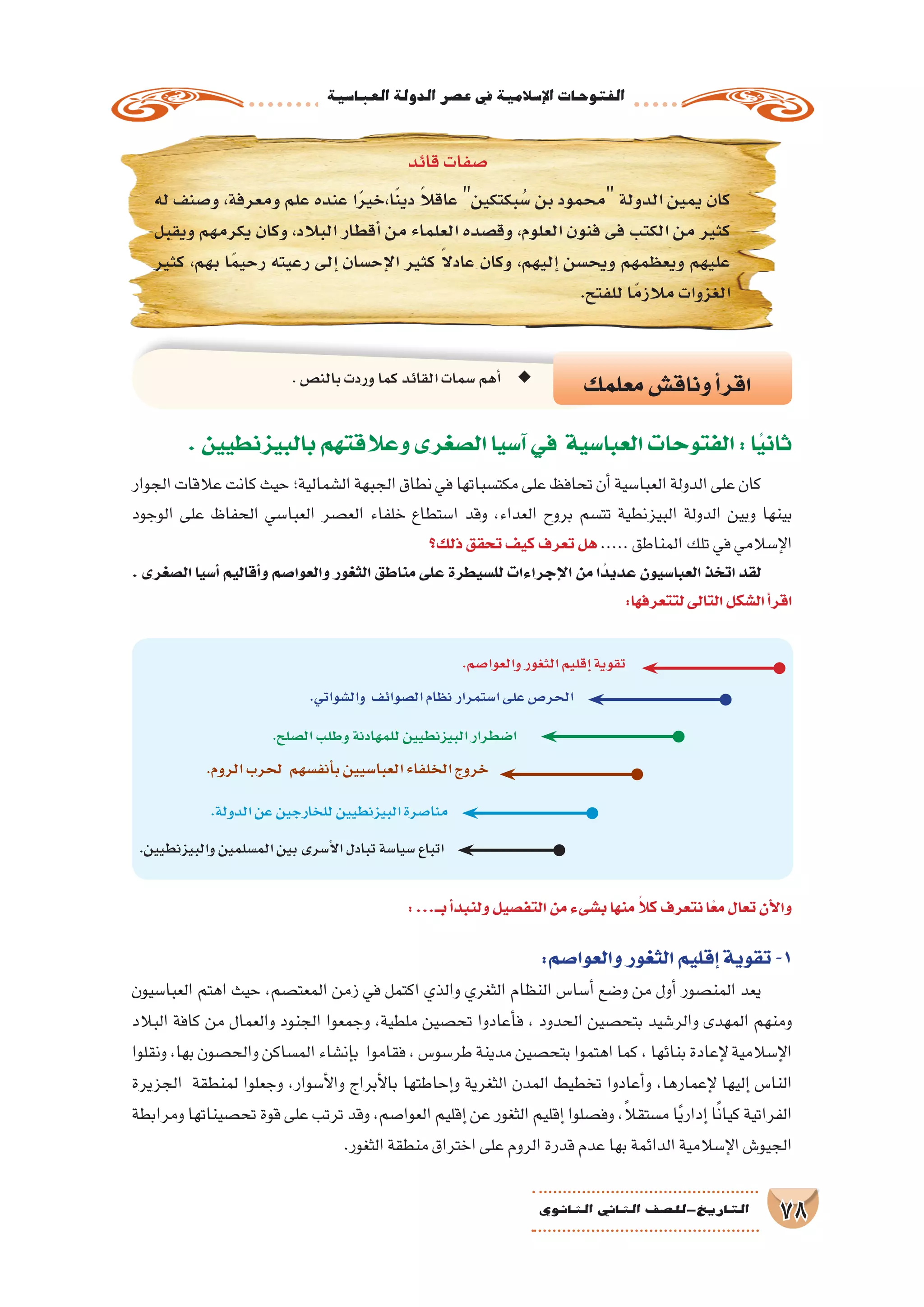 ‫العبا�سية‬‫الدولة‬‫ع�صر‬‫يف‬‫إ�سالمية‬‫ل‬‫ا‬‫الفتوحات‬
78‫الثانوي‬ ‫الثاين‬ ‫التاريخ-لل�صف‬
‫معلمك‬‫وناق�ش‬‫أ‬�‫اقر‬.‫بالن�ص‬‫وردت‬‫كما‬‫القائد‬‫�سمات‬‫أهم‬� ◆◆
.‫بالبيزنطيين‬‫وعالقتهم‬‫ال�صغرى‬‫آ�سيا‬�‫في‬ ‫العبا�سية‬‫الفتوحات‬:‫ا‬ً‫ي‬‫ثان‬
‫الجوار‬‫عالقات‬‫كانت‬‫حيث‬‫ال�شمالية؛‬‫الجبهة‬‫نطاق‬‫في‬‫مكت�سباتها‬‫على‬‫تحافظ‬‫أن‬�‫العبا�سية‬‫الدولة‬‫على‬‫كان‬
‫الوجود‬ ‫على‬ ‫الحفاظ‬ ‫العبا�سي‬ ‫الع�صر‬ ‫خلفاء‬ ‫ا�ستطاع‬ ‫وقد‬ ،‫العداء‬ ‫بروح‬ ‫تت�سم‬ ‫البيزنطية‬ ‫الدولة‬ ‫وبين‬ ‫بينها‬
‫ذلك؟‬‫تحقق‬‫كيف‬‫تعرف‬‫هل‬.....‫المناطق‬‫تلك‬‫في‬‫إ�سالمي‬‫ل‬‫ا‬
. ‫ال�صغرى‬ ‫أ�سيا‬� ‫أقاليم‬�‫و‬ ‫والعوا�صم‬ ‫الثغور‬ ‫مناطق‬ ‫على‬ ‫لل�سيطرة‬ ‫إجراءات‬‫ل‬‫ا‬ ‫من‬ ‫ا‬ ً‫عديد‬ ‫العبا�سيون‬ ‫اتخذ‬ ‫لقد‬
:‫لتتعرفها‬‫التالى‬‫ال�شكل‬‫أ‬�‫اقر‬
.‫والعوا�صم‬‫الثغور‬‫إقليم‬�‫تقوية‬
.‫الدولة‬‫عن‬‫للخارجين‬‫البيزنطيين‬‫منا�صرة‬
.‫والبيزنطيين‬‫الم�سلمين‬‫بين‬‫أ�سرى‬‫ل‬‫ا‬‫تبادل‬‫�سيا�سة‬‫اتباع‬
.‫وال�شواتي‬ ‫ال�صوائف‬‫نظام‬‫ا�ستمرار‬‫على‬‫الحر�ص‬
.‫ال�صلح‬‫وطلب‬‫للمهادنة‬‫البيزنطيين‬‫ا�ضطرار‬
.‫الروم‬‫لحرب‬ ‫أنف�سهم‬�‫ب‬‫العبا�سيين‬‫الخلفاء‬‫خروج‬
‫له‬ ‫و�صنف‬ ،‫ومعرفة‬ ‫علم‬ ‫عنده‬ ‫ا‬ً‫ر‬‫ا،خي‬ً‫ن‬‫دي‬ ً‫ال‬‫عاق‬ ‫بكتكين‬ُ‫�س‬ ‫بن‬ ‫محمود‬ ‫الدولة‬ ‫يمين‬ ‫كان‬
‫ويقبل‬ ‫يكرمهم‬ ‫وكان‬ ،‫البالد‬ ‫أقطار‬� ‫من‬ ‫العلماء‬ ‫وق�صده‬ ،‫العلوم‬ ‫فنون‬ ‫فى‬ ‫الكتب‬ ‫من‬ ‫كثير‬
‫كثير‬ ،‫بهم‬ ‫ا‬ً‫م‬‫رحي‬ ‫رعيته‬ ‫إلى‬� ‫إح�سان‬‫ل‬‫ا‬ ‫كثير‬ ً‫ال‬‫عاد‬ ‫وكان‬ ،‫إليهم‬� ‫ويح�سن‬ ‫ويعظمهم‬ ‫عليهم‬
.‫للفتح‬‫ا‬ً‫م‬‫مالز‬‫الغزوات‬
‫قائد‬‫�صفات‬
:...‫بــ‬‫أ‬�‫ولنبد‬‫التف�صيل‬‫من‬‫ب�شىء‬‫منها‬ ً‫كال‬‫نتعرف‬‫ا‬ً‫مع‬‫تعال‬‫أن‬‫ل‬‫وا‬
:‫والعوا�صم‬‫الثغور‬‫إقليم‬�‫تقوية‬-1
‫العبا�سيون‬ ‫اهتم‬ ‫حيث‬ ،‫المعت�صم‬ ‫زمن‬ ‫في‬ ‫اكتمل‬ ‫والذي‬ ‫الثغري‬ ‫النظام‬ ‫أ�سا�س‬� ‫و�ضع‬ ‫من‬ ‫أول‬� ‫المن�صور‬ ‫يعد‬
‫البالد‬ ‫كافة‬ ‫من‬ ‫والعمال‬ ‫الجنود‬ ‫وجمعوا‬ ،‫ملطية‬ ‫تح�صين‬ ‫أعادوا‬�‫ف‬ ، ‫الحدود‬ ‫بتح�صين‬ ‫والر�شيد‬ ‫المهدى‬ ‫ومنهم‬
‫ونقلوا‬،‫بها‬‫والح�صون‬‫الم�ساكن‬‫إن�شاء‬�‫ب‬ ‫فقاموا‬،‫طر�سو�س‬‫مدينة‬‫بتح�صين‬‫اهتموا‬‫كما‬،‫بنائها‬‫إعادة‬‫ل‬‫إ�سالمية‬‫ل‬‫ا‬
‫الجزيرة‬ ‫لمنطقة‬ ‫وجعلوا‬ ،‫أ�سوار‬‫ل‬‫وا‬ ‫أبراج‬‫ل‬‫با‬ ‫إحاطتها‬�‫و‬ ‫الثغرية‬ ‫المدن‬ ‫تخطيط‬ ‫أعادوا‬�‫و‬ ،‫إعمارها‬‫ل‬ ‫إليها‬� ‫النا�س‬
‫ومرابطة‬‫تح�صيناتها‬‫قوة‬‫على‬‫ترتب‬‫وقد‬،‫العوا�صم‬‫إقليم‬�‫عن‬‫الثغور‬‫إقليم‬�‫وف�صلوا‬،ً‫ال‬‫م�ستق‬‫ا‬ً‫ي‬‫إدار‬�‫ا‬ً‫ن‬‫كيا‬‫الفراتية‬
.‫الثغور‬‫منطقة‬‫اختراق‬‫على‬‫الروم‬‫قدرة‬‫عدم‬‫بها‬‫الدائمة‬‫إ�سالمية‬‫ل‬‫ا‬‫الجيو�ش‬
 
