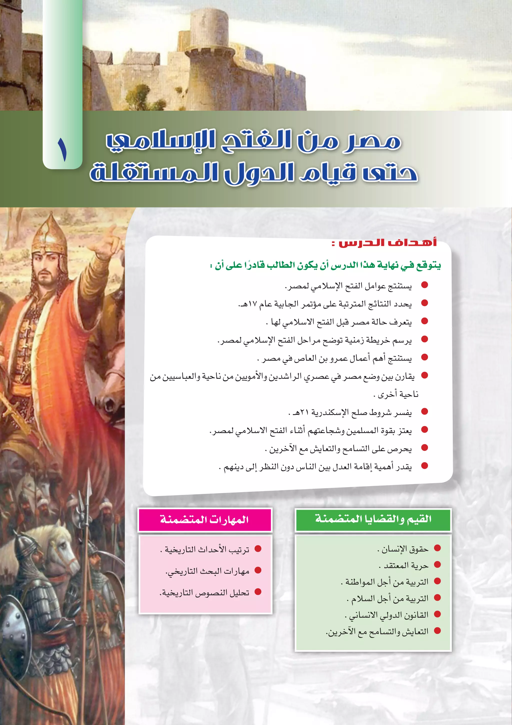 ‫الثالثة‬‫الوحدة‬
83 ‫الثانوي‬ ‫الثاين‬ ‫التاريخ-لل�صف‬
:‫أن‬�‫على‬‫ا‬ً‫قادر‬‫الطالب‬‫يكون‬‫أن‬�‫الدر�س‬‫هذا‬‫نهاية‬‫فـي‬‫يتوقع‬
.‫لم�صر‬‫إ�سالمي‬‫ل‬‫ا‬‫الفتح‬‫عوامل‬‫ي�ستنتج‬
.‫ـ‬‫ه‬17‫عام‬‫الجابية‬‫ؤتمر‬�‫م‬‫على‬‫المترتبة‬‫النتائج‬‫يحدد‬
.‫لها‬‫اال�سالمي‬‫الفتح‬‫قبل‬‫م�صر‬‫حالة‬‫يتعرف‬
.‫لم�صر‬‫إ�سالمي‬‫ل‬‫ا‬‫الفتح‬‫مراحل‬‫تو�ضح‬‫زمنية‬‫خريطة‬‫ير�سم‬
.‫م�صر‬‫في‬‫العا�ص‬‫بن‬‫عمرو‬‫أعمال‬�‫أهم‬�‫ي�ستنتج‬
‫من‬‫والعبا�سيين‬‫ناحية‬‫من‬‫أمويين‬‫ل‬‫وا‬‫الرا�شدين‬‫ع�صري‬‫في‬‫م�صر‬‫و�ضع‬‫بين‬‫يقارن‬
.‫أخرى‬�‫ناحية‬
.‫ـ‬‫ه‬21‫إ�سكندرية‬‫ل‬‫ا‬‫�صلح‬‫�شروط‬‫يف�سر‬
.‫لم�صر‬‫اال�سالمي‬‫الفتح‬‫أثناء‬�‫و�شجاعتهم‬‫الم�سلمين‬‫بقوة‬‫يعتز‬
.‫آخرين‬‫ل‬‫ا‬‫مع‬‫والتعاي�ش‬‫الت�سامح‬‫على‬‫يحر�ص‬
.‫دينهم‬‫إلى‬�‫النظر‬‫دون‬‫النا�س‬‫بين‬‫العدل‬‫إقامة‬�‫أهمية‬�‫يقدر‬
.‫إن�سان‬‫ل‬‫ا‬‫حقوق‬
.‫المعتقد‬‫حرية‬
.‫المواطنة‬‫أجل‬�‫من‬‫التربية‬
.‫ال�سالم‬‫أجل‬�‫من‬‫التربية‬
.‫االن�ساني‬‫الدولي‬‫القانون‬
.‫آخرين‬‫ل‬‫ا‬‫مع‬‫والت�سامح‬‫التعاي�ش‬
‫المت�ضمنة‬‫والق�ضايا‬‫القيم‬
.‫التاريخية‬‫أحداث‬‫ل‬‫ا‬‫ترتيب‬
.‫التاريخي‬‫البحث‬‫مهارات‬
.‫التاريخية‬‫الن�صو�ص‬‫تحليل‬
‫المت�ضمنة‬‫المهارات‬
1
: ‫الدرس‬ ‫أهداف‬
 