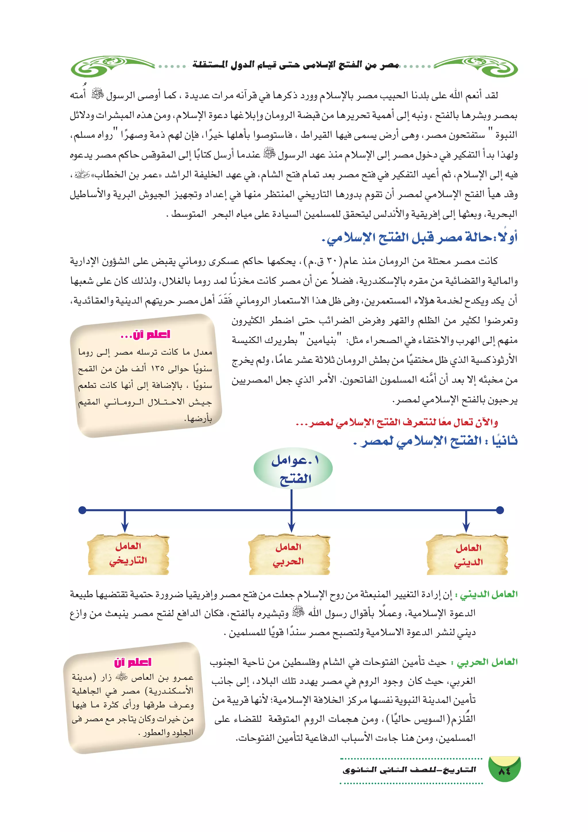 ‫ة‬‫امل�ستقل‬‫الدول‬‫قيام‬‫حتى‬‫إ�سالمى‬‫ل‬‫ا‬‫الفتح‬‫من‬‫م�صر‬
84‫الثانوي‬ ‫الثاين‬ ‫التاريخ-لل�صف‬
‫طبيعة‬‫تقت�ضيها‬‫حتمية‬‫�ضرورة‬‫إفريقيا‬�‫و‬‫م�صر‬‫فتح‬‫من‬‫جعلت‬‫إ�سالم‬‫ل‬‫ا‬‫روح‬‫من‬‫المنبعثة‬‫التغيير‬‫إرادة‬�‫إن‬�:‫الديني‬‫العامل‬
‫وازع‬ ‫من‬ ‫ينبعث‬ ‫م�صر‬ ‫لفتح‬ ‫الدافع‬ ‫فكان‬ ،‫بالفتح‬ ‫وتب�شيره‬  ‫اهلل‬ ‫ر�سول‬ ‫أقوال‬�‫ب‬ ً‫وعملا‬ ،‫إ�سالمية‬‫ل‬‫ا‬ ‫الدعوة‬
.‫للم�سلمين‬‫ا‬ً‫ي‬‫قو‬‫ا‬ً‫�سند‬‫م�صر‬‫ولت�صبح‬‫اال�سالمية‬‫الدعوة‬‫لن�شر‬‫ديني‬
‫الجنوب‬ ‫ناحية‬ ‫من‬ ‫وفل�سطين‬ ‫ال�شام‬ ‫في‬ ‫الفتوحات‬ ‫أمين‬�‫ت‬ ‫حيث‬ : ‫الحربي‬ ‫العامل‬
‫جانب‬ ‫إلى‬� ،‫البالد‬ ‫تلك‬ ‫يهدد‬ ‫م�صر‬ ‫في‬ ‫الروم‬ ‫وجود‬ ‫كان‬ ‫حيث‬ ،‫الغربي‬
‫من‬‫قريبة‬‫أنها‬‫ل‬‫إ�سالمية؛‬‫ل‬‫ا‬‫الخالفة‬‫مركز‬‫نف�سها‬‫النبوية‬‫المدينة‬‫أمين‬�‫ت‬
‫على‬ ‫للق�ضاء‬ ‫المتوقعة‬ ‫الروم‬ ‫هجمات‬ ‫ومن‬ ،)‫ا‬ً‫ي‬‫حال‬ ‫لزم(ال�سوي�س‬ُ‫ق‬‫ال‬
.‫الفتوحات‬‫أمين‬�‫لت‬‫الدفاعية‬‫أ�سباب‬‫ل‬‫ا‬‫جاءت‬‫هنا‬‫ومن‬،‫الم�سلمين‬
‫مته‬ُ‫أ‬� ‫الر�سول‬‫أو�صى‬�‫كما‬،‫عديدة‬‫مرات‬‫آنه‬�‫قر‬‫في‬‫ذكرها‬‫وورد‬‫إ�سالم‬‫ل‬‫با‬‫م�صر‬‫الحبيب‬‫بلدنا‬‫على‬‫اهلل‬‫أنعم‬�‫لقد‬
‫ودالئل‬‫المب�شرات‬‫هذه‬‫ومن‬،‫إ�سالم‬‫ل‬‫ا‬‫دعوة‬‫إبالغها‬�‫و‬‫الرومان‬‫قب�ضة‬‫من‬‫تحريرها‬‫أهمية‬�‫إلى‬�‫ونبه‬،‫بالفتح‬‫وب�شرها‬‫بم�صر‬
،‫م�سلم‬ ‫رواه‬ ‫ا‬ً‫ر‬‫و�صه‬ ‫ذمة‬ ‫لهم‬ ‫إن‬�‫ف‬ ،‫ا‬ً‫ر‬‫خي‬ ‫أهلها‬�‫ب‬ ‫فا�ستو�صوا‬ ، ‫القيراط‬ ‫فيها‬ ‫ي�سمى‬ ‫أر�ض‬� ‫وهى‬ ،‫م�صر‬ ‫�ستفتحون‬  ‫النبوة‬
‫يدعوه‬‫م�صر‬‫حاكم‬‫المقوق�س‬‫إلى‬�‫ا‬ً‫ب‬‫كتا‬‫أر�سل‬�‫عندما‬‫الر�سول‬‫عهد‬‫منذ‬‫إ�سالم‬‫ل‬‫ا‬‫إلى‬�‫م�صر‬‫دخول‬‫في‬‫التفكير‬‫أ‬�‫بد‬‫ولهذا‬
,»‫الخطاب‬‫بن‬‫«عمر‬‫الرا�شد‬‫الخليفة‬‫عهد‬‫في‬،‫ال�شام‬‫فتح‬‫تمام‬‫بعد‬‫م�صر‬‫فتح‬‫في‬‫التفكير‬‫أعيد‬�‫ثم‬،‫إ�سالم‬‫ل‬‫ا‬‫إلى‬�‫فيه‬
‫أ�ساطيل‬‫ل‬‫وا‬ ‫البرية‬ ‫الجيو�ش‬ ‫وتجهيز‬ ‫إعداد‬� ‫في‬ ‫منها‬ ‫المنتظر‬ ‫التاريخي‬ ‫بدورها‬ ‫تقوم‬ ‫أن‬� ‫لم�صر‬ ‫إ�سالمي‬‫ل‬‫ا‬ ‫الفتح‬ ‫أ‬�‫هي‬ ‫وقد‬
.‫المتو�سط‬ ‫البحر‬‫مياه‬‫على‬‫ال�سيادة‬‫للم�سلمين‬‫ليتحقق‬‫أندل�س‬‫ل‬‫وا‬‫إفريقية‬�‫إلى‬�‫وبعثها‬،‫البحرية‬
.‫إ�سالمي‬‫ل‬‫ا‬‫الفتح‬‫قبل‬‫م�صر‬‫:حالة‬ ً‫ا‬‫أول‬�
‫إدارية‬‫ل‬‫ا‬ ‫ؤون‬�‫ال�ش‬ ‫على‬ ‫يقب�ض‬ ‫روماني‬ ‫ع�سكرى‬ ‫حاكم‬ ‫يحكمها‬ ،)‫ق.م‬ 30(‫عام‬ ‫منذ‬ ‫الرومان‬ ‫من‬ ‫محتلة‬ ‫م�صر‬ ‫كانت‬
‫�شعبها‬ ‫على‬ ‫كان‬ ‫ولذلك‬ ،‫بالغالل‬ ‫روما‬ ‫لمد‬ ‫ا‬ً‫ن‬‫مخز‬ ‫كانت‬ ‫م�صر‬ ‫أن‬� ‫عن‬ ً‫ال‬‫ف�ض‬ ،‫إ�سكندرية‬‫ل‬‫با‬ ‫مقره‬ ‫من‬ ‫والق�ضائية‬ ‫والمالية‬
،‫والعقائدية‬‫الدينية‬‫حريتهم‬‫م�صر‬‫أهل‬� َ‫د‬َ‫ق‬َ‫ف‬ ‫الروماني‬‫اال�ستعمار‬‫هذا‬‫ظل‬‫وفى‬،‫الم�ستعمرين‬‫ؤالء‬�‫ه‬‫لخدمة‬‫ويكدح‬‫يكد‬ ‫أن‬�
‫الكثيرون‬ ‫ا�ضطر‬ ‫حتى‬ ‫ال�ضرائب‬ ‫وفر�ض‬ ‫والقهر‬ ‫الظلم‬ ‫من‬ ‫لكثير‬ ‫وتعر�ضوا‬
‫الكني�سة‬‫بطريرك‬‫بنيامين‬ :‫مثل‬‫ال�صحراء‬‫في‬‫واالختفاء‬‫الهرب‬‫إلى‬�‫منهم‬
‫يخرج‬‫ولم‬،‫ا‬ً‫عام‬‫ع�شر‬‫ثالثة‬‫الرومان‬‫بط�ش‬‫من‬‫ا‬ً‫ي‬‫مختف‬‫ظل‬‫الذي‬‫أرثوذك�سية‬‫ل‬‫ا‬
‫الم�صريين‬ ‫جعل‬ ‫الذي‬ ‫أمر‬‫ل‬‫ا‬ .‫الفاتحون‬ ‫الم�سلمون‬ ‫نه‬َّ‫م‬‫أ‬� ‫أن‬� ‫بعد‬ ‫إال‬� ‫مخبئه‬ ‫من‬
.‫لم�صر‬‫إ�سالمي‬‫ل‬‫ا‬‫بالفتح‬‫يرحبون‬
...‫لم�صر‬‫إ�سالمي‬‫ل‬‫ا‬‫الفتح‬‫لنتعرف‬‫ا‬ً‫ع‬‫م‬‫تعال‬‫آن‬‫ل‬‫وا‬
‫1.عوامل‬
‫الفتح‬
‫العامل‬
‫الديني‬
‫العامل‬
‫الحربي‬
‫العامل‬
‫التاريخي‬
‫أن‬ ‫اعلم‬
‫(مدينة‬ ‫زار‬  ‫العا�ص‬ ‫��ن‬‫ب‬ ‫��رو‬‫م‬��‫ع‬
‫الجاهلية‬ ‫��ي‬‫ف‬ ‫م�صر‬ )‫��ة‬‫ي‬‫��در‬‫ن‬��‫ك‬��‫��س‬�‫أ‬‫ل‬‫ا‬
‫فيها‬ ‫��ا‬‫م‬ ‫كثرة‬ ‫أى‬�‫ور‬ ‫طرقها‬ ‫��رف‬‫ع‬‫و‬
‫فى‬ ‫م�صر‬ ‫مع‬ ‫يتاجر‬ ‫وكان‬ ‫خيرات‬ ‫من‬
.‫والعطور‬‫الجلود‬
...‫أن‬ ‫اعلم‬
‫روما‬ ‫��ى‬‫ل‬‫إ‬� ‫م�صر‬ ‫تر�سله‬ ‫كانت‬ ‫ما‬ ‫معدل‬
‫القمح‬ ‫من‬ ‫طن‬ ‫��ف‬‫ل‬‫أ‬� 135 ‫حوالى‬ ‫ا‬ً‫ي‬‫�سنو‬
‫تطعم‬ ‫كانت‬ ‫أنها‬� ‫إلى‬� ‫إ�ضافة‬‫ل‬‫با‬ ، ‫ا‬ً‫ي‬‫�سنو‬
‫المقيم‬ ‫���ي‬‫ن‬‫���ا‬‫م‬‫���رو‬‫ل‬‫ا‬ ‫���ت�ل�ال‬‫ح‬‫اال‬ ‫�����ش‬‫ي‬��‫ج‬
.‫أر�ضها‬�‫ب‬
.‫لم�صر‬‫إ�سالمي‬‫ل‬‫ا‬‫الفتح‬:‫ا‬ً‫ي‬‫ثان‬
 