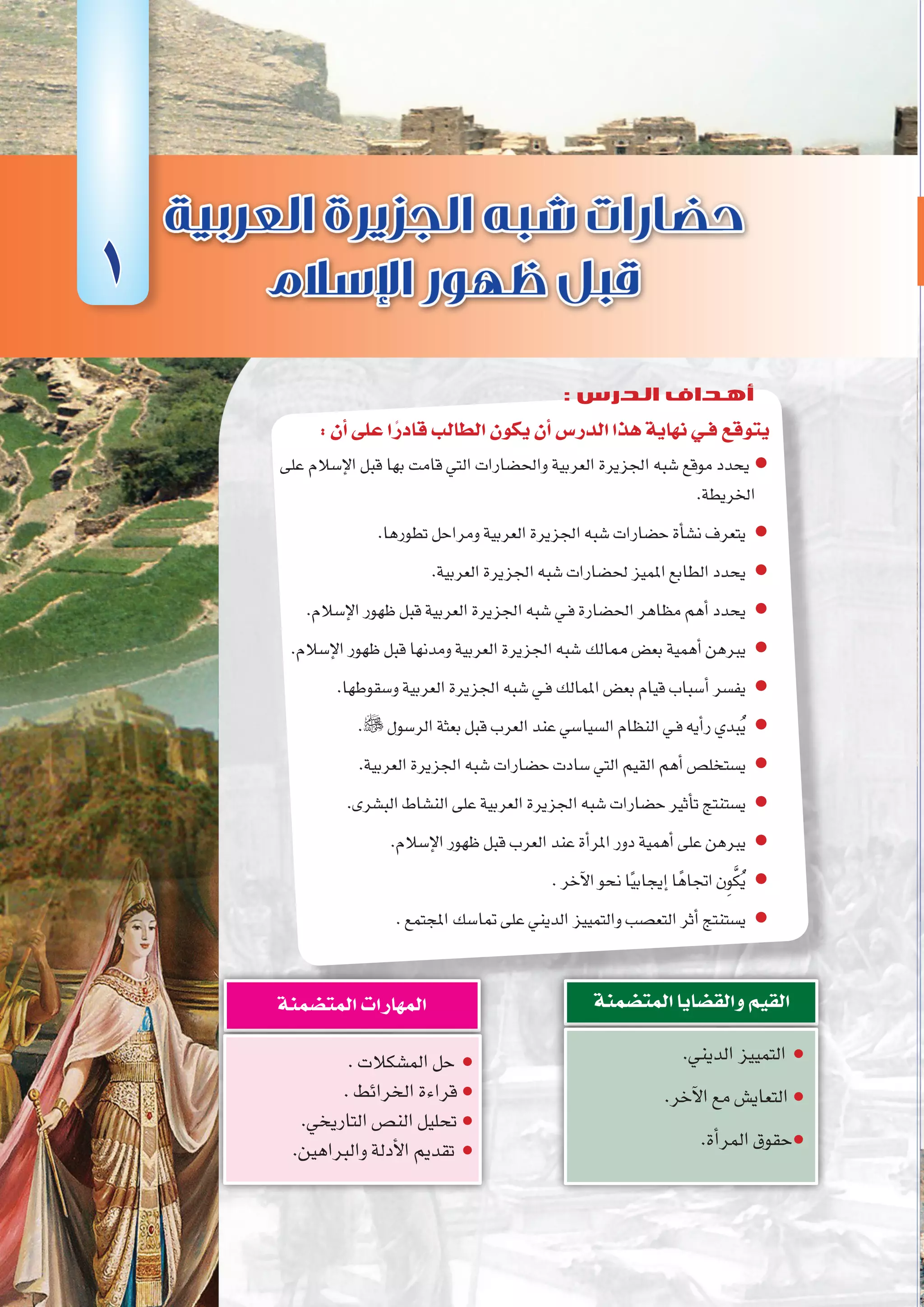 ‫أوىل‬‫ل‬‫ا‬‫الوحدة‬
9 ‫الثانوي‬ ‫الثاين‬ ‫التاريخ-لل�صف‬
:‫أن‬�‫على‬‫ا‬ً‫قادر‬‫الطالب‬‫يكون‬‫أن‬�‫الدر�س‬‫هذا‬‫نهاية‬‫فـي‬‫يتوقع‬
‫على‬ ‫إ�سالم‬‫ل‬‫ا‬ ‫قبل‬ ‫بها‬ ‫قامت‬ ‫التي‬ ‫واحل�ضارات‬ ‫العربية‬ ‫اجلزيرة‬ ‫�شبه‬ ‫موقع‬ ‫يحدد‬ ●
.‫اخلريطة‬
.‫تطورها‬‫ومراحل‬‫العربية‬‫اجلزيرة‬‫�شبه‬‫ح�ضارات‬‫أة‬�‫ن�ش‬‫يتعرف‬ ●
.‫العربية‬‫اجلزيرة‬‫�شبه‬‫حل�ضارات‬ ‫املميز‬‫الطابع‬‫يحدد‬ ●
.‫إ�سالم‬‫ل‬‫ا‬‫ظهور‬‫قبل‬‫العربية‬‫اجلزيرة‬‫�شبه‬‫ـي‬‫ف‬‫احل�ضارة‬‫مظاهر‬‫أهم‬�‫يحدد‬ ●
.‫إ�سالم‬‫ل‬‫ا‬‫ظهور‬‫قبل‬‫ومدنها‬‫العربية‬‫اجلزيرة‬‫�شبه‬‫ممالك‬ ‫بع�ض‬‫أهمية‬�‫يربهن‬ ●
.‫و�سقوطها‬‫العربية‬‫اجلزيرة‬‫�شبه‬‫ـي‬‫ف‬‫املمالك‬‫بع�ض‬‫قيام‬‫أ�سباب‬�‫يف�سر‬ ●
. ‫الر�سول‬‫بعثة‬‫قبل‬‫العرب‬‫عند‬‫ال�سيا�سي‬‫النظام‬‫ـي‬‫ف‬‫أيه‬�‫ر‬‫بدي‬ُ‫ي‬ ●
.‫العربية‬‫اجلزيرة‬‫�شبه‬‫ح�ضارات‬‫�سادت‬‫التي‬‫القيم‬‫أهم‬�‫ي�ستخل�ص‬ ●
.‫الب�شرى‬‫الن�شاط‬‫على‬‫العربية‬‫اجلزيرة‬‫�شبه‬‫ح�ضارات‬‫أثري‬�‫ت‬‫ي�ستنتج‬ ●
.‫إ�سالم‬‫ل‬‫ا‬‫ظهور‬‫قبل‬‫العرب‬‫عند‬‫أة‬�‫املر‬‫دور‬‫أهمية‬�‫على‬‫يربهن‬ ●
.‫آخر‬‫ل‬‫ا‬‫نحو‬‫ا‬ً‫ي‬‫إيجاب‬�‫ا‬ً‫اجتاه‬‫ن‬ِ‫و‬َّ‫ك‬ُ‫ي‬ ●
.‫املجتمع‬‫متا�سك‬‫على‬‫الديني‬‫والتمييز‬‫التع�صب‬‫أثر‬�‫ي�ستنتج‬ ●
.‫الديني‬‫التمييز‬ ●
.‫آخر‬‫ل‬‫ا‬‫مع‬‫التعاي�ش‬●
.‫أة‬�‫المر‬‫حقوق‬●
‫المت�ضمنة‬‫والق�ضايا‬‫القيم‬
.‫الم�شكالت‬‫حل‬ ●
.‫الخرائط‬‫قراءة‬●
.‫التاريخي‬‫الن�ص‬‫تحليل‬●
.‫والبراهين‬‫أدلة‬‫ل‬‫ا‬‫تقديم‬ ●
‫المت�ضمنة‬‫المهارات‬
1
: ‫الدرس‬ ‫أهداف‬
 
