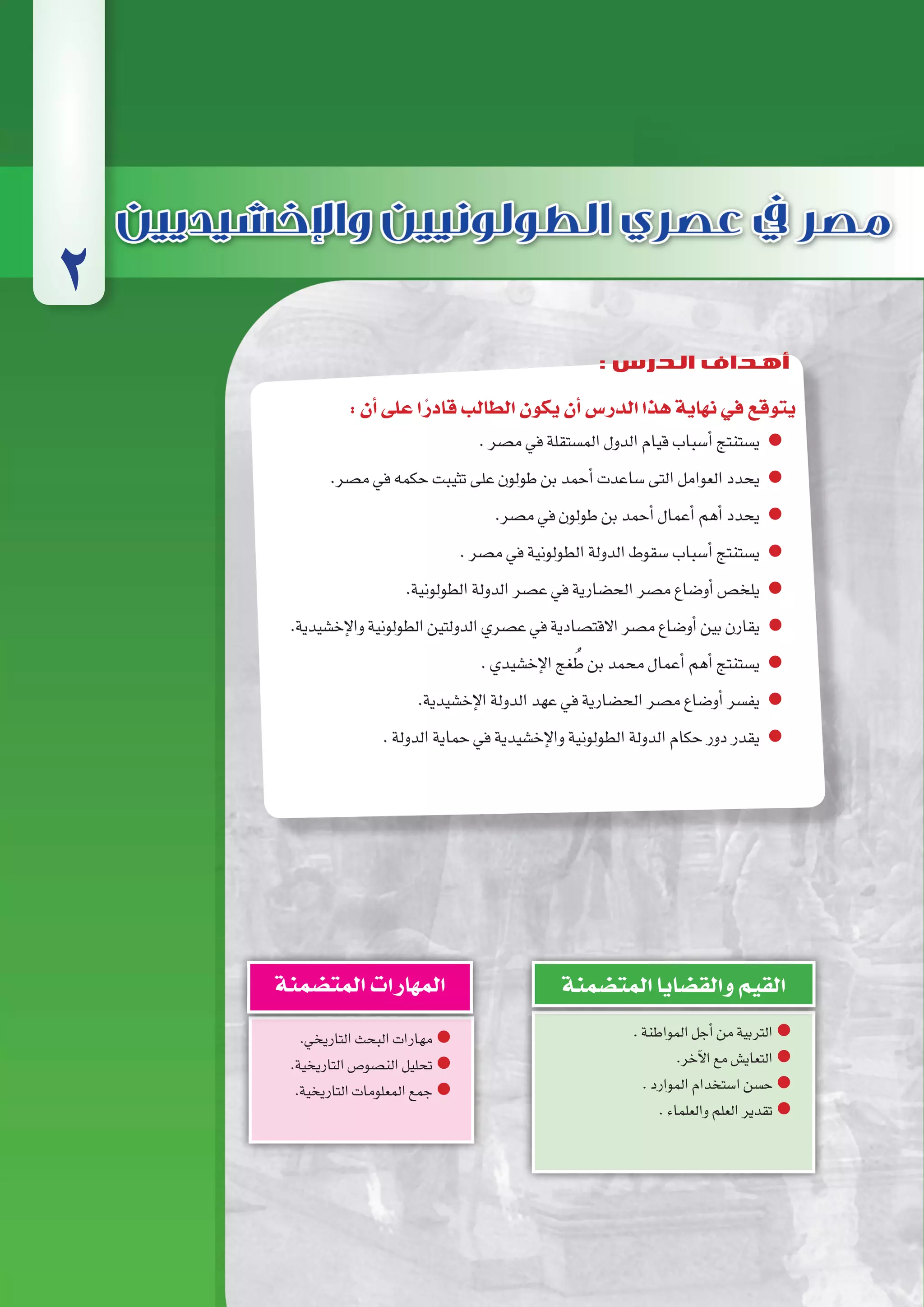 ‫ة‬‫امل�ستقل‬‫الدول‬‫قيام‬‫حتى‬‫إ�سالمى‬‫ل‬‫ا‬‫الفتح‬‫من‬‫م�صر‬
92‫الثانوي‬ ‫الثاين‬ ‫التاريخ-لل�صف‬
:‫أن‬�‫على‬‫ا‬ً‫قادر‬‫الطالب‬‫يكون‬‫أن‬�‫الدر�س‬‫هذا‬‫نهاية‬‫في‬‫يتوقع‬
.‫م�صر‬‫في‬‫الم�ستقلة‬‫الدول‬‫قيام‬‫أ�سباب‬�‫ي�ستنتج‬
.‫م�صر‬‫في‬‫حكمه‬‫تثيبت‬‫على‬‫طولون‬‫بن‬‫أحمد‬�‫�ساعدت‬‫التى‬‫العوامل‬‫يحدد‬
.‫م�صر‬‫في‬‫طولون‬‫بن‬‫أحمد‬�‫أعمال‬�‫أهم‬�‫يحدد‬
.‫م�صر‬‫في‬‫الطولونية‬‫الدولة‬‫�سقوط‬‫أ�سباب‬�‫ي�ستنتج‬
.‫الطولونية‬‫الدولة‬‫ع�صر‬‫في‬‫الح�ضارية‬‫م�صر‬‫أو�ضاع‬�‫يلخ�ص‬
.‫إخ�شيدية‬‫ل‬‫وا‬‫الطولونية‬‫الدولتين‬‫ع�صري‬‫في‬‫االقت�صادية‬‫م�صر‬‫أو�ضاع‬�‫بين‬‫يقارن‬
.‫إخ�شيدي‬‫ل‬‫ا‬‫غج‬ ُ‫ط‬‫بن‬‫محمد‬‫أعمال‬�‫أهم‬�‫ي�ستنتج‬
.‫إخ�شيدية‬‫ل‬‫ا‬‫الدولة‬‫عهد‬‫في‬‫الح�ضارية‬‫م�صر‬‫أو�ضاع‬�‫يف�سر‬
.‫الدولة‬‫حماية‬‫في‬‫إخ�شيدية‬‫ل‬‫وا‬‫الطولونية‬‫الدولة‬‫حكام‬‫دور‬‫يقدر‬
.‫المواطنة‬‫أجل‬�‫من‬‫التربية‬
.‫آخر‬‫ل‬‫ا‬‫مع‬‫التعاي�ش‬
.‫الموارد‬‫ا�ستخدام‬‫ح�سن‬
.‫والعلماء‬‫العلم‬‫تقدير‬
‫المت�ضمنة‬‫والق�ضايا‬‫القيم‬
.‫التاريخي‬‫البحث‬‫مهارات‬
.‫التاريخية‬‫الن�صو�ص‬‫تحليل‬
.‫التاريخية‬‫المعلومات‬‫جمع‬
‫المت�ضمنة‬‫المهارات‬
2
: ‫الدرس‬ ‫أهداف‬
 