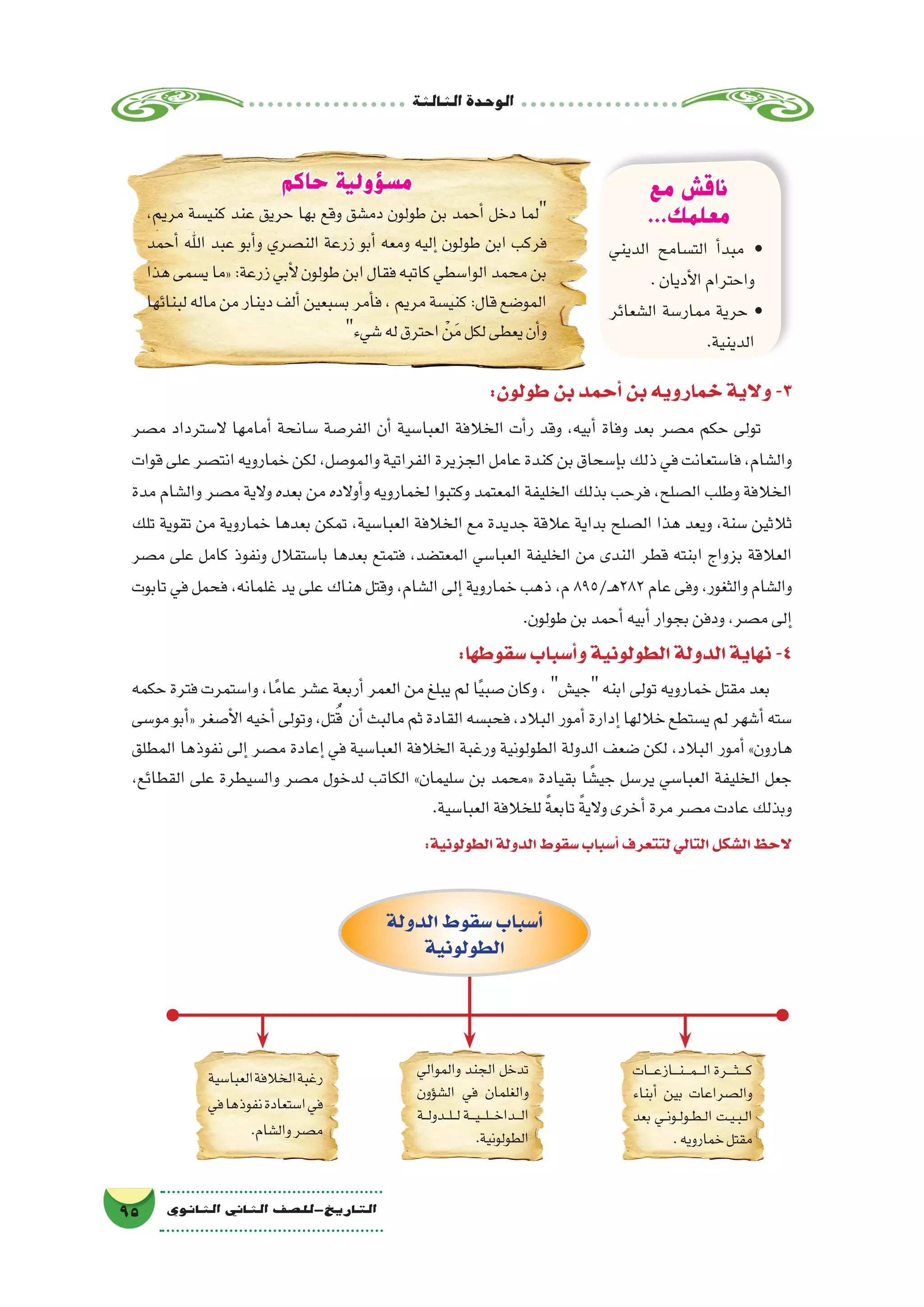 ‫الثالثة‬‫الوحدة‬
95 ‫الثانوي‬ ‫الثاين‬ ‫التاريخ-لل�صف‬
‫مع‬ ‫ناقش‬
...‫معلمك‬
‫الديني‬ ‫الت�سامح‬ ‫أ‬�‫مبد‬ •
.‫أديان‬‫ل‬‫ا‬‫واحترام‬
‫ال�شعائر‬ ‫ممار�سة‬ ‫حرية‬ •
.‫الدينية‬
‫حاكم‬ ‫مسؤولية‬
،‫مريم‬ ‫كني�سة‬ ‫عند‬ ‫حريق‬ ‫بها‬ ‫وقع‬ ‫دم�شق‬ ‫طولون‬ ‫بن‬ ‫أحمد‬� ‫دخل‬ ‫لما‬
‫أحمد‬� ‫اهلل‬ ‫عبد‬ ‫أبو‬�‫و‬ ‫الن�صري‬ ‫زرعة‬ ‫أبو‬� ‫ومعه‬ ‫إليه‬� ‫طولون‬ ‫ابن‬ ‫فركب‬
‫هذا‬‫ي�سمى‬‫«ما‬‫‏‬:‫‏‬‫ة‬‫زرع‬‫أبي‬‫ل‬‫طولون‬‫ابن‬‫فقال‬‫كاتبه‬‫الوا�سطي‬‫محمد‬‫بن‬
‫لبنائها‬‫ماله‬‫من‬‫دينار‬‫ألف‬�‫ب�سبعين‬‫أمر‬�‫ف‬،‫مريم‬‫كني�سة‬‫‏‬:‫‏‬‫ل‬‫قا‬‫المو�ضع‬
‫�شيء‬‫له‬‫احترق‬ ْ‫ن‬َ‫م‬‫لكل‬‫يعطى‬‫أن‬�‫و‬
:‫طولون‬‫بن‬‫أحمد‬�‫بن‬‫خمارويه‬‫والية‬-3
‫م�صر‬ ‫ال�سترداد‬ ‫أمامها‬� ‫�سانحة‬ ‫الفر�صة‬ ‫أن‬� ‫العبا�سية‬ ‫الخالفة‬ ‫أت‬�‫ر‬ ‫وقد‬ ،‫أبيه‬� ‫وفاة‬ ‫بعد‬ ‫م�صر‬ ‫حكم‬ ‫تولى‬
‫قوات‬‫على‬‫انت�صر‬‫خمارويه‬‫لكن‬،‫والمو�صل‬‫الفراتية‬‫الجزيرة‬‫عامل‬‫كندة‬‫بن‬‫إ�سحاق‬�‫ب‬‫ذلك‬‫في‬‫فا�ستعانت‬،‫وال�شام‬
‫مدة‬ ‫وال�شام‬ ‫م�صر‬ ‫والية‬ ‫بعده‬ ‫من‬ ‫أوالده‬�‫و‬ ‫لخمارويه‬ ‫وكتبوا‬ ‫المعتمد‬ ‫الخليفة‬ ‫بذلك‬ ‫فرحب‬ ،‫ال�صلح‬ ‫وطلب‬ ‫الخالفة‬
‫تلك‬ ‫تقوية‬ ‫من‬ ‫خماروية‬ ‫بعدها‬ ‫تمكن‬ ،‫العبا�سية‬ ‫الخالفة‬ ‫مع‬ ‫جديدة‬ ‫عالقة‬ ‫بداية‬ ‫ال�صلح‬ ‫هذا‬ ‫ويعد‬ ،‫�سنة‬ ‫ثالثين‬
‫م�صر‬ ‫على‬ ‫كامل‬ ‫ونفوذ‬ ‫با�ستقالل‬ ‫بعدها‬ ‫فتمتع‬ ،‫المعت�ضد‬ ‫العبا�سي‬ ‫الخليفة‬ ‫من‬ ‫الندى‬ ‫قطر‬ ‫ابنته‬ ‫بزواج‬ ‫العالقة‬
‫تابوت‬ ‫في‬ ‫فحمل‬ ،‫غلمانه‬ ‫يد‬ ‫على‬ ‫هناك‬ ‫وقتل‬ ،‫ال�شام‬ ‫إلى‬� ‫خماروية‬ ‫ذهب‬ ،‫م‬ 895/‫ـ‬‫ه‬282 ‫عام‬ ‫وفى‬ ،‫والثغور‬ ‫وال�شام‬
.‫طولون‬‫بن‬‫أحمد‬�‫أبيه‬�‫بجوار‬‫ودفن‬،‫م�صر‬‫إلى‬�
:‫�سقوطها‬‫أ�سباب‬�‫و‬‫الطولونية‬‫الدولة‬‫نهاية‬-4
‫حكمه‬ ‫فترة‬ ‫وا�ستمرت‬ ،‫ا‬ً‫عام‬ ‫ع�شر‬ ‫أربعة‬� ‫العمر‬ ‫من‬ ‫يبلغ‬ ‫لم‬ ‫ا‬ً‫ي‬‫�صب‬ ‫وكان‬ ، ‫جي�ش‬ ‫ابنه‬ ‫تولى‬ ‫خمارويه‬ ‫مقتل‬ ‫بعد‬
‫مو�سى‬‫أبو‬�«‫أ�صغر‬‫ل‬‫ا‬‫أخيه‬�‫وتولى‬،‫تل‬ُ‫ق‬ ‫أن‬�‫مالبث‬‫ثم‬‫القادة‬‫فحب�سه‬،‫البالد‬‫أمور‬�‫إدارة‬�‫خاللها‬‫ي�ستطع‬‫لم‬‫أ�شهر‬�‫�سته‬
‫المطلق‬ ‫نفوذها‬ ‫إلى‬� ‫م�صر‬ ‫إعادة‬� ‫في‬ ‫العبا�سية‬ ‫الخالفة‬ ‫ورغبة‬ ‫الطولونية‬ ‫الدولة‬ ‫�ضعف‬ ‫لكن‬ ،‫البالد‬ ‫أمور‬� »‫هارون‬
،‫القطائع‬ ‫على‬ ‫وال�سيطرة‬ ‫م�صر‬ ‫لدخول‬ ‫الكاتب‬ »‫�سليمان‬ ‫بن‬ ‫«محمد‬ ‫بقيادة‬ ‫ا‬ ً‫جي�ش‬ ‫ير�سل‬ ‫العبا�سي‬ ‫الخليفة‬ ‫جعل‬
.‫العبا�سية‬‫للخالفة‬ ً‫ة‬‫تابع‬ ً‫ة‬‫والي‬‫أخرى‬�‫مرة‬‫م�صر‬‫عادت‬‫وبذلك‬
:‫الطولونية‬‫الدولة‬‫�سقوط‬‫أ�سباب‬�‫لتتعرف‬‫التالي‬‫ال�شكل‬‫الحظ‬
‫���ات‬‫ع‬‫���از‬‫ن‬���‫م‬���‫ل‬‫ا‬‫����رة‬‫ث‬����‫ك‬
‫أبناء‬� ‫بين‬ ‫وال�صراعات‬
‫بعد‬ ‫��ي‬‫ن‬‫��و‬‫ل‬‫��و‬‫ط‬��‫ل‬‫ا‬ ‫��ت‬‫ي‬��‫ب‬��‫ل‬‫ا‬
.‫خمارويه‬‫مقتل‬
‫والموالي‬ ‫الجند‬ ‫تدخل‬
‫ؤون‬�‫ال�ش‬ ‫في‬ ‫والغلمان‬
‫��ة‬‫ل‬‫��دو‬‫ل‬��‫ل‬‫���ة‬‫ي‬���‫ل‬���‫خ‬‫���دا‬‫ل‬‫ا‬
.‫الطولونية‬
‫العبا�سية‬‫الخالفة‬‫رغبة‬
‫في‬‫نفوذها‬‫ا�ستعادة‬‫في‬
.‫وال�شام‬‫م�صر‬
‫الدولة‬‫�سقوط‬‫أ�سباب‬�
‫الطولونية‬
 