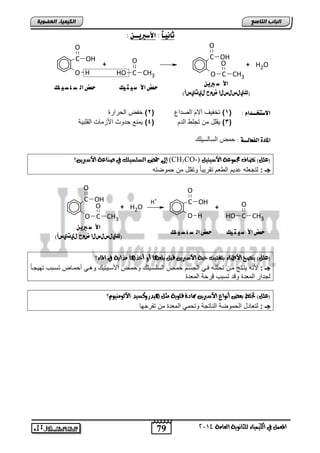 79 
اىجبة اىزبظع 
O 
O 
4102 المع في ايهٝ ُٝا ٤ ي جًا ْٜٛ ١ ايعا ١َ 
اىن بٍٍَء اىععى خٌ 
ثا يُـاً : الأطبريــ : 
O 
الأ ش بريو حمض الأ ش تً مً حمض اه ص و ص وًم 
(ن يٍسيسيا ضمح ي تٍ سٍأ) 
C 
O 
OH 
O 
H 
+ 
HO C 
CH3 
+ H2O 
C 
O 
OH 
O 
C 
CH3 
الاطتخــذا : ) 1( تئالم آلا ابيتاع ) 2( ئا اب تاتة 
3( لقفض م تجف ابت ) 4( لماع تلث الأحمضو ابقفالا ( 
المادة اهفعاهــة : م ابسضبسلفك 
إلى حم ايض ضًٝ وً في ص آع ١ الأصبرٜ ؟ٔ (CH3CO-) )ع (ًٌ تضاف تز ُٛع ١ الأصٝتٝ 
جـ : بتجففه عتل اب ف تقتلاضً لتقفض م مليته 
O 
حمض الأ ش تً مً حمض اه ص و ص وًم الأ ش بريو 
(ن يٍسيسيا ضمح ي تٍ سٍأ) 
C 
O 
OH 
O 
H 
+ 
HO C 
CH3 
+ H2O 
C 
O 
OH 
O 
C 
CH3 
H+ 
؟ )ع (ًٌ ٜ صٓح الأطبا ٤ بتفتٝت حب ١ الأصبرٜ قب ب عً اٗ أٚ أخذ اٖ ذَاب ١ في الما ٤ 
جـ : لأاه لادتج مد ت ففده يدل ابجسد مد ابسفسدلفك ل مد الأسدلتلك لهدل ن مدض تسداب تللجدضً 
بجتات ابمفتة لقت تساب قت ا ابمفتة 
)ع (ًٌ تخ طً بع أ ْٛاع الأصبرٜ بماد ٠ ق ًٜٛ ١ جَ ٖٝدرٚنضٝد الأيٛ َٝٓٛ ؟ّ 
جـ : بتفضتض اب مليا اباضتجا لت مل ابمفتة م تقت لض 
 