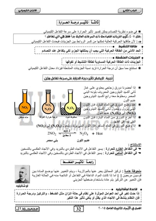 الاتسا انك بًٍٍئ ثالجــاً : تأث ـٔـس دزجــ الحــساز : 
ملحوظة هامـة : ترك زٌ المحال لٌ عٌبر عنها بالمولار ـٌة , و اٌتم التعب اٌر عنهاا بوضاع الماادة با نٌ 
قوس ـٌن مربع ـٌن ]فف[ أما إ ا كانت المواد الداخلة فا التفاعال أو الناتجاة مناه فا الحالاة الغاز اٌة 
فإن التعب رٌ عن الترك زٌ تٌم عادة باستخدام ضغطها الجز بٌ NO2 
32 
انجبة انثب المعنل في اللينياء للجاىوية العامة 2015 
ف ضوء نظر ةٌ التصادم مٌكن تفس رٌ تأث رٌ الحرارة على سرعة التفاعل الك مٌ اٌب  
4( تلو الجصيئات المتصادمة ذات الطسعات العالية جداً فقط يٍ التي تتفاعل ؟ - )علل 7 
جـ : لأن طاقتها الحرك ةٌ العال ةٌ تمكنها من كسر الروابط ب نٌ الجز بٌات ف حٌدث التفاعل الك مٌ اٌب نستنتج مما سبق أن درجة الحرارة تز دٌ نسبة الجز بٌات المنشطة ف زٌداد معدل التفاعل الك مٌ اٌب  
إ ا أحضرنا دورق زجاج حٌتوي علاى غااز  
ثان أكس دٌ الن تٌروج نٌ المعاروف بلوناه البنا المحمر ومخلوط معه رابع أكسا دٌ الن تٌاروج نٌ 
عد مٌ اللون 
عند وضع الدورق ف الماء الباارد فاإن اللاون  
البنا اٌزول و تٌحااول ثاان أكسا دٌ الن تٌااروج نٌ 
عد مٌ اللون. (N2O إلى ( 4 (NO2) 
إ ا ا خرج الدورق مان المااء الباارد فاإن اللاون  
البن بٌدأ ف الظهور. 
(N إ ا وضع الدورق ف الماء الساخن فإن اللون البن زٌ دٌ ٚٔرح لٕ  (NO 2 إن ( 2 O4) 
ت بريد 
2NO ت شخ ين 2 N2O4 + Heat 
عد مٌ اللون بن محمر 
الاستنتاج : 
ف التفاعل الطارد للحرارة : سٌ رٌ التفاعل ف الاتجاه الطردي بالتبر دٌ وف الاتجاه العكس بالتسخ نٌ  
ف التفاعل الماص للحرارة : سٌ رٌ التفاعل ف الاتجاه الطردي بالتسخ نٌ وف الاتجاه العكس بالتبر دٌ  
زابعــاً : تأث ـٔـس الضػـــط : 
N2O4 
N2O4 
NO2 
مخلوط مبرد درجة حرارة الغرفة ياءفساخٍ 
طبقخ انت شُ طٍ 
الحد الأدنى من الطاقة الحرك ةٌ الت جٌب أن مٌتلكها الجزئ لك تٌفاعل عند التصادم 
انجس ئٌبد ان شًُطخ 
الجز ئٌات ذات الطاقة الحرك ةٌ المساو ةٌ لطاقة التنش طٌ أو تفوقها 
قبعذح نىشبت هٍ هٍ 
إذا حدث تغ رٌ ف أحد العوامل المؤثرة على نظام ف حالة اترزان مثرل الضرغط والترك رٌز ودرجرة الحررارة 
فإن النظام نٌشط ف الاتجاه الذي قٌلل أو لٌغ تأث رٌ هذا التغ رٌ 
 