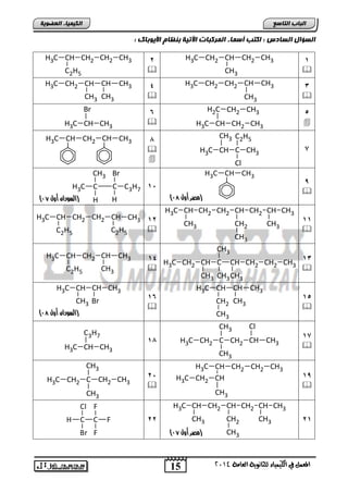 CH3 Cl 
) )مصر أول 97 
H3C CH CH3 
15 
انجبة انتبصع 
H2C 
CH3 
CH CH2 CH3 
CH2 
CH3 
CH CH2 CH3 
CH2 
المع في ايهي يُاء ي جًا وْية ايعا ةَ 4102 
انكي يًبء انعضىيخ 
) )السودان أول 96 
انضؤال انضبدس : اكتت أص بًء ان رًكجبد الآتيخ ثنظبو الأيىثبك : 
1 
 
H3C CH2 CH CH2 CH3 
CH3 
2 
 
H3C CH CH2 
C2H5 
CH2 CH3 
3 
 
H3C CH2 CH2 CH CH3 
CH3 
4 
 
H3C CH2 CH CH CH3 
CH3 CH3 
5 
CH  CH 2 CH3 
H3C 
CH2 CH3 
6 
Br 
CH  CH 3 
H3C 
CH C CH3 7 
H3C 
C2H5 
Cl 
1 
 
 
H3C CH CH2 CH CH3 
, 
 
H3C CH CH3 
Br 
CH3 
H3C C C C3H7 15 
H H 
11 
 
CH 
CH3 
CH CH2 CH2 
CH3 
H3C 
CH3 
12 
 
H3C CH CH2 CH2 CH CH3 
C2H5 C2H5 
13 
 
CH CH2 CH2 CH3 
CH3 
C 
CH3 
CH 
CH3 
H3C CH2 
14 
 
H3C CH CH2 
C2H5 
CH CH3 
CH3 
15 
 
CH CH3 
CH3 
H3C CH 
CH2 
CH3 
16 
 
H3C CH CH CH3 
CH3 Br 
17 
 
CH2 C CH2 
CH3 
11 
C3H7 
CH CH3 
H3C 
1, 
 
H3C CH CH2 CH2 CH3 
H3C CH2 CH 
CH3 
25 
 
CH3 
H3C CH2 C CH2 CH3 
CH3 
21 
CH 
CH3 
CH2 
CH3 
CH 
CH3 
H3C 
F 
C F 
Br 
C 22 
F 
Cl 
H 
) )مصر أول 96 
) )السودان أول 97 
 