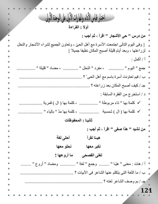 121 
أولا : القراءة 
من درس " حى الأشجار " اقرأ ، ثم أجب : 
} وفى اليوم التالى اجتمعت الأسرة مع أهل الحىّ ، وتعاون الجميع لشراء الأشجار والنخل 
لزراعتها ، وبعد أيام قليلة أصبح المكان نظيفا جميلا { 
أ / أكمل : 
جمع " اليوم " ............. ، مفرد " النخل " ............. ، مضاد " قليلة " ................ 
ب / فيم تعاونت أسرة باسم مع أهل الحى ؟ ...................................................... 
جـ / كيف أصبح المكان بعد زراعته ؟ .............................................................. 
د / استخرج من الفقرة السابقة : 
كلمة بها " تاء مربوطة " ................ ، كلمة بها ) ال ( قمرية ....................  
كلمة بها ) ال ( شمسية ................. ، كلمة بها مدّ " بالياء " .....................  
ثانيـًا : المحفوظات 
من نشيد " هذا صفى " اقرأ ، ثم أجب : 
هيــّا نقرأ أحلى لغة 
نكبر معها نحلو معها 
لغتى الفصحى ما أروعها ! 
أ / هات : معنى " هيّـا " ......... وجمع " لغة " ............. ومضاد " أروع " ......... 
ب / ما اللغة التى يتكلم عنها الشاعر فى الأبيات ؟ .............................................. 
جـ / بم وصف الشاعر لغته ؟ ................................................................... 
 