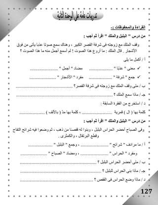 القراءة والمحفوظات :- 
من درس " البلبل والملك " اقرأ ثم أجب : 
127 
وقف الملك مع زوجته فى شرفة القصر الكبير ، وهناك سمع صوتا عذبا يأتى من فوق 
الأشجار . قال الملك : ما أروع هذا الصوت ! لم أسمع أجمل منه ما هذا الصوت ؟ 
أ / أكمل ما يلى 
معنى " عذبًا " .................... مضاد " أجمل " ........................  
جمع " شرفة " .................... مفرد " الأشجار " .......................  
ب / متى وقف الملك مع زوجته فى شرفة القصر؟ ................................................. 
جـ / ماذا سمع الملك ؟ ................................................................................... 
د / استخرج من الفقرة السابقة : 
كلمة بها ) ال ( قمرية .......................... ، كلمة بها مدّ ) بالألف ( ...................... 
من درس " البلبل والملك " اقرأ ثم أجب : 
وفى الصباح أحضر الحراس البلبل ، وبنوا له قفصـًا من ذهب ، ثم وضعوا فيه شرائح التفاح 
وقطع البرتقال ، والكمثرى . 
أ / ما مرادف " شرائح " ........................ ، وجمع " البلبل " ..................... 
ومفرد " الحراس " ........................ ، ومضاد " الصباح " ....................... 
ب / متى أحضر الحراس البلبل ؟ .................................................................. 
جـ / ماذا بنى الحراس للبلبل ؟ ...................................................................... 
د / ماذا وضع الحراس فى القفص ؟ ............................................................... 
 