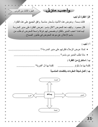اقرأ الفقرة ثم أجب 
قالت بسمة : ونعرض هذه الأشياء بأسعار مناسبة. وافق الجميع على هذه الفكرة . 
قال محمود : وكيف نعد للمعرض ؟ قال باسم : نعرض الفكرة على مدير المدرسة 
ليساعدنا اعجب المدير بالفكرة وخصص لهم غرفة واسعة للمعرض ثم طلب من 
قالت بسمة : وماذا نفعل لتنفيذ الفكرة ؟ قال باسم : نجمع الأشياء التى يحتاج إليها 
أ / أجب : 
باسم الإعلان عن موعد المعرض فى طابور الصباح . 
الزملاء ثم نضعها فى معرض للمدرسة 
لماذا عرض الزملاء فكرتهم على مدير المدرسة ؟ ............................................  
ماذا طلب المدير من باسم ؟ ................................................................  
ب / استخرج من الفقرة : 
كلمة بها مدّ بالواو ...................... كلمة بها ال "قمرية" ......................... 
جـ / أكمل شبكة المفردات بالكلمات المناسبة 
31 
النوع 
يساعد 
المعنى 
المضاد 
الجملة 
الجزء الثالث من الدرس 
 