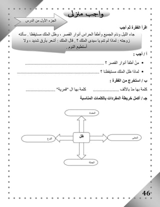 اقرأ الفقرة ثم أجب 
جاء الليل ونام الجميع وأطفأ الحراس أنوار القصر ، وظل الملك مستيقظا . سألته 
أ / أجب : 
زوجته : لماذا لم تنم يا سيدى الملك ؟ . قال الملك : أشعر بأرق شديد ، ولا 
م ن أطفأ أنوار القصر ؟ ...................................................................  
لماذا ظل الملك مستيقظـًا ؟ ......................................................................  
ب / استخرج من الفقرة : 
كلمة بها مدّ بالألف ...................... كلمة بها ال "قمرية" ......................... 
جـ / أكمل خريطة المفردات بالكلمات المناسبة 
46 
النوع 
المضاد 
المعنى ظل 
الجملة 
أستطيع النوم . 
الجزء الأول من الدرس 
 