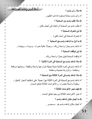 ماذا رأى باسم ؟  
رأى باسم سحابة صغيرة تداعب الطيور .  
ماذا طلب باسم من السحابة ؟  
طلب باسم من السحابة أن تاخذه إلى أجمل مكان .  
أين تتحرك السحابة ؟  
تتحرك السحابة فى أنحاء كثيرة .  
ما أول ما شاهده باسم مع السحابة ؟  
شاهد باسم بحارًا واسعة زرقاء ، وجبالا عالية حمراء ، وسوداء ، وبيضاء .  
أين توقفت السحابة ؟  
توقفت السحابة فوق بحارًا واسعة زرقاء .  
ماذا شاهد باسم مع السحابة فى المرة الثانية ؟  
شاهد باسم فى المرة الثانية مدينة جميلة شوارعها واسعة ونظيفة ، ومبانيها مرتفعة  
51 
ومنظمة ، وأنوارها مضيئة وساطعة . 
ماذا شاهد باسم فى المرة الثالثة مع السحابة ؟  
شاهد باسم مع السحابة فى المرة الثالثة نهرًا جميلا على شاطئيه أشجار النخيل ،  
وحقولا واسعة خضراء ، والأهرامات الثلاثة تعانق السماء. 
كيف تبدو الأهرامات الثلاثة ؟  
تبدو الأهرامات الثلاثة من بعيد تعانق السماء .  
ما أجمل مكان شاهده باسم ؟  
أجمل مكان شاهده باسم هو : مـــصــر .  
 