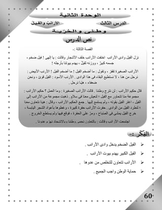 الفيل الضخم يدخل وادى الأرانب .  
الفيل الكبير يهدم بيوت الأرانب .  
الأرانب تتعاون للتخلص من عدوها .  
حماية الوطن واجب الجميع .  
60 
القصة الثالثة :- 
نزل الفيل وادى الأرانب اختفت الأرانب خلف الأشجار وقالت : يا إلهى ! فيل ضخم ، 
جسمه كبيرٌ ، ووزنه ثقيلٌ ، يهدم بيوتنا بأرجله ! 
الأرانب الصغيرة تقفز ، وتقول : ما أضخم الفيل ! ما أضخم الفيل ! الأرنب الأبيض : 
نرحل من هنا ، لا نستطيع البقاء فى هذا الوادى . الأرنب الأسود : الفيل قوىّ ، ونحن 
ضعفاء ، هيّـا نرحل . 
قال حكيم الأرانب : لن نترج وطننا . قالت الأرانب الصغيرة : وما العمل ؟ حكيم الأرانب : 
مجموعة منا تتحاور مع الفيل ؛ لنعيش معـًا فى سلامٍ . ذهبت مجموعة من الأرانب إلى 
الفيل ، اغتر الفيل بقوته ، ولم يستمع إليها . جمع الحكيم الأرانب ، وقال : هيـّا نتعاون معـًا 
؛ لنطرد الفيل من الوادى . حفرت الأرانب حفرة كبيرة ، وغطوها بأعواد الشجر اليابسة ، 
خرج الفيل يمشى فى الصّباح ، ومرّ على الحفرة ، فوقع فيها ولم يستطع الخروج . 
اجتمعت الأرانب وقالت : بالتعاون نحمى وطننا وبالاتـّـحاد نهزم عدونا . 
 